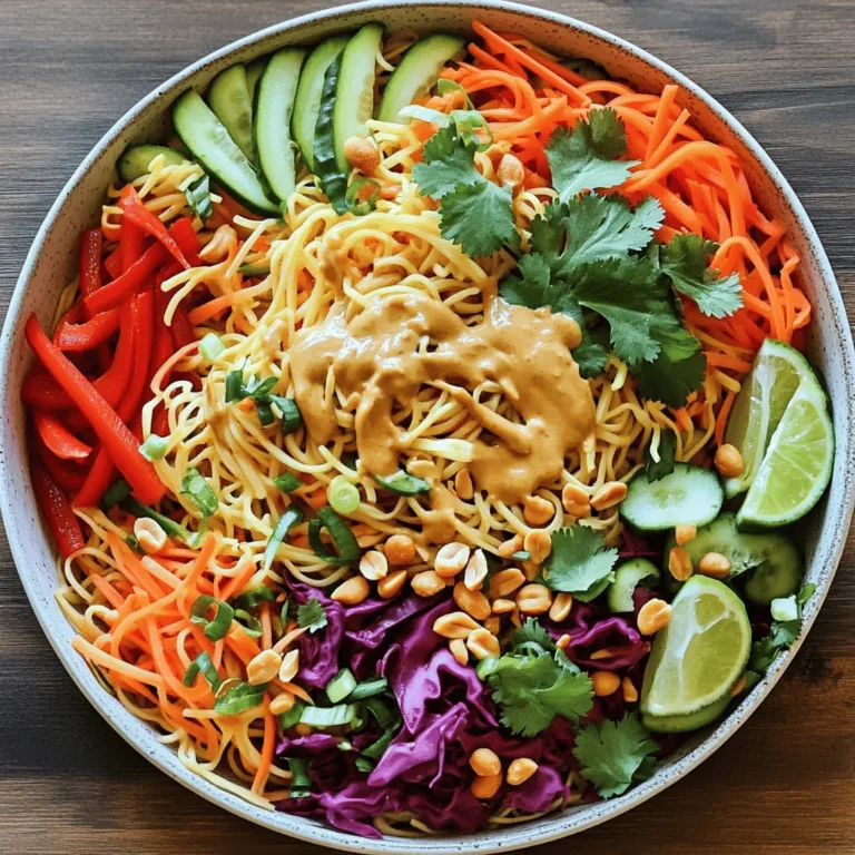 - 8 oz rice noodles - 1 red bell pepper, thinly sliced - 1 cup shredded carrots - 1 cup cucumber, julienned - 1 cup red cabbage, shredded - 1/2 cup fresh cilantro, chopped - 1/4 cup green onions, sliced - 1/2 cup roasted peanuts, roughly chopped In this salad, rice noodles serve as the base. They soak up the flavors well. Fresh veggies add crunch and color. Red bell pepper gives sweetness. Carrots add a nice pop of orange. Cucumber refreshes every bite. Red cabbage brings a lovely crunch. Fresh herbs like cilantro brighten the dish. Green onions add a mild onion flavor. Roasted peanuts give a delicious crunch and nuttiness. - 1/4 cup peanut butter (creamy) - 2 tablespoons soy sauce - 1 tablespoon sesame oil - 1 tablespoon honey or maple syrup - 2 tablespoons lime juice - 1 teaspoon sriracha (adjust for heat preference) - 1-2 tablespoons warm water (to thin dressing as needed) The dressing makes the salad shine. Peanut butter is rich and creamy. Soy sauce adds a savory touch. Sesame oil brings a nutty flavor. Honey or maple syrup balances the salt. Lime juice adds tang. Sriracha gives a kick; adjust it for heat. Warm water helps reach the perfect texture. You can find the full recipe with measurements and instructions. To start, you will need to cook the rice noodles. Follow the package instructions closely. Usually, you boil water and add the noodles. Cook them until they are soft but still firm. Then, drain the noodles. Next, rinse the noodles under cold water. This step is key. Rinsing helps to prevent the noodles from sticking together. Once rinsed, set them aside while you prepare the dressing and salad. For the dressing, gather these ingredients: - 1/4 cup peanut butter (creamy) - 2 tablespoons soy sauce - 1 tablespoon sesame oil - 1 tablespoon honey or maple syrup - 2 tablespoons lime juice - 1 teaspoon sriracha (adjust for heat preference) - 1-2 tablespoons warm water (to thin dressing as needed) In a mixing bowl, whisk together the peanut butter, soy sauce, sesame oil, honey or maple syrup, lime juice, and sriracha. You can use a fork or a small whisk. If the dressing is too thick, add warm water one tablespoon at a time. Mix well until you reach your desired consistency. You want it smooth but not too runny. Now, it’s time to bring it all together! In a large serving bowl, combine the cooked noodles and chopped vegetables: - 1 red bell pepper, thinly sliced - 1 cup shredded carrots - 1 cup cucumber, julienned - 1 cup red cabbage, shredded - 1/2 cup fresh cilantro, chopped - 1/4 cup green onions, sliced Gently mix all the ingredients. This step ensures that every bite has a bit of everything. Next, pour the peanut dressing over the noodles and vegetables. Toss the salad gently. You want to make sure everything gets a nice coating of that delicious dressing. For a final touch, you can top the salad with chopped roasted peanuts. This adds an extra crunch, making it even more enjoyable. If needed, adjust the seasoning with more soy sauce or lime juice. Now you are ready to enjoy your fresh and flavorful Thai peanut noodle salad! To get the most authentic taste, choose high-quality peanut butter. Look for the kind that contains only peanuts and salt. This gives a rich and natural flavor. Next, balance your dressing. Use fresh lime juice for brightness and sriracha for a kick. Adjust these to match your taste. A little tartness and spice make all the difference. Prep your vegetables in advance. Slice your bell peppers, shred your carrots, and julienne your cucumber. You can store these in the fridge until you’re ready to use them. Also, store your noodles separately. This keeps them from clumping together. Rinse them under cold water after cooking. This helps keep them light and fluffy. For a great presentation, serve the salad in a large bowl or platter. Garnish with extra cilantro and peanuts on top. This adds color and texture. You can also add lime wedges on the side. They look nice and give a fresh burst of flavor. For those who love crunch, try adding crispy shallots or sesame seeds as a garnish. Enjoy this fresh and colorful dish! {{image_2}} You can easily boost the protein in your Thai Peanut Noodle Salad. Grilled chicken, shrimp, or tofu add great flavor and texture. If you want a vegetarian option, tofu works well. You can pan-fry it for a crispy edge. For an easy method, use pre-cooked shrimp. Just toss them in with the other ingredients. Feel free to mix in other vegetables too. Snap peas, carrots, or bell peppers add crunch and color. You can also use seasonal veggies like zucchini or radishes. This keeps the salad fresh and exciting. Look for what’s in season at your local market. Each season brings new flavors to explore. If you want a lower-calorie dressing, try using less peanut butter. You can mix in more lime juice or vinegar for tang. For a vegan version, swap honey with maple syrup or agave nectar. These options still keep it sweet while making it plant-based. Adjust the sriracha to make it milder or spicier based on your taste. For the full recipe, check out the detailed steps earlier in the article. Your Thai peanut noodle salad can stay fresh in the fridge for about three to five days. To keep it tasty, store it in an airtight container. This helps lock in flavors and prevents it from drying out. If you add the dressing right away, it may get soggy. Instead, keep the dressing separate until you’re ready to eat. Freezing this salad is not ideal, but you can do it. However, some ingredients won't hold up well. If you choose to freeze it, make sure to use a freezer-safe container. This will help avoid freezer burn. When you want to eat it, thaw it in the fridge overnight. Avoid refreezing after thawing, as it can change the texture. Enjoy it fresh for the best flavor! To make this salad vegan, swap a few key ingredients. Use maple syrup instead of honey. This keeps the sweetness but makes it plant-based. You can also replace the soy sauce with tamari for a gluten-free option. If you want a creamier dressing, you can use almond or cashew butter instead of peanut butter. Lastly, check your rice noodles. Some brands are vegan, while others may have egg. Look for 100% rice noodles. Yes, you can make the salad ahead of time. Prepare it up to a day in advance. Store the salad and dressing separately. This keeps the noodles and veggies crisp. When you are ready to eat, mix them together. If you want to store it longer, keep the salad in the fridge for up to three days. It may lose some crunch but will still taste great. You can serve this salad with many side dishes. Grilled chicken or shrimp pairs well for added protein. You can also enjoy it with spring rolls for a light meal. For a fresh touch, serve with lime wedges. These add brightness to the flavors. Another great option is a light soup, like miso or vegetable broth. These sides will round out your meal perfectly. Enjoy your culinary adventure with this Thai Peanut Noodle Salad! Thai peanut noodle salad is fresh, flavorful, and easy to make. We covered key ingredients, the dressing, and step-by-step instructions. You learned how to add proteins and other vegetables for variety. Remember to store it correctly to keep it fresh. This salad is versatile, quick, and perfect for busy days. Enjoy making it your own, and share it with friends and family. With these tips, you’ll create a dish everyone will love. Now, get cooking and relish each bite!