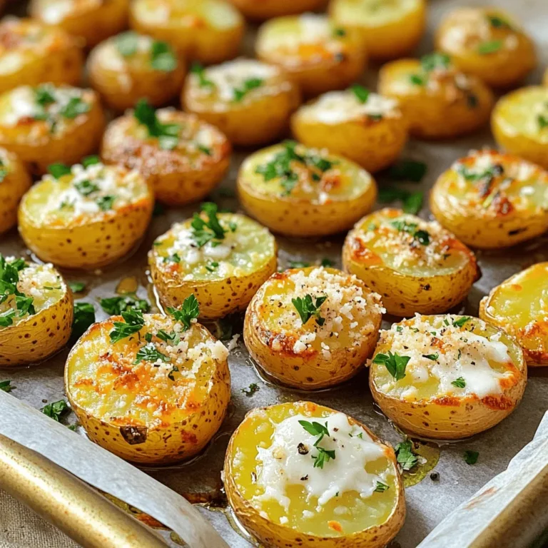 To make the best Garlic Parmesan Roasted Potatoes, you need fresh ingredients. Start with 2 pounds of baby potatoes. These small potatoes cook evenly and taste great. Use 4 cloves of garlic, minced finely to bring out the flavor. Fresh herbs like thyme and rosemary add depth, so grab 1 teaspoon of each. You will also need some pantry staples. Use 1/4 cup of olive oil for roasting. This oil helps the potatoes crisp up nicely. You will need salt and pepper to taste. A teaspoon of paprika adds a bit of color and flavor to the dish. Garnishing makes the dish look nice. You can add fresh parsley, chopped, for a pop of color. If you want more flavor, consider adding a squeeze of lemon juice or a dash of chili flakes. These are optional but can make a big difference. For the full recipe, check the earlier mention. Start by washing the baby potatoes. Cut them in half. This gives them a nice shape. Place the halved potatoes in a large bowl. Add 1/4 cup of olive oil. Next, add 4 cloves of minced garlic. Don't skip the garlic; it adds great flavor! Toss in 1 teaspoon each of dried thyme and dried rosemary. For some warmth, include 1 teaspoon of paprika. Season with salt and pepper to taste. Mix everything well until the potatoes are fully coated. Preheat your oven to 425°F (220°C). While the oven heats up, line a baking sheet with parchment paper. This makes cleanup easy. Spread the seasoned potatoes on the baking sheet in a single layer. Make sure they aren’t crowded; this helps them roast nicely. Roast the potatoes for 25 minutes. Halfway through, give them a turn. This helps them cook evenly and get crispy. After 25 minutes, take the baking sheet out of the oven. Now, sprinkle 1/2 cup of grated Parmesan cheese over the potatoes. The cheese will melt and add a lovely crust. Return the baking sheet to the oven for another 10-15 minutes. Keep an eye on them! They should turn golden brown and crispy. Once done, let them cool for a few minutes. Finally, garnish with fresh chopped parsley before serving. Try this Full Recipe for a delightful dish! To get your potatoes crispy, start with dry potatoes. After washing, pat them dry with a towel. A hot oven helps, so preheat it to 425°F (220°C). Spread the potatoes in a single layer on your baking sheet. This allows the heat to circulate around each potato piece. Flip them halfway through roasting for even browning. Adding the Parmesan near the end gives it time to melt without burning. Use high-quality extra virgin olive oil for the best taste. It adds a rich flavor and enhances the roasted flavor of the potatoes. Light olive oils work too, but they lack the robust taste. If you want a twist, try flavored olive oils, like garlic or herb-infused. These can elevate your dish and add extra depth. For the best garlic flavor, use fresh cloves. Minced garlic releases oils that infuse the potatoes beautifully. You can roast the garlic with the potatoes for a milder taste. When it comes to Parmesan, always choose block cheese and grate it yourself. Pre-grated cheese often lacks flavor and can be drier. Add the cheese in the last 10-15 minutes of cooking for a perfect crust. Check out the Full Recipe for detailed instructions and enjoy making these tasty Garlic Parmesan Roasted Potatoes! {{image_2}} You can change the flavor with different seasonings. Try adding Italian seasoning for a taste twist. You can also use chili powder for heat. A touch of lemon zest adds bright flavor too. For a smoky kick, consider smoked paprika. Experimenting with spices brings new life to the dish. If you want to save time, use an air fryer. Set it to 400°F and cook for about 20 minutes. Shake the basket halfway for even cooking. The Instant Pot is great for quick meals too. Cook the potatoes on high for 8 minutes with a cup of water. After, crisp them in a hot oven for a few minutes. Adding crispy bacon gives a savory crunch. Just chop fresh bacon and mix it in before roasting. Fresh herbs like rosemary or thyme boost the flavor. Toss them in right before serving for a fresh taste. You can even add cheese varieties like cheddar for a different twist. Each of these enhancements makes your Garlic Parmesan Roasted Potatoes special. Check the [Full Recipe] for the base you can adapt! After you enjoy your Garlic Parmesan Roasted Potatoes, store any leftovers in an airtight container. Keep them in the fridge. They stay fresh for up to three days. Let the potatoes cool before sealing the container. This helps prevent moisture buildup, which can make them soggy. To reheat, use your oven for the best taste. Preheat your oven to 350°F (175°C). Spread the potatoes on a baking sheet. Bake for about 10-15 minutes. This method keeps them crispy. You can also use a microwave, but the potatoes may become soft. If you choose the microwave, heat in short bursts for about 1-2 minutes. You can freeze these potatoes, but they may lose some crunch. To freeze, let the potatoes cool completely. Place them in a single layer on a baking sheet and freeze for 1-2 hours. Once frozen, transfer them to a freezer bag. They can stay in the freezer for up to three months. When ready to eat, thaw in the fridge overnight before reheating. For the best taste, refer to the Full Recipe for cooking instructions. Yes, you can use many types of potatoes. Red potatoes, Yukon Gold, or fingerlings work well. Each type gives a unique taste and texture. Choose what you like best. Just ensure they are cut into even pieces for even cooking. To make this recipe dairy-free, skip the Parmesan cheese. You can replace it with nutritional yeast for a cheesy flavor. Alternatively, use a dairy-free cheese option. Both swaps keep the dish tasty without dairy. These roasted potatoes pair well with many dishes. Serve them with grilled chicken or fish for a complete meal. They also work great with salads or roasted veggies. You can even serve them alongside your favorite dipping sauce for a fun twist. For the full recipe, check out the details above! You learned about making Garlic Parmesan Roasted Potatoes in this guide. We covered key ingredients, step-by-step instructions, and helpful tips for crispiness. You discovered tasty variations and how to store leftovers. In closing, this dish is easy to enjoy with family and friends. Now, you can create a delicious side anytime. Happy cooking!