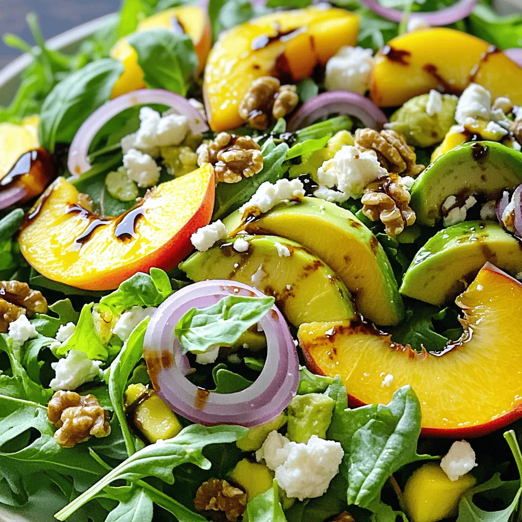 To make a tasty Peach Avocado Salad, you will need the following: - 2 ripe peaches, sliced - 2 ripe avocados, diced - 1 cup arugula or mixed salad greens - 1/4 cup red onion, thinly sliced - 1/4 cup crumbled feta cheese - 1/4 cup walnuts or pecans, toasted - 2 tablespoons balsamic glaze - 1 tablespoon olive oil - Salt and pepper to taste - Fresh basil leaves for garnish These ingredients create a vibrant salad full of flavor and nutrition. If you can't find peaches, try using nectarines or plums. They bring a similar sweetness. For avocados, you can replace them with ripe mango or even cucumber for a fresh crunch. If feta isn't your style, try goat cheese or a dairy-free cheese. These swaps still keep your salad fresh and tasty. The best time to find ripe peaches is during summer. Look for them from June to September. Avocados are usually perfect in spring and summer. Buy them when they feel slightly soft to the touch. Fresh ingredients make a big difference in flavor. Shop at local markets for the best taste! 1. First, gather all your ingredients. You need ripe peaches, avocados, arugula, and red onion. 2. Slice the peaches into thin wedges. Make sure they are sweet and juicy. 3. Dice the avocados into bite-sized cubes. Use ripe ones for the best flavor. 4. In a large bowl, add the sliced peaches and diced avocados. 5. Toss in the arugula or mixed greens. Add the thinly sliced red onion next. 6. Gently fold in crumbled feta cheese. It adds a nice salty flavor. 7. Lastly, sprinkle in toasted walnuts or pecans for extra crunch. 1. In a small bowl, measure out the balsamic glaze and olive oil. 2. Whisk them together until they blend well. This creates a smooth dressing. 3. Taste it, and feel free to adjust with more glaze or oil. 1. Transfer the salad mix to a clean serving platter. 2. Drizzle the dressing evenly over the salad. Toss gently to coat all the ingredients. 3. Season with salt and pepper to enhance the flavors. 4. For a beautiful touch, garnish with fresh basil leaves. This adds a nice aroma. 5. Serve right away to keep the salad fresh and crisp. Enjoy this Peach Avocado Delight Salad! Find the [Full Recipe](#). To make your Peach Avocado Salad burst with flavor, try adding a squeeze of fresh lemon juice. The citrus adds brightness and cuts through the creaminess of the avocado. Fresh herbs, like mint or cilantro, can also elevate your salad. They add a nice twist and make each bite exciting. A pinch of chili flakes can bring a hint of heat. This balance of flavors makes your salad unforgettable. Achieving the perfect crunch is key. Use fresh arugula or mixed greens for a crisp base. The combination of soft peaches and creamy avocados pairs well with crunchy nuts. Toasted walnuts or pecans add a delightful crunch. Ensure your peaches are firm, not too ripe, to maintain texture. If you like a bit more crunch, consider adding cucumber slices or radishes. Preparation can be quick and easy. Slice peaches and avocados just before serving to keep them fresh. Pre-chop your onions and nuts in advance. Store them in airtight containers in the fridge. You can also buy pre-washed salad greens to save time. For the dressing, whisk together balsamic glaze and olive oil ahead of time. This way, you can enjoy your salad in just ten minutes. For the full recipe, check out the detailed instructions. {{image_2}} You can make your Peach Avocado Salad even better. Try adding other fruits. Berries like strawberries or blueberries add sweetness. You can also add diced cucumber for crunch. Shredded carrots bring color and extra vitamins. These additions boost nutrition and flavor. This salad fits many diets. For vegan options, skip the feta cheese. Use dairy-free cheese or leave it out. For gluten-free diets, confirm your dressing is gluten-free. Low-carb eaters can skip the nuts or use fewer fruits. This way, you can enjoy the salad without worry. While balsamic glaze is great, you can switch it up. A simple lemon vinaigrette brightens the flavors. Try adding honey to the dressing for sweetness. You could also use a spicy dressing for a kick. These options keep the salad fresh and exciting. To keep leftover Peach Avocado Salad fresh, store it in an airtight container. Place the salad in the fridge right away. This helps keep the flavors intact. Avoid pressing down on the salad. This can bruise the avocado and peaches. The salad will stay fresh for about one day in the fridge. After that, the avocado may brown and the flavors change. For the best taste, eat it quickly. If you store the dressing separately, it can last about a week. You can prepare parts of the salad in advance. Slice the peaches and avocados just before serving. This keeps them bright and fresh. You can wash and dry the greens ahead of time. Keep them in a sealed bag or container. Mix the dressing in a small jar, and store it in the fridge. This way, you can enjoy a fresh salad anytime. For the full recipe, check out the Peach Avocado Delight Salad. Yes, you can make this salad ahead of time. However, keep in mind that avocados brown quickly. To prevent this, store the salad in an airtight container. You can also add lemon juice to the avocado to slow browning. If you want the best taste, add the dressing just before serving. This keeps the salad fresh and crisp. When selecting peaches, look for ones that feel soft but not mushy. The skin should have a nice color and a slight give when you press it gently. For avocados, choose ones that yield slightly to pressure. The skin should be dark, but not too dark. Avoid any with large indentations or bruises. Picking ripe fruits ensures your salad tastes amazing. You can add several proteins to make this salad a full meal. Grilled chicken or shrimp works well and adds great flavor. You can also use chickpeas for a plant-based option. For a twist, try adding bacon or even salmon. These proteins pair nicely with the sweet peaches and creamy avocados in the salad. Peach Avocado Salad combines fresh flavors and textures. You learned about the key ingredients and their substitutes. Seasonal tips help you find the best peaches and avocados. Step-by-step instructions guide you through preparation and plating. Tips enhance flavor and save time. Variations allow you to customize for dietary needs. Finally, storage tips ensure your salad stays fresh. Enjoy making this delicious dish that pleases everyone!