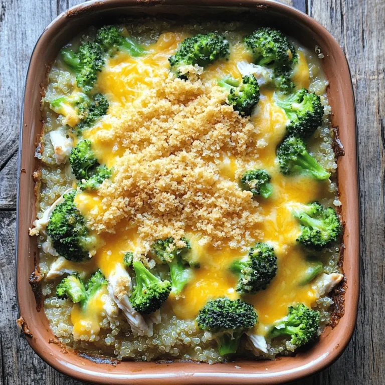 To make Easy Chicken and Broccoli Bake, you need some simple ingredients. Here is the detailed list: - 2 cups cooked chicken, shredded - 2 cups broccoli florets (fresh or frozen) - 1 cup cooked quinoa (or rice) - 1 cup shredded cheddar cheese - 1/2 cup cream cheese, softened - 1/2 cup sour cream - 1/4 cup chicken broth - 1 teaspoon garlic powder - 1 teaspoon onion powder - Salt and pepper to taste - 1/2 cup breadcrumbs (optional, for topping) - 2 tablespoons olive oil Each ingredient has a role in making the dish tasty. The chicken provides protein, while broccoli adds vitamins. Quinoa or rice gives the bake a hearty base. The cheese and cream ingredients create a creamy texture that makes this dish special. Seasonings like garlic and onion powder add flavor. Finally, breadcrumbs can give a nice crunch on top. All these ingredients work together to create a delightful meal. For the full recipe, check out the [Full Recipe]. Preheating the Oven First, you need to preheat your oven to 375°F (190°C). This step helps cook the dish evenly. While the oven heats, you can focus on the next steps. Mixing the Ingredients In a large bowl, mix the cooked chicken, broccoli florets, and quinoa. Add half of the cheddar cheese, cream cheese, sour cream, and chicken broth. Then, sprinkle in garlic powder, onion powder, salt, and pepper. Stir until everything is well combined. This mix creates a creamy and tasty base for your bake. Preparing the Baking Dish Next, grab a 9x13 inch baking dish and grease it lightly with olive oil. This helps prevent sticking and makes serving easier. Spoon the chicken and broccoli mixture into the dish, spreading it out evenly. Covering and Baking Now, cover the baking dish with aluminum foil. Place it in your preheated oven for 20 minutes. This helps the flavors meld together and keeps the dish moist. Crisping the Top After 20 minutes, remove the foil. Sprinkle the remaining cheddar cheese on top. If you want a crunchy finish, add breadcrumbs. Drizzle a little olive oil over the top to help it brown. Bake uncovered for another 10 to 15 minutes until the top is golden and bubbly. You can now enjoy a delicious Easy Chicken and Broccoli Bake. Check out the Full Recipe for more details! Choosing the Right Chicken For this dish, I prefer using cooked chicken. You can use rotisserie chicken for ease. It adds flavor and makes prep quick. Shredded chicken blends well with the sauce and other ingredients. You can also use grilled chicken for a smoky taste. Just ensure it’s cooked through and tender. Variations for Creaminess If you want a creamier texture, add more cream cheese or sour cream. You can also mix in some plain Greek yogurt. This adds a tangy flavor while keeping it rich. Consider using a mix of cheeses like mozzarella or gouda. Each will bring its own unique taste to your bake. Pairing Ideas with Sides This Easy Chicken and Broccoli Bake goes well with simple sides. Consider serving it with a fresh salad or crusty bread. You can also pair it with steamed veggies for extra nutrients. Rice or quinoa on the side adds more fiber and fills you up. Presentation Tips For a beautiful presentation, sprinkle some fresh herbs on top before serving. Chopped parsley or chives work great. Use a nice baking dish to showcase your meal. A colorful dish makes it inviting and appetizing. Remember, we eat with our eyes first! For the full recipe, check out the details above. {{image_2}} Substituting Chicken You can easily swap chicken for other meats. Turkey works well in this bake. It gives a nice flavor and is lean. You might also try cooked pork or beef. Just remember to adjust cooking times slightly. Each protein brings its own taste and texture to the dish. Vegetarian Alternatives If you want a meatless option, go for beans or tofu. Chickpeas are a great choice, adding protein and fiber. For a heartier dish, use lentils. They soak up flavors well. You can also add extra veggies like mushrooms or bell peppers. This keeps the bake satisfying and full of nutrients. Adding Herbs and Spices Herbs and spices can elevate your bake. Try adding thyme, basil, or oregano for fresh flavors. A pinch of red pepper flakes gives a nice kick. Experiment with paprika for a smoky taste. Just sprinkle to your liking; you can always add more. Different Cheese Combinations Cheese is key in this dish. While cheddar is classic, consider mixing it up. Gruyère offers a nutty flavor that melts beautifully. Mozzarella gives a stretchy, gooey texture. You can even blend different cheeses for depth. Just remember to keep the total cheese amount balanced to maintain the bake's creaminess. Explore these variations to find what your family loves best! For the complete recipe, check out the Full Recipe section. How do you store leftovers? After enjoying your Easy Chicken and Broccoli Bake, let it cool. Transfer any leftovers to an airtight container. You can keep it in the fridge for up to three days. When you're ready to eat, just reheat in the oven or microwave until warm. What are the best practices for freezing and reheating? If you want to save some for later, freezing is a great option. Allow the dish to cool completely before packing it. Use a freezer-safe container or wrap it tightly in plastic wrap. You can freeze it for up to three months. To reheat, let it thaw overnight in the fridge. Then, bake it in the oven at 350°F (175°C) until hot and bubbly. Enjoy your delicious meal again! Can I use frozen broccoli? Yes, you can use frozen broccoli. It saves time and cooks well. Just thaw the broccoli before mixing it in. This helps it blend nicely with the other ingredients. Can I prepare it in advance? Absolutely! You can make it ahead of time. Just mix all the ingredients and place them in the baking dish. Cover it and keep it in the fridge. Bake it when you are ready to eat. What to serve with Easy Chicken and Broccoli Bake? This dish pairs well with a fresh salad or garlic bread. You can also serve it with rice if you want more carbs. They add a nice contrast to the creamy bake. Can I skip the breadcrumbs? Yes, you can skip the breadcrumbs. The dish will still taste great without them. If you want some crunch, try crushed crackers or nuts instead. They can add a nice texture. For the complete recipe, check the [Full Recipe]. This dish combines simple ingredients like chicken, broccoli, and rice for a tasty meal. I shared step-by-step instructions to help you bake it perfectly. Use the tips to choose the best chicken and add your favorite flavors. Remember, you can store leftovers easily in the fridge or freezer. With these ideas, you can make this dish your own. Enjoy the process and make it a family favorite!