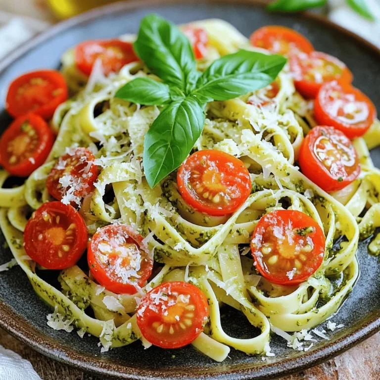 Here’s what you need to make creamy pesto pasta: - 8 oz (225 g) pasta (fettuccine or penne) - 1 cup basil pesto (store-bought or homemade) - 1 cup heavy cream - 1 cup cherry tomatoes, halved - ½ cup grated Parmesan cheese - 2 tablespoons olive oil - Salt and pepper to taste - Fresh basil leaves for garnish When measuring ingredients, use dry measuring cups for solids. For liquids, use a liquid measuring cup. Level off dry ingredients with a knife for accuracy. If a recipe calls for "1 cup," it means you fill the cup to the top, then level it off. This simple step ensures your dish turns out great every time. You can swap some ingredients if needed: - For pasta, use any shape you like, such as spaghetti or rotini. - Instead of heavy cream, you can try half-and-half or coconut milk for a lighter option. - If you don’t have cherry tomatoes, diced regular tomatoes work too. - For a dairy-free version, use nutritional yeast in place of Parmesan. These easy swaps let you customize the dish to your taste, making it even more enjoyable. For the full recipe, check out the detailed instructions linked above. First, grab a large pot and fill it with water. Add a good pinch of salt. Bring the water to a boil. Once boiling, toss in 8 oz of pasta. You can use fettuccine or penne. Cook it according to the package instructions. Aim for al dente texture. This means the pasta should be firm but not hard. After cooking, drain the pasta in a colander. Save about ½ cup of the pasta water for later. Next, take a large skillet and heat 2 tablespoons of olive oil over medium heat. Add in 1 cup of halved cherry tomatoes. Sauté them for about 3-4 minutes. You want them to blister and soften a bit. Now, lower the heat to medium-low. Pour in 1 cup of heavy cream. Then add 1 cup of basil pesto. Stir well until the mixture is combined. Heat it through but do not let it boil. After your sauce is ready, add in ½ cup of grated Parmesan cheese. Stir until it melts and the sauce is smooth. If the sauce feels too thick, mix in some reserved pasta water. Add the cooked pasta to the skillet. Gently toss it in the creamy pesto sauce. Make sure the pasta is evenly coated. Season with salt and pepper to taste. Now, your creamy pesto pasta is ready to serve! To make great pasta, start with a large pot. Use plenty of water and add salt. This helps flavor the pasta. Bring the water to a boil before adding the pasta. Stir occasionally to prevent sticking. Cook until al dente, which means firm to the bite. Remember to save some pasta water. It helps when mixing with the sauce. Using fresh basil makes a big difference. If you can, try making your own pesto. Blend fresh basil, garlic, pine nuts, Parmesan, and olive oil for a vibrant taste. When you mix the pesto with cream, do it slowly. This ensures a smooth blend. For an extra kick, add a pinch of red pepper flakes. It gives the dish a nice warmth. When serving creamy pesto pasta, presentation matters. Use a large bowl or individual plates. Top with fresh basil leaves for color. A sprinkle of extra Parmesan brings a nice touch. For a fun twist, add halved cherry tomatoes on top. They add sweetness and brightness to each bite. Enjoy your meal with a side of garlic bread or a fresh salad. {{image_2}} You can easily add protein to your creamy pesto pasta. Chicken and shrimp are great choices. For chicken, use grilled or sautéed pieces. Cook them until golden brown, then mix them in with the pasta. Shrimp cooks quickly and adds a nice touch. Sauté shrimp until they turn pink, then add them to the dish. You can also try cooked sausage or even tofu for a meat-free option. These protein additions make the meal hearty and satisfying. Adding vegetables boosts nutrition and flavor. Spinach is a perfect choice; it wilts nicely in the sauce. Broccoli florets also work well. Steam them slightly before adding to the pasta. For a burst of color, consider bell peppers, zucchini, or even peas. These veggies not only taste great but also give your dish more texture. You can mix in roasted veggies for a smoky flavor too. This way, you create a vibrant meal that is both tasty and healthy. You can adapt this creamy pesto pasta for different diets. For a vegan version, use plant-based cream and nutritional yeast instead of Parmesan. This keeps the creamy texture while removing dairy. For gluten-free pasta, choose options like rice or quinoa pasta. They cook similarly and work well with the sauce. Always check labels to ensure your ingredients fit your dietary needs. With these simple swaps, you can enjoy creamy pesto pasta without missing out on flavor. For the full recipe, check out the details above! To store your creamy pesto pasta, let it cool first. Place it in an airtight container. Make sure to seal it well to keep out air. You can store it in the fridge for up to 3 days. If you want to keep it longer, freezing is a great option. When you are ready to eat, reheating is easy. You can use the microwave or the stovetop. If using the microwave, place the pasta in a bowl. Add a splash of water to keep it moist. Heat in short bursts, stirring in between. If using the stovetop, add the pasta to a pan. Use low heat and stir often. Add a bit of cream or water if the sauce is too thick. Freezing creamy pesto pasta is simple. First, let it cool completely. Then, place it in a freezer-safe container. You can also use freezer bags. Remove as much air as possible before sealing. This helps prevent freezer burn. It can last in the freezer for about 2 months. To enjoy, thaw it overnight in the fridge before reheating. For quick meals, this makes creamy pesto pasta a go-to choice! Check out the Full Recipe for all the details. Yes, you can use store-bought pesto. It saves time and tastes great. Many brands offer quality pesto. Look for one with fresh ingredients like basil, olive oil, and nuts. If you want a richer flavor, try adding some extra cheese or nuts to the dish. Fettuccine and penne work best with creamy pesto. Fettuccine's flat shape holds the sauce well. Penne's tubes catch the sauce inside. Other options include rotini or spaghetti. Choose your favorite shape for a fun twist. To lighten the dish, use half-and-half instead of heavy cream. You can also add more veggies like spinach or zucchini. Reducing the cheese amount helps too. You still get great flavor without all the calories. For a fresh taste, add a squeeze of lemon juice. This post covered how to make creamy pesto pasta. We discussed key ingredients and measurements. I shared tips for perfect cooking and flavor. You learned about protein and vegetable options for variety. We covered storage methods and warm-up tips for leftovers. To sum it up, creamy pesto pasta is easy and fun. You can tweak it to fit your taste and needs. Enjoy cooking and experimenting with this delicious dish!