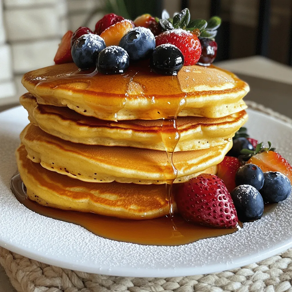 To make fluffy buttermilk pancakes, you need: - 1 cup all-purpose flour - 2 tablespoons granulated sugar - 1 teaspoon baking powder - 1/2 teaspoon baking soda - 1/4 teaspoon salt - 1 cup buttermilk (you can mix regular milk with vinegar to make this) - 1 large egg - 2 tablespoons unsalted butter, melted - 1 teaspoon vanilla extract These ingredients work together to create light, fluffy pancakes. Flour gives structure, while buttermilk makes them soft and tangy. Baking powder and baking soda help them rise, creating that airy texture we all love. Make sure your ingredients are fresh for the best results. Now, let’s talk toppings. You can elevate your pancakes with: - Fresh berries - Maple syrup - Whipped cream These toppings add sweetness and flavor. Fresh berries bring a burst of color and taste. Maple syrup adds that classic sweetness. Whipped cream gives a nice, creamy finish. You can mix and match these to find your favorite combination. For the full recipe, check out the instructions above and get ready to enjoy a delightful breakfast! Start by whisking the dry ingredients in a medium bowl. You need: - 1 cup all-purpose flour - 2 tablespoons granulated sugar - 1 teaspoon baking powder - 1/2 teaspoon baking soda - 1/4 teaspoon salt Mix these together until they are well combined. This helps to evenly distribute the baking powder and soda, which makes your pancakes fluffy. Next, take another bowl for the wet ingredients. Combine: - 1 cup buttermilk - 1 large egg - 2 tablespoons melted butter - 1 teaspoon vanilla extract Whisk these until smooth. The buttermilk adds a nice tang and helps the pancakes rise. Now, pour the wet mix into the dry mix. Gently stir until just combined. Don't worry about lumps; they are okay. If you over-mix, your pancakes might turn out tough. Heat a non-stick skillet over medium heat. Lightly grease it with butter or cooking spray. Pour about 1/4 cup of batter for each pancake. Cook until bubbles form on the surface, which takes about 2-3 minutes. Flip the pancakes and cook for another 1-2 minutes until golden brown. Repeat with the rest of the batter. Serve warm, and enjoy these fluffy delights! For the complete recipe, check out the Full Recipe section. To get fluffy buttermilk pancakes, the key is not to over-mix your batter. Over-mixing can make the pancakes tough. When you combine the wet and dry ingredients, stir gently. It's okay if the batter has some lumps. The lumps help keep the pancakes light and airy. If you stir too much, you lose the fluffiness. Temperature control is vital for even cooking. Preheat your skillet over medium heat. If it’s too hot, the pancakes will burn outside and stay raw inside. If it’s too cool, they will not rise well. To test the heat, sprinkle a few drops of water onto the skillet. If they sizzle and evaporate, it’s ready. Pour about 1/4 cup of batter for each pancake. Cook until bubbles appear on top. Then flip and cook until golden brown. Presentation can elevate your pancakes. Stack them high on a plate for a grand look. Drizzle warm maple syrup over the top. Add fresh berries for color and taste. A dusting of powdered sugar can make them look extra special. Serve warm for the best experience. Enjoy your beautiful and delicious pancakes! {{image_2}} You can use different milks for your pancakes. If you want a dairy-free option, almond milk or oat milk work well. To make homemade buttermilk, mix one cup of milk with one tablespoon of vinegar or lemon juice. Let it sit for five minutes. This simple trick gives you a great flavor. Want to jazz up your pancakes? You can add fun flavors. Blueberries are a classic choice. Just fold in a handful before cooking. Chocolate chips add a sweet twist that kids love. You can also mix in nuts for some crunch. Experiment and find your favorite combo! Serving pancakes is fun! You can drizzle them with maple syrup for a sweet touch. Fresh fruits like bananas or strawberries make a tasty addition. For a creamy finish, top with whipped cream. Try different toppings each time to keep breakfast exciting. Check out the Full Recipe for more ideas! To store leftover pancakes, let them cool first. Place them in a single layer on a plate. Use parchment paper between layers if stacking. Cover the plate with plastic wrap or foil. You can refrigerate them for up to three days. This keeps them fresh and tasty. For the best reheating, use a microwave or skillet. In the microwave, place pancakes on a plate. Heat them for 20 to 30 seconds. Check if they are warm enough. If not, heat in 10-second bursts. For a skillet, add a bit of butter. Heat over low until warm. This keeps them fluffy and soft. To freeze pancakes, stack them with parchment paper between each one. Place the stack in a freezer-safe bag or container. Squeeze out as much air as you can. Freeze pancakes for up to two months. When you’re ready, thaw them overnight in the fridge. You can then reheat them for a tasty breakfast anytime. For the full recipe, check out the Fluffy Buttermilk Pancakes section. Fluffy pancakes come from two key ingredients: buttermilk and leavening agents. Buttermilk adds moisture and acidity. This helps the pancakes rise. The baking powder and baking soda create bubbles as they heat. These bubbles form air pockets in the batter, making it light and airy. Yes, you can use whole wheat flour. However, the texture and taste will change. Whole wheat flour makes pancakes denser and nuttier. You might want to mix half all-purpose and half whole wheat for better results. This way, you maintain some fluffiness while adding nutrition. You can store leftover pancakes in the fridge for about three days. Make sure to place them in an airtight container. For longer storage, freeze them. Pancakes last up to two months in the freezer. Just separate them with parchment paper to prevent sticking. Fluffy buttermilk pancakes start with simple ingredients. You mix them, cook them, and enjoy them. Remember not to over-mix for that perfect texture. You can add your favorite toppings for extra flavor. Whether you choose fresh berries or maple syrup, each bite will be a treat. Store any extras for later by refrigerating or freezing. Enjoy your delicious pancakes for breakfast anytime! Feel confident in your pancake-making skills and delight in sharing them with others.