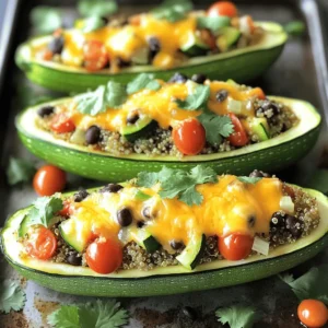 To create yummy baked zucchini boats, you need these simple ingredients. Each item adds flavor and texture to your dish. Here’s what you will need: - 4 medium zucchinis - 1 cup cooked quinoa - 1 cup cherry tomatoes, halved - 1 bell pepper, finely chopped (any color) - 1 small onion, diced - 1 cup black beans, rinsed and drained - 1 teaspoon garlic powder - 1 teaspoon cumin - 1 teaspoon smoked paprika - 1 cup shredded cheddar cheese - 2 tablespoons olive oil - Salt and pepper to taste - Fresh cilantro for garnish (optional) These ingredients come together to make a colorful and tasty meal. Zucchini is low in calories and packed with nutrients. Quinoa adds protein, making this dish filling. The black beans give fiber, while the cheese adds creaminess. You can find the full recipe online to guide you through the cooking process. Preheating the Oven Start by preheating your oven to 375°F (190°C). This step is key for even cooking. Preparing the Zucchini Shells Next, take your medium zucchinis and cut them in half lengthwise. Scoop out the seeds to create boat-like shells. Place these halves on a baking sheet lined with parchment paper. This makes for easy cleanup. Combining Ingredients In a large bowl, combine one cup of cooked quinoa, halved cherry tomatoes, finely chopped bell pepper, diced onion, and black beans. Add one teaspoon each of garlic powder, cumin, and smoked paprika. Season with salt and pepper to taste. Mix these well until all the ingredients are evenly combined. Packing the Filling into Zucchini Now, take your filling mixture and spoon it into each zucchini half. Press down gently to pack it in. This ensures every bite is full of flavor. Drizzling Olive Oil Drizzle two tablespoons of olive oil over the stuffed zucchinis. This adds moisture and helps with browning. Timing for Perfectly Cooked Zucchini Bake in the preheated oven for 25 to 30 minutes. Look for tender and slightly golden zucchinis. Remove them from the oven and sprinkle half of the shredded cheddar cheese on top of the filling. Return to bake for an additional five minutes until the cheese is melted and bubbly. These steps will give you tasty and beautiful baked zucchini boats. For the full recipe, check out the instructions above. For great flavor in your baked zucchini boats, use the right seasonings. I love garlic powder, cumin, and smoked paprika. These spices add warmth and depth. You can adjust them to your taste. Feel free to add more or less. When it comes to cheese, cheddar is a classic choice. It melts well and adds creaminess. You can also try mozzarella for a stretchy texture. Feta cheese gives a nice tangy kick. Mix and match your favorites! Your oven should be set at 375°F (190°C). This temperature cooks the zucchini evenly. To be sure your oven is accurate, use an oven thermometer. This tool helps avoid undercooked or burnt boats. To check if the zucchini is tender, poke it gently with a fork. If it goes in easily, it’s done. If not, give it a few extra minutes. A beautiful dish starts with good garnishing. Fresh cilantro adds color and flavor. You can also sprinkle some crushed red pepper for a spicy touch. When serving, place the boats on a nice platter. Add some extra cherry tomatoes around them for a pop of color. This simple touch makes your dish look more inviting. {{image_2}} Alternative Fillings You can change the filling to suit your taste. Try cooked rice or lentils instead of quinoa. For a meatier option, use ground turkey or beef. Mixed veggies like spinach, corn, or mushrooms add great flavor too. Different Cheese Options If you want a cheese swap, go for mozzarella or feta. These cheeses melt well and give a nice taste. You can also use vegan cheese for a dairy-free twist. Cream cheese adds creaminess, while goat cheese brings a tangy kick. Vegan and Gluten-Free Adaptations To make this recipe vegan, skip the cheese or use vegan cheese. Ensure your beans and grains are gluten-free. Most quinoa is gluten-free, making it a great base. Low-Carb Variants For a low-carb option, replace quinoa with cauliflower rice. This change keeps the dish light and healthy. You can also skip the beans if you want fewer carbs. Adding Heat with Spices If you like heat, add red pepper flakes or cayenne pepper. A little goes a long way to spice things up. You can also try chili powder for a deeper flavor. Incorporating Herbs Fresh herbs can brighten your dish. Basil, parsley, or oregano work well. Add them to the filling or sprinkle on top before serving. They give a fresh taste and look great, too. To keep your baked zucchini boats fresh, store them in the fridge. Use an airtight container for best results. Place a paper towel inside to absorb moisture. This helps keep them from getting soggy. Enjoy your leftovers within three days for the best flavor. When reheating, use the oven for even warmth. Preheat it to 350°F (175°C). Place the zucchini boats on a baking tray. Heat for about 15 minutes or until warm. You can also microwave them in a covered dish. Heat in 30-second intervals until hot, but this may make them softer. You can freeze cooked zucchini boats if you have extras. Let them cool completely first. Wrap each boat tightly in plastic wrap. Then, place them in a freezer bag to prevent freezer burn. They stay good for up to three months in the freezer. To thaw, move the zucchini boats to the fridge overnight. For quick thawing, use the microwave on defrost mode. After thawing, reheat them in the oven at 350°F (175°C) for about 15 minutes to restore their texture. For best taste, eat your zucchini boats within three days. Proper storage helps maintain their crispness and flavor. If you notice any changes in color or smell, it’s best to discard them. Signs of spoilage include a slimy texture or a sour smell. Trust your senses; if it seems off, don’t eat it. For the full recipe, click [here](#). You can use other grains if you don’t have quinoa. Here are some options: - Brown rice - Couscous - Barley - Farro These grains cook well and add texture. You can also use protein if you prefer. Some good choices include: - Cooked lentils - Chickpeas - Ground turkey - Shredded chicken Each substitute brings a unique flavor. Experiment with what you like best! You can tell zucchini boats are done by their look and feel. Here are some signs: - They should be slightly golden. - The edges may curl a bit. You can also test with a fork. Insert it into the zucchini. If it goes in easily, the boats are ready. If not, give them a few more minutes. Yes, you can prep zucchini boats ahead of time. Here are some tips: - Cut and scoop the zucchinis a day before. - Store them in the fridge in an airtight container. For the filling, mix all ingredients and store them separately. Here’s how to store: - Keep the filling in a sealed container. - It can last up to two days in the fridge. Just assemble and bake when ready! We explored a tasty zucchini boat recipe packed with healthy ingredients. You learned how to prepare, fill, and bake these delicious boats. Tips on flavors, presentation, and dietary options enhance your cooking. Storage advice ensures you enjoy leftovers safely. Embrace the variations and find what suits you best. Cooking should be fun, so get creative and enjoy every bite!
