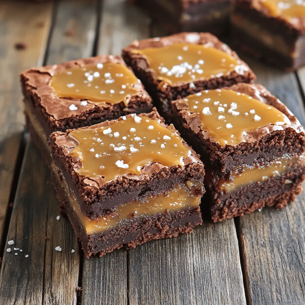 To make these salted caramel brownies, you need the following ingredients: - 1 cup unsalted butter (2 sticks) - 1 cup dark chocolate chips - 1 cup granulated sugar - 1/2 cup brown sugar, packed - 4 large eggs - 1 teaspoon vanilla extract - 1 cup all-purpose flour - 1/2 cup cocoa powder - 1 teaspoon baking powder - 1/2 teaspoon salt - 1/2 cup salted caramel sauce (store-bought or homemade) - Flaky sea salt for garnish These ingredients come together to create a rich, fudgy treat. The unsalted butter and dark chocolate chips form the base, while the sugars add sweetness. Eggs give the brownies their lift and structure. Flour and cocoa powder bring in that classic brownie texture, and baking powder helps them rise. Salt is key to balancing the flavors, and the salted caramel sauce is the star of the show. Finally, the flaky sea salt on top enhances the taste, giving you that perfect sweet and salty bite. - Preheat the oven to 350°F (175°C). - Grease a 9x13-inch baking pan or line it with parchment paper. - In a medium saucepan, melt unsalted butter and dark chocolate chips over low heat. - Stir the mixture until it is smooth and shiny. - Remove from heat and let it cool slightly before you move on. - In a large mixing bowl, whisk together granulated sugar, brown sugar, and eggs. - Mix until well combined and a bit frothy. - Stir in the melted chocolate mixture and vanilla extract. - In a separate bowl, sift all-purpose flour, cocoa powder, baking powder, and salt. - Fold the dry ingredients into the chocolate mix just until combined. - Pour half of the brownie batter into the prepared pan. - Drizzle salted caramel sauce over the batter, spreading it gently. - Use a toothpick to swirl the caramel if you want. - Pour the remaining brownie batter over the caramel layer and smooth it out. - Bake for 25-30 minutes in the preheated oven. - Check for doneness with a toothpick; it should come out with a few moist crumbs. - Let the brownies cool for about 10 minutes. - While they are still warm, sprinkle flaky sea salt on top for a sweet and salty bite. - Allow the brownies to cool completely before cutting them into squares. - Check out the Full Recipe for more details! To get those fudgy brownies, you must avoid overmixing the batter. Mix just enough to combine everything. This keeps the brownies moist and dense. Also, use high-quality chocolate. It really makes a difference in flavor. Look for chocolate that has at least 60% cocoa. For that perfect caramel drizzle, warm it slightly before using. This helps it flow better. When you apply sea salt, sprinkle it lightly. You want just enough to enhance the sweetness. If your brownies taste too sweet, try adding a pinch of salt to the batter. This can balance the flavors nicely. You can drizzle extra salted caramel sauce over the cut brownies for a rich look. This gives an indulgent touch. Serve them with a scoop of vanilla ice cream. The cold ice cream pairs well with warm brownies, creating a delightful dessert experience. For the full recipe, check back to see all the steps to make these treats! {{image_2}} For a gluten-free version of these brownies, you can use almond flour or oat flour. Both give great texture while keeping the taste rich. You can also try a gluten-free all-purpose blend. Just make sure it has xanthan gum for structure. This way, everyone can enjoy these fudgy treats! To make these brownies vegan, swap the butter for coconut oil or a plant-based butter. Use flax eggs instead of regular eggs. Mix 1 tablespoon of ground flaxseed with 2.5 tablespoons of water for each egg. This keeps the brownies moist and tasty. Also, choose dairy-free chocolate chips for a fully plant-based treat! You can add unique flavors to your brownies. Try mixing in chopped nuts like walnuts or pecans for crunch. A teaspoon of instant coffee can boost the chocolate flavor. For a spicy kick, add a pinch of cayenne or cinnamon. These tweaks make your brownies stand out and keep them exciting! Want the full recipe? Check out the [Full Recipe]. To keep your salted caramel brownies fresh, store them in an airtight container. Line the container with parchment paper before placing the brownies inside. This helps avoid sticking and keeps them moist. You can also separate layers with parchment paper for easy access. The best temperature for storing brownies is room temperature. They stay fresh for about 3 to 4 days. If your home is warm or humid, consider refrigerating them. Just remember to let them come back to room temp before enjoying. If you want to enjoy your brownies later, freezing works great. First, cut the brownies into squares. Wrap each square tightly in plastic wrap. Then, place the wrapped brownies in a freezer-safe bag or container. This will keep them fresh for up to three months. To reheat, simply take a brownie out of the freezer and let it thaw at room temperature for about 30 minutes. You can also warm it in the microwave for about 10-15 seconds. Enjoy the same fudgy goodness as when they were fresh. For more tips, check out the Full Recipe. Salted caramel brownies last about 3 days at room temperature. Keep them in an airtight container. If you store them in the fridge, they can last up to a week. Make sure to seal them well to keep them moist. Yes, you can use other types of chocolate. Milk chocolate gives a sweeter taste. White chocolate adds a creamy flavor but lacks richness. Semi-sweet chocolate works well for a balanced taste. Each type brings its own twist to the brownies. If you need a substitute for salted caramel sauce, try chocolate ganache for a rich flavor. Fruit sauces like raspberry or strawberry can also add a nice touch. You can simply skip the sauce if you prefer a classic brownie taste. These salted caramel brownies are rich and full of flavor. I shared the key ingredients and clear steps to make them. Tips ensured your brownies turn out perfect, and variations let you customize your dessert. With proper storage, you can enjoy them longer. Remember, quality chocolate and careful mixing are crucial. I hope you feel ready to bake and impress everyone. Enjoy your treats and have fun experimenting!