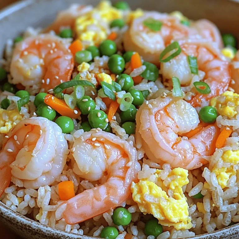 To make shrimp fried rice, you need a few key items. Here's what to gather: - 1 cup jasmine rice (cooked and cooled) - 200g shrimp (peeled and deveined) - 2 tablespoons soy sauce - 1 tablespoon sesame oil - 1 tablespoon vegetable oil - 2 eggs (beaten) - 1 cup peas and carrots (frozen or fresh) - 1 small onion (finely chopped) - 2 garlic cloves (minced) - 2 green onions (sliced) - Salt and pepper to taste These ingredients create a flavorful dish. The shrimp adds protein, while the rice provides a hearty base. You can use fresh or frozen ingredients for this recipe. Fresh shrimp offers a sweet, tender taste. Frozen shrimp is convenient and often just as good. For peas and carrots, frozen options save time and keep the dish simple. Fresh veggies add crunch and flavor but require more prep. Use what you have on hand to make this dish quick and easy. Seasoning is crucial for great flavor. Soy sauce adds a salty and savory taste. Sesame oil brings a nutty aroma that elevates the dish. I also recommend adding salt and pepper to enhance all the flavors. You can adjust seasonings based on your taste. For a spicy kick, try adding some chili flakes or hot sauce. These small changes can make your shrimp fried rice even more delicious. For a complete recipe, check out the Full Recipe. To start, gather your rice. I prefer jasmine rice for its flavor and texture. If you cook it fresh, let it cool first. The ideal time is overnight in the fridge. This step keeps the rice from getting mushy. Cold rice works best for fried rice. Next, heat the vegetable oil in a large skillet. Use medium-high heat for the best results. Once hot, add the chopped onion and minced garlic. Cook them until fragrant and the onion turns soft. This takes about two minutes. Now, add the shrimp to the skillet. Cook them for about 2-3 minutes until they turn pink. Then, remove the shrimp and set them aside. In the same skillet, push the onion and garlic to one side. Pour the beaten eggs into the other side. Scramble the eggs until fully cooked. Then mix them with the onion and garlic. Next, add the cold rice, breaking up any lumps. Stir it all together well. Now, add in the peas and carrots. Cook everything for 3-4 minutes until the vegetables warm up. Finally, return the shrimp to the skillet. Pour in the soy sauce and sesame oil. Season with salt and pepper to taste. Mix everything well and heat for another 2-3 minutes. Sprinkle sliced green onions on top, then turn off the heat. Let it rest for a minute before serving. Enjoy your shrimp fried rice! For a detailed recipe, check the Full Recipe section. To get the best texture, use cold rice. If you cook rice fresh, let it cool before using. Cold rice helps keep each grain separate. This prevents your fried rice from being mushy. You can refrigerate it overnight for great results. A large skillet or wok works best for shrimp fried rice. A flat surface helps heat evenly. Use a wooden spoon or spatula for stirring. This keeps the rice from sticking. If you have a non-stick pan, that’s even better. It makes cleanup easy and helps with cooking. To enhance flavor, try adding garlic and ginger. They bring a warm taste that blends well. For a pop of color, add bell peppers or snap peas. You can top your dish with fresh herbs like cilantro or basil. A squeeze of lime juice adds a fresh kick. This makes your shrimp fried rice not only tasty but also eye-catching. For the full recipe, check the details above! {{image_2}} You can add many veggies to your shrimp fried rice. This boosts flavor and nutrition. Try bell peppers for crunch. Broccoli adds a nice green touch. Spinach wilts down well and packs vitamins. You can also use corn for sweetness. Just chop the veggies small. Add them when cooking the onions and garlic. This way, they cook evenly and stay vibrant. If you want to switch up proteins, you have options. Chicken works great in fried rice. Just cook it until it's no longer pink. Tofu is another good choice for a plant-based meal. It soaks up flavors well. You can also use beef or even pork. Just make sure to cut them into small pieces. Cook them first, then set aside before adding rice. Making shrimp fried rice gluten-free is simple. Use tamari instead of soy sauce. It tastes similar but has no gluten. For a vegan version, skip the shrimp and eggs. Use extra tofu or mushrooms for protein. You can also add more vegetables to fill the dish. The flavors remain rich and tasty, keeping everyone happy with a great meal. For the full recipe, check out the Shrimp Fried Rice Delight. To keep your shrimp fried rice fresh, place it in an airtight container. Make sure it cools to room temperature first. You can store it in the fridge for up to three days. If you want to keep it longer, consider freezing it. When you are ready to eat your leftover rice, you can reheat it on the stove or in the microwave. For the stove, add a splash of water or oil in a pan. Heat it over medium heat, stirring often until warm. In the microwave, cover the rice with a damp paper towel. Heat in short intervals, stirring in between, until hot. If you want to freeze shrimp fried rice, divide it into portions. Use freezer-safe bags or containers for best results. Be sure to remove as much air as possible. This helps prevent freezer burn. Your rice can last up to three months in the freezer. When ready to eat, thaw it overnight in the fridge before reheating. For more details, check out the Full Recipe. The best way to cook shrimp for fried rice is to sauté them in a hot pan. Start by heating vegetable oil in your skillet. Add minced garlic and chopped onions first. Cook until they smell great. Then, add the shrimp. Cook them until they turn pink and opaque, about 2-3 minutes. This way, they stay juicy and tender. Remember not to overcook them; that makes shrimp rubbery. Yes, using day-old rice is perfect for fried rice. When rice cools, it dries out a bit. This helps the grains stay separate when you cook them again. Fresh rice can be too sticky and clump together. For best results, store your cooked rice in the fridge overnight before using it in your shrimp fried rice recipe. It helps you achieve that perfect texture. Shrimp fried rice is filling and tasty on its own, but you can add sides for more fun! Here are some great ideas: - Spring rolls: Crispy and light, they add a nice crunch. - Steamed dumplings: These are soft and savory for a nice contrast. - Asian slaw: A fresh salad with cabbage and carrots gives a great crunch. - Hot and sour soup: This adds a warm and spicy touch. Feel free to mix and match your favorites! Shrimp fried rice is simple and fun to make. We covered ingredients, from shrimp to seasonings, and shared easy steps for cooking. I shared tips for the best texture and cooking tools. We also explored variations, like adding veggies and proteins. Finally, I provided storage tips for your leftovers. Now you can enjoy a tasty dish anytime. Happy cooking!