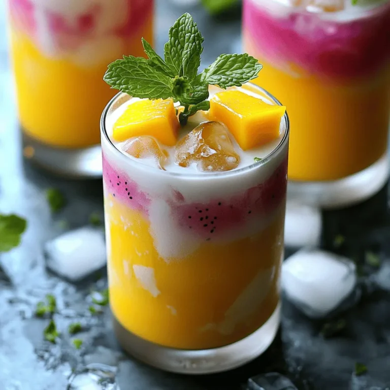 - 1 ripe dragon fruit, peeled and diced - 1 ripe mango, peeled and diced - 2 cups brewed green tea, cooled - 1/2 cup milk (or a non-dairy alternative) - 2 tablespoons honey or agave syrup (adjust to taste) - 1/2 teaspoon vanilla extract - Ice cubes - Fresh mint leaves for garnish To make dragon fruit mango milk tea, you need fresh ingredients. Dragon fruit is bright and sweet. Mango adds a tropical flair. Brewed green tea gives a smooth base. For extra flavor, choose milk or a non-dairy option. Honey or agave syrup sweetens it up nicely. A splash of vanilla extract brings warmth. Don't forget to add ice cubes for chill. Finally, fresh mint leaves make a lovely garnish. This drink is colorful and fun. You can serve it at parties or enjoy it on a hot day. For the full recipe, check the link above. 1. Start by peeling the dragon fruit. Use a sharp knife to cut off the skin. 2. Cut the dragon fruit into small cubes. Set them aside. 3. Next, peel the mango. Slice off the cheeks and remove the pit. 4. Dice the mango into small pieces. Combine the fruit in a bowl. 5. Now, brew your green tea. Use two cups of hot water. Let it steep for 3-5 minutes. 6. Once brewed, let the tea cool down. This helps keep your drink refreshing. 1. In a blender, add the diced dragon fruit and mango. 2. Pour in the cooled green tea. Add honey or agave syrup for sweetness. 3. Include half a teaspoon of vanilla extract. 4. Blend until the mixture is smooth and creamy. You can stop here for a nice texture. 5. If you want it super smooth, strain it through a fine mesh sieve. This step is optional. 1. Fill each glass with ice cubes. This keeps your drink chilled. 2. Pour the blended fruit mixture over the ice until each glass is about three-quarters full. 3. Now, it’s time to layer the milk. Gently pour the milk over the back of a spoon. This creates a pretty layer. 4. You can stir the drink if you want a mixed look, or leave it layered for fun. 5. Finally, garnish with fresh mint leaves. This adds a pop of color and fresh taste. Enjoy your Dragon Fruit Mango Milk Tea! You can refer to the Full Recipe for more detailed instructions. To make the best dragon fruit mango milk tea, start with ripe fruits. Look for dragon fruit that has bright pink or yellow skin. It should feel slightly soft but not mushy. For mangoes, choose ones that give a little when you press them. They should smell sweet and fruity. Next, sweetness is key. If your fruits are ripe, you might not need much sweetener. Start with less honey or agave syrup, then taste and adjust. You want a balance, not to overpower the natural flavors. For a stunning presentation, use tall glasses. Clear glass lets the bright colors show through. It makes your drink look as good as it tastes! Pour over ice to keep it cold and refreshing. Pair your drink with light snacks. Think fresh fruit, light crackers, or even a slice of cake. These will complement the flavors and create a lovely treat for your guests. You can also serve it at parties for a fun twist on traditional drinks. {{image_2}} You can change the flavor of dragon fruit mango milk tea by using different fruits. Berries like strawberries or blueberries can add a sweet twist. Kiwi adds a nice tartness. Both will make your drink colorful and tasty. You can also adjust the tea type. While I love green tea, black tea adds a strong flavor. Herbal tea can provide a nice change too. For a vegan option, you can swap milk for almond or coconut milk. This keeps it creamy without dairy. You can also make it richer by adding boba or tapioca pearls. These chewy delights add fun to every sip. Boba is a popular choice and gives a nice texture. You can find boba at most grocery stores or online. You can check the Full Recipe for more ideas. To keep your dragon fruit mango milk tea fresh, refrigerate it right away. Place the drink in an airtight container. This helps seal in the flavors. It’s best to store it for up to two days. After that, the taste may not be as vibrant. If you notice separation, just give it a good shake before serving. If you want to revive the drink, you can add more ice or fresh fruit. This brightens the flavor. You can also blend it again to mix everything back together. If you have leftovers, consider freezing some. Pour the tea into ice cube trays. This way, you can use it later in smoothies or other drinks. It’s a fun way to enjoy your creation again! What health benefits does dragon fruit offer? Dragon fruit is packed with nutrients. It has fiber, vitamin C, and antioxidants. These help boost your immune system. The fiber also aids digestion and keeps you full longer. Eating dragon fruit can even help lower blood sugar levels. It's a tasty way to add healthy goodness to your diet. How can I make this drink more diabetes-friendly? To make this drink better for diabetes, swap honey for a low-calorie sweetener. You can use stevia or monk fruit. Also, reduce the amount of fruit. This cuts down on sugar while still keeping flavor. Focus on unsweetened non-dairy milk options to lower carbs. Local grocery stores vs. online options You can find dragon fruit and mango at local grocery stores. Check the produce section for fresh fruits. If you want a wider selection, try online grocery stores. They often have exotic fruits like dragon fruit delivered to your door. Specialty stores for exotic fruits Specialty stores are great for finding unique ingredients. Look for Asian markets or health food stores. They usually stock fresh dragon fruit and ripe mangoes. You may also find organic options at these stores. What to do if the drink is too sweet? If your drink is too sweet, add more brewed green tea. This will balance the sweetness. You can also add a bit of milk to cut the sweetness. Stir well and taste until it’s just right. How to improve texture if it’s too thick? If your drink is too thick, add more milk or water. Blend again until you reach the desired texture. You can also add more brewed tea for a lighter drink. Adjust slowly to get the perfect consistency. This blog post guides you in making a delicious drink with ripe dragon fruit, mango, and green tea. You prepared the base, blended the ingredients, and learned serving tips. I hope you feel ready to try different fruits and adapt the recipe for your taste. Remember, you can store leftovers and revive them later. Enjoy experimenting and sharing your unique twists!