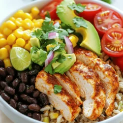 - Chicken and Seasonings - 2 boneless, skinless chicken breasts - 1 tablespoon olive oil - 2 tablespoons chipotle chili powder - 1 teaspoon cumin - 1 teaspoon smoked paprika - 1/2 teaspoon garlic powder - 1/2 teaspoon onion powder - Salt and pepper to taste - Base Ingredients - 1 cup brown rice (or quinoa) - 2 cups low-sodium chicken broth - Toppings - 1 can black beans, rinsed and drained - 1 cup corn kernels (fresh or frozen) - 1 large avocado, sliced - 1 cup cherry tomatoes, halved - 1/2 cup red onion, finely chopped - 1/4 cup fresh cilantro, chopped - Juice of 1 lime - Optional toppings: sour cream, shredded cheese, jalapeños When I make this dish, I love to pick fresh ingredients. It makes a big difference. The chicken needs a good rub with spices. Chipotle chili powder gives it a smoky kick. Cumin and smoked paprika add depth and warmth. Garlic and onion powders round out the flavor. For the base, I often choose brown rice or quinoa. Both add great texture and nutrition. Using low-sodium chicken broth enhances the taste without too much salt. Toppings are where you can get creative. Black beans add protein and fiber. Corn gives a touch of sweetness. Slicing a ripe avocado on top brings creaminess. Cherry tomatoes add color and brightness. Red onion brings a bit of bite, while cilantro adds freshness. A squeeze of lime juice ties it all together. You can check out the Full Recipe for all the details on making this dish. Marinating the Chicken First, mix chipotle chili powder, cumin, smoked paprika, garlic powder, onion powder, salt, and pepper in a bowl. This blend gives the chicken a bold flavor. Rub this spice mix all over the chicken breasts. Let it sit for at least 15 minutes. This helps the flavors soak in. Cooking the Chicken Next, heat olive oil in a skillet over medium-high heat. Add the marinated chicken breasts. Cook each side for about 6-7 minutes. The chicken should turn golden brown. Use a meat thermometer to check for doneness. It should reach 165°F (75°C). Slicing and Resting Once cooked, remove the chicken from the skillet. Let it rest for a few minutes to keep it juicy. Then, slice the chicken into strips. This makes it easy to layer in your burrito bowl. Cooking Rice/Quinoa While the chicken cooks, prepare your rice or quinoa. In a saucepan, bring chicken broth to a boil. Add brown rice or quinoa to the broth. Reduce heat, cover, and let it cook for about 35 minutes. Follow package instructions for best results. Heating Beans and Corn In another saucepan, heat the black beans and corn. Keep it on medium heat until they become warm. This adds a nice texture and flavor to your bowl. Layering Ingredients Start with a base of cooked rice or quinoa in a bowl. Top it with sliced chicken, black beans, corn, cherry tomatoes, red onion, and avocado slices. Each layer adds color and flavor. Final Touches Drizzle fresh lime juice over the bowl. This adds brightness. Finish with a sprinkle of chopped cilantro. You can add optional toppings like sour cream, shredded cheese, or jalapeños if you like. Follow these steps for a delicious Chipotle Chicken Burrito Bowl. For the full recipe, check out the detailed instructions above. Ensuring Chicken is Juicy To keep chicken juicy, start with fresh, high-quality meat. Before cooking, rub the spice mix well into the chicken. This adds flavor and moisture. Cook the chicken on medium-high heat for even cooking. Let it rest after cooking. This step helps the juices stay inside. Perfect Rice/Quinoa Consistency For fluffy rice or quinoa, rinse it before cooking. This removes excess starch. Use chicken broth for more flavor. Bring the broth to a boil before adding the rice or quinoa. Cover and reduce the heat. Cook until tender, about 35 minutes. Fluff with a fork for the best texture. Best Pairings Serve your burrito bowl with fresh sides. A simple green salad works well. Chips with salsa also add a nice crunch. For a creamy touch, add guacamole or a dollop of sour cream. These flavors balance the spice of the chicken. Presentation Ideas Make your bowl look great by layering each ingredient. Start with rice or quinoa at the bottom. Then, add colorful toppings like cherry tomatoes and avocado. Sprinkle cilantro on top for a fresh look. Use a wide bowl for a beautiful display. A well-presented dish makes every bite more enjoyable. {{image_2}} Vegetarian Options You can swap chicken for tofu or tempeh. Both options soak up flavors well. Season them with the same spices as the chicken. Roast or grill them for a crispy texture. You can also use beans as a protein. Try black beans or pinto beans for added fiber and taste. Other Meats to Use You can easily switch the chicken for beef, pork, or shrimp. For beef, use flank steak marinated in the same spices. For pork, try tenderloin or carnitas. Shrimp cooks quickly, so toss them in the pan for just a few minutes. Each meat brings a new flavor and texture to your bowl. Spicy Variants If you love heat, add more chipotle chili powder or diced jalapeños. You can also use a spicy salsa or hot sauce as a topping. For a smoky kick, add smoked paprika to the rice or quinoa. You can even mix in fresh chopped chilies for an extra zing. Extra Toppings Toppings can make your bowl pop! Try adding fresh corn salsa, diced bell peppers, or chopped green onions. For crunch, include tortilla chips or crushed nuts. If you want creaminess, add guacamole or a drizzle of ranch dressing. These small changes can elevate your meal to new heights. For the full recipe, check out the Chipotle Chicken Burrito Bowl . - Best Practices for Refrigeration Store your Chipotle Chicken Burrito Bowl in an airtight container. Make sure it cools down first. Refrigerate within two hours of cooking. This helps keep the food safe and fresh. Consume within three to four days for the best taste. - Freezing Tips If you want to store it longer, freezing works well. Place the bowl in a freezer-safe container. You can separate the chicken and veggies for better texture later. Be sure to label the container with the date. Use within three months for the best flavor. - Methods for Best Texture When reheating, the oven works best for even heating. Preheat it to 350°F (175°C). Place your bowl in an oven-safe dish and cover it with foil. Heat for about 20 minutes or until warmed through. If using a microwave, heat in short bursts. Stir in between to avoid hot spots. Enjoy your flavorful meal again! To make a Chipotle Chicken Burrito Bowl, you need a few simple steps. First, season your chicken breasts with a blend of spices. This includes chipotle chili powder, cumin, smoked paprika, garlic powder, onion powder, salt, and pepper. Heat olive oil in a skillet and cook the chicken until golden brown. While the chicken cooks, prepare your base of brown rice or quinoa in chicken broth. Once everything is ready, assemble your bowl with the chicken, beans, corn, and fresh toppings. You can find the Full Recipe for more details. Yes, you can use different grains for the base of your burrito bowl. While brown rice is popular, quinoa is a great option too. Both grains offer a good source of fiber and protein. You can also try other grains like farro or barley for a unique twist. Adjust your cooking time based on the grain you choose. There are many ways to customize your Chipotle Chicken Burrito Bowl. You can change the protein by using shrimp, steak, or even tofu for a vegetarian option. Add extra toppings like cheese, sour cream, or jalapeños for more flavor. You can also mix in different veggies, such as bell peppers or zucchini. The key is to make it your own, so feel free to get creative! In this guide, we explored how to make a delicious Chicken Burrito Bowl. We covered key ingredients, simple steps, and cooking tips. You learned how to marinate and cook chicken while achieving perfect rice or quinoa. Plus, you discovered fun ways to customize your bowl with toppings and alternative proteins. Remember, the joy of cooking comes from trying new things and making it your own. Enjoy your meal!