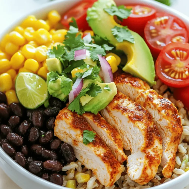 - Chicken and Seasonings - 2 boneless, skinless chicken breasts - 1 tablespoon olive oil - 2 tablespoons chipotle chili powder - 1 teaspoon cumin - 1 teaspoon smoked paprika - 1/2 teaspoon garlic powder - 1/2 teaspoon onion powder - Salt and pepper to taste - Base Ingredients - 1 cup brown rice (or quinoa) - 2 cups low-sodium chicken broth - Toppings - 1 can black beans, rinsed and drained - 1 cup corn kernels (fresh or frozen) - 1 large avocado, sliced - 1 cup cherry tomatoes, halved - 1/2 cup red onion, finely chopped - 1/4 cup fresh cilantro, chopped - Juice of 1 lime - Optional toppings: sour cream, shredded cheese, jalapeños When I make this dish, I love to pick fresh ingredients. It makes a big difference. The chicken needs a good rub with spices. Chipotle chili powder gives it a smoky kick. Cumin and smoked paprika add depth and warmth. Garlic and onion powders round out the flavor. For the base, I often choose brown rice or quinoa. Both add great texture and nutrition. Using low-sodium chicken broth enhances the taste without too much salt. Toppings are where you can get creative. Black beans add protein and fiber. Corn gives a touch of sweetness. Slicing a ripe avocado on top brings creaminess. Cherry tomatoes add color and brightness. Red onion brings a bit of bite, while cilantro adds freshness. A squeeze of lime juice ties it all together. You can check out the Full Recipe for all the details on making this dish. Marinating the Chicken First, mix chipotle chili powder, cumin, smoked paprika, garlic powder, onion powder, salt, and pepper in a bowl. This blend gives the chicken a bold flavor. Rub this spice mix all over the chicken breasts. Let it sit for at least 15 minutes. This helps the flavors soak in. Cooking the Chicken Next, heat olive oil in a skillet over medium-high heat. Add the marinated chicken breasts. Cook each side for about 6-7 minutes. The chicken should turn golden brown. Use a meat thermometer to check for doneness. It should reach 165°F (75°C). Slicing and Resting Once cooked, remove the chicken from the skillet. Let it rest for a few minutes to keep it juicy. Then, slice the chicken into strips. This makes it easy to layer in your burrito bowl. Cooking Rice/Quinoa While the chicken cooks, prepare your rice or quinoa. In a saucepan, bring chicken broth to a boil. Add brown rice or quinoa to the broth. Reduce heat, cover, and let it cook for about 35 minutes. Follow package instructions for best results. Heating Beans and Corn In another saucepan, heat the black beans and corn. Keep it on medium heat until they become warm. This adds a nice texture and flavor to your bowl. Layering Ingredients Start with a base of cooked rice or quinoa in a bowl. Top it with sliced chicken, black beans, corn, cherry tomatoes, red onion, and avocado slices. Each layer adds color and flavor. Final Touches Drizzle fresh lime juice over the bowl. This adds brightness. Finish with a sprinkle of chopped cilantro. You can add optional toppings like sour cream, shredded cheese, or jalapeños if you like. Follow these steps for a delicious Chipotle Chicken Burrito Bowl. For the full recipe, check out the detailed instructions above. Ensuring Chicken is Juicy To keep chicken juicy, start with fresh, high-quality meat. Before cooking, rub the spice mix well into the chicken. This adds flavor and moisture. Cook the chicken on medium-high heat for even cooking. Let it rest after cooking. This step helps the juices stay inside. Perfect Rice/Quinoa Consistency For fluffy rice or quinoa, rinse it before cooking. This removes excess starch. Use chicken broth for more flavor. Bring the broth to a boil before adding the rice or quinoa. Cover and reduce the heat. Cook until tender, about 35 minutes. Fluff with a fork for the best texture. Best Pairings Serve your burrito bowl with fresh sides. A simple green salad works well. Chips with salsa also add a nice crunch. For a creamy touch, add guacamole or a dollop of sour cream. These flavors balance the spice of the chicken. Presentation Ideas Make your bowl look great by layering each ingredient. Start with rice or quinoa at the bottom. Then, add colorful toppings like cherry tomatoes and avocado. Sprinkle cilantro on top for a fresh look. Use a wide bowl for a beautiful display. A well-presented dish makes every bite more enjoyable. {{image_2}} Vegetarian Options You can swap chicken for tofu or tempeh. Both options soak up flavors well. Season them with the same spices as the chicken. Roast or grill them for a crispy texture. You can also use beans as a protein. Try black beans or pinto beans for added fiber and taste. Other Meats to Use You can easily switch the chicken for beef, pork, or shrimp. For beef, use flank steak marinated in the same spices. For pork, try tenderloin or carnitas. Shrimp cooks quickly, so toss them in the pan for just a few minutes. Each meat brings a new flavor and texture to your bowl. Spicy Variants If you love heat, add more chipotle chili powder or diced jalapeños. You can also use a spicy salsa or hot sauce as a topping. For a smoky kick, add smoked paprika to the rice or quinoa. You can even mix in fresh chopped chilies for an extra zing. Extra Toppings Toppings can make your bowl pop! Try adding fresh corn salsa, diced bell peppers, or chopped green onions. For crunch, include tortilla chips or crushed nuts. If you want creaminess, add guacamole or a drizzle of ranch dressing. These small changes can elevate your meal to new heights. For the full recipe, check out the Chipotle Chicken Burrito Bowl . - Best Practices for Refrigeration Store your Chipotle Chicken Burrito Bowl in an airtight container. Make sure it cools down first. Refrigerate within two hours of cooking. This helps keep the food safe and fresh. Consume within three to four days for the best taste. - Freezing Tips If you want to store it longer, freezing works well. Place the bowl in a freezer-safe container. You can separate the chicken and veggies for better texture later. Be sure to label the container with the date. Use within three months for the best flavor. - Methods for Best Texture When reheating, the oven works best for even heating. Preheat it to 350°F (175°C). Place your bowl in an oven-safe dish and cover it with foil. Heat for about 20 minutes or until warmed through. If using a microwave, heat in short bursts. Stir in between to avoid hot spots. Enjoy your flavorful meal again! To make a Chipotle Chicken Burrito Bowl, you need a few simple steps. First, season your chicken breasts with a blend of spices. This includes chipotle chili powder, cumin, smoked paprika, garlic powder, onion powder, salt, and pepper. Heat olive oil in a skillet and cook the chicken until golden brown. While the chicken cooks, prepare your base of brown rice or quinoa in chicken broth. Once everything is ready, assemble your bowl with the chicken, beans, corn, and fresh toppings. You can find the Full Recipe for more details. Yes, you can use different grains for the base of your burrito bowl. While brown rice is popular, quinoa is a great option too. Both grains offer a good source of fiber and protein. You can also try other grains like farro or barley for a unique twist. Adjust your cooking time based on the grain you choose. There are many ways to customize your Chipotle Chicken Burrito Bowl. You can change the protein by using shrimp, steak, or even tofu for a vegetarian option. Add extra toppings like cheese, sour cream, or jalapeños for more flavor. You can also mix in different veggies, such as bell peppers or zucchini. The key is to make it your own, so feel free to get creative! In this guide, we explored how to make a delicious Chicken Burrito Bowl. We covered key ingredients, simple steps, and cooking tips. You learned how to marinate and cook chicken while achieving perfect rice or quinoa. Plus, you discovered fun ways to customize your bowl with toppings and alternative proteins. Remember, the joy of cooking comes from trying new things and making it your own. Enjoy your meal!