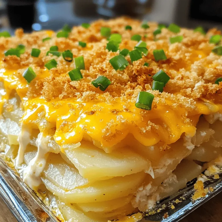 To make a cheesy potato casserole, gather these items: - 4 large russet potatoes, peeled and thinly sliced - 2 cups sharp cheddar cheese, shredded - 1 cup mozzarella cheese, shredded - 1 cup sour cream - 1 cup heavy cream - 1 small onion, finely chopped - 3 cloves garlic, minced - 1 teaspoon paprika - 1 teaspoon dried thyme - ½ teaspoon salt - ½ teaspoon black pepper - ½ cup green onions, chopped (for garnish) - 1 cup breadcrumbs (for topping) - 2 tablespoons butter, melted When measuring, use dry and liquid measuring cups. For dry ingredients like cheese, scoop and level. For liquids, check the measurement at eye level to avoid spills. Remember, accuracy is key for the best taste. If you don’t have a scale, a cup is a good guide for volume. Cheese makes the dish sing. While sharp cheddar and mozzarella are classic, you can mix it up. Try gouda for a smokier flavor or pepper jack for a bit of heat. Cream cheese can add a rich texture. Feel free to experiment and find your favorite blend. Cheese is flexible and can make this dish your own! Don't forget to check the Full Recipe for more ideas. Start by peeling the russet potatoes. Then, slice them thinly. Aim for uniform slices. This helps them cook evenly. After slicing, soak them in cold water. This step removes excess starch. It also keeps them from browning. Drain the potatoes and pat them dry with a towel. In a large bowl, combine the sour cream and heavy cream. Add the chopped onion, minced garlic, paprika, thyme, salt, and pepper. Stir until everything mixes well. This creamy blend will add rich flavor. It makes the casserole creamy and dreamy. Grease a 9x13 inch baking dish to prevent sticking. Begin by layering half of the sliced potatoes. Spread them evenly across the dish. Next, pour half of the cream mixture over the potatoes. Then, sprinkle half of the cheddar and mozzarella cheese on top. Repeat this process with the remaining potatoes and cream. Finally, add the last of the cheese. For the topping, mix breadcrumbs with melted butter. Sprinkle this mixture evenly over the casserole. It creates a crunchy layer. Cover the dish with foil and bake at 375°F for 45 minutes. Remove the foil and bake for another 15-20 minutes. The top should be golden brown, and the potatoes tender. Let it sit for about 10 minutes before serving. This allows the flavors to meld. Garnish with chopped green onions for a fresh touch. You can find the full recipe in the previous sections. To get that creamy, dreamy texture, use a mix of cheeses. Sharp cheddar gives flavor, while mozzarella adds stretch. Slice the potatoes thinly, about 1/8 inch thick. This ensures they cook evenly. Layer the potatoes and cream mixture well for a smooth bite. If you prefer a crunch, add more breadcrumbs on top. You can swap out some ingredients for a twist. If you want lighter options, use Greek yogurt instead of sour cream. For a richer flavor, try using gouda cheese instead of cheddar. You can also use any type of potato, like Yukon gold, for a buttery taste. If you're dairy-free, nut milk and dairy-free cheese work well. Cooking time may vary based on your oven. If you’re using a glass dish, start checking the casserole 10 minutes early. If the potatoes are not tender after the first bake, cover the dish and bake longer. For a crispier top, broil it for a few minutes at the end, but watch it closely. Remember, you want the top golden, not burnt. {{image_2}} You can add protein to your cheesy potato casserole for extra flavor. Bacon or ham works great. Just cook the bacon until crispy. Then, chop it into small pieces. If you prefer ham, use diced pieces instead. Mix the protein into the cream mixture or layer it between the potatoes. This will make each bite more hearty and satisfying. Cheese makes this dish special. While cheddar and mozzarella are classic, you can try different cheeses. Gouda adds a rich, smoky flavor. Swiss cheese gives a nutty taste. You can also mix in some cream cheese for extra creaminess. Experiment with your favorite cheeses. Each combo will give your casserole a new twist. You can still enjoy this dish if you follow a vegetarian or dairy-free diet. For a vegetarian option, skip the meat and use vegetable broth instead of heavy cream. You can also replace sour cream with a dairy-free version. Coconut cream or cashew cream works well. This way, you keep the dish creamy and delicious without dairy. After your cheesy potato casserole cools, store it in an airtight container. This helps keep it fresh. You can also cover the baking dish tightly with plastic wrap or aluminum foil. Leftovers last in the fridge for about 3 to 5 days. To reheat, you can use the oven or microwave. For the oven, preheat it to 350°F (175°C). Place the casserole in a baking dish and cover it with foil. Heat for about 20 minutes or until it’s hot throughout. In the microwave, use a microwave-safe dish. Heat on high for 2 to 3 minutes, stirring halfway through. You can freeze the casserole before or after baking. If freezing before baking, wrap it tightly in plastic wrap, then foil. Label it with the date. It can last up to 3 months. When ready to bake, thaw it overnight in the fridge and bake as directed. If you freeze it after baking, let it cool completely first. Reheat it in the oven or microwave from frozen, adding extra time as needed. For the full recipe, check the earlier section. Bake your cheesy potato casserole for about 45 minutes covered. After that, remove the foil and bake for another 15 to 20 minutes. This helps the top get golden and crispy. Check the potatoes with a fork. They should be soft and tender. Yes, you can prepare this casserole ahead of time. Just follow the recipe steps and layer everything in the dish. Cover it well and place it in the fridge. You can bake it the next day. Just add a few extra minutes to the baking time if it's cold. Cheesy potato casserole goes well with many sides. Try a fresh green salad for some crunch. You can also serve roasted vegetables for extra flavor. Grilled chicken or steak can make it a full meal. Don’t forget a nice bread roll to soak up all that cheesy goodness! You learned about making a cheesy potato casserole, from ingredients to storage. We explored cheese choices and tips for the best texture. Don't forget the fun variations or how to adjust for special diets. This dish is adaptable for any meal. Remember to store leftovers properly and reheat them well. Now, you can impress anyone with your new culinary skill. Enjoy making this tasty dish!