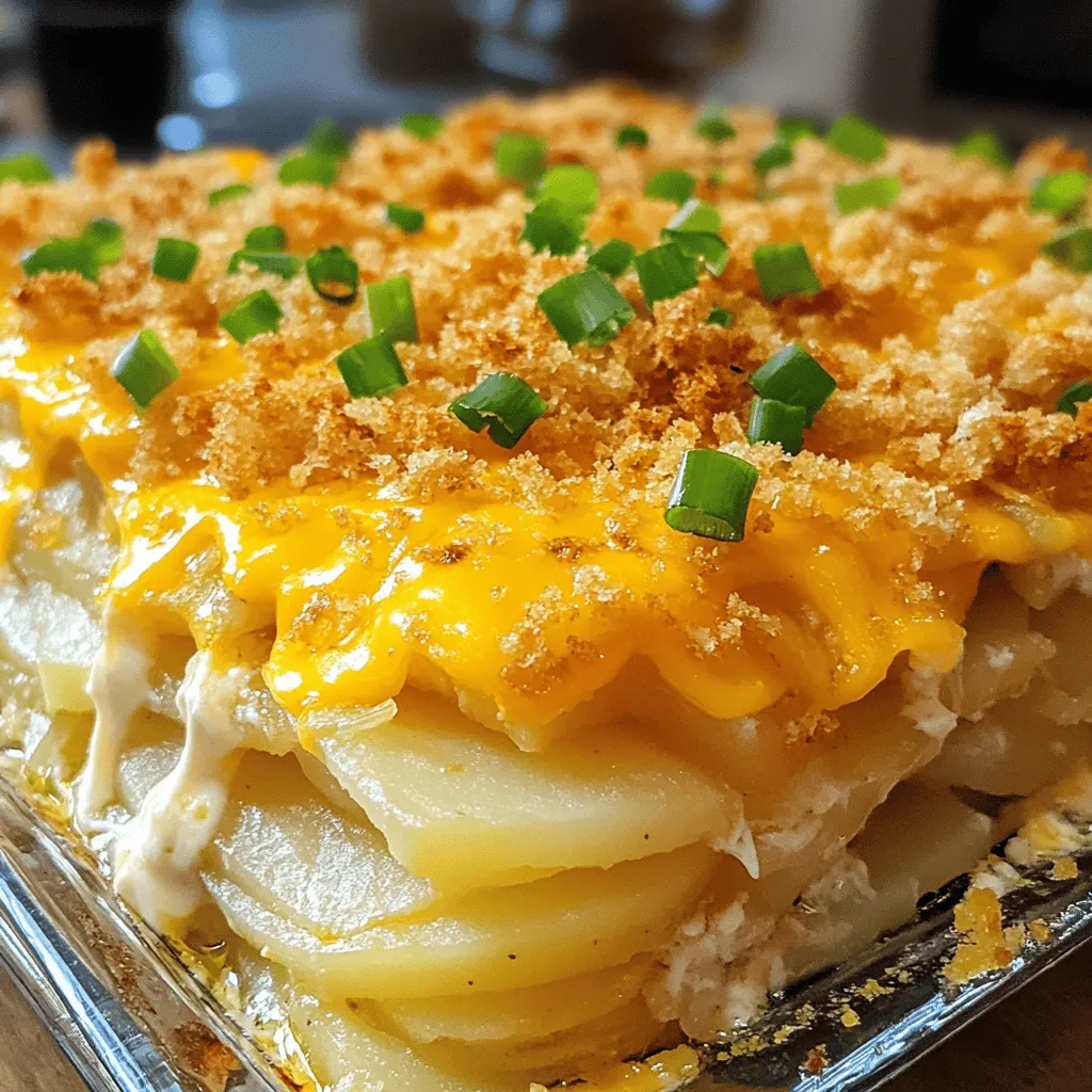 To make a cheesy potato casserole, gather these items: - 4 large russet potatoes, peeled and thinly sliced - 2 cups sharp cheddar cheese, shredded - 1 cup mozzarella cheese, shredded - 1 cup sour cream - 1 cup heavy cream - 1 small onion, finely chopped - 3 cloves garlic, minced - 1 teaspoon paprika - 1 teaspoon dried thyme - ½ teaspoon salt - ½ teaspoon black pepper - ½ cup green onions, chopped (for garnish) - 1 cup breadcrumbs (for topping) - 2 tablespoons butter, melted When measuring, use dry and liquid measuring cups. For dry ingredients like cheese, scoop and level. For liquids, check the measurement at eye level to avoid spills. Remember, accuracy is key for the best taste. If you don’t have a scale, a cup is a good guide for volume. Cheese makes the dish sing. While sharp cheddar and mozzarella are classic, you can mix it up. Try gouda for a smokier flavor or pepper jack for a bit of heat. Cream cheese can add a rich texture. Feel free to experiment and find your favorite blend. Cheese is flexible and can make this dish your own! Don't forget to check the Full Recipe for more ideas. Start by peeling the russet potatoes. Then, slice them thinly. Aim for uniform slices. This helps them cook evenly. After slicing, soak them in cold water. This step removes excess starch. It also keeps them from browning. Drain the potatoes and pat them dry with a towel. In a large bowl, combine the sour cream and heavy cream. Add the chopped onion, minced garlic, paprika, thyme, salt, and pepper. Stir until everything mixes well. This creamy blend will add rich flavor. It makes the casserole creamy and dreamy. Grease a 9x13 inch baking dish to prevent sticking. Begin by layering half of the sliced potatoes. Spread them evenly across the dish. Next, pour half of the cream mixture over the potatoes. Then, sprinkle half of the cheddar and mozzarella cheese on top. Repeat this process with the remaining potatoes and cream. Finally, add the last of the cheese. For the topping, mix breadcrumbs with melted butter. Sprinkle this mixture evenly over the casserole. It creates a crunchy layer. Cover the dish with foil and bake at 375°F for 45 minutes. Remove the foil and bake for another 15-20 minutes. The top should be golden brown, and the potatoes tender. Let it sit for about 10 minutes before serving. This allows the flavors to meld. Garnish with chopped green onions for a fresh touch. You can find the full recipe in the previous sections. To get that creamy, dreamy texture, use a mix of cheeses. Sharp cheddar gives flavor, while mozzarella adds stretch. Slice the potatoes thinly, about 1/8 inch thick. This ensures they cook evenly. Layer the potatoes and cream mixture well for a smooth bite. If you prefer a crunch, add more breadcrumbs on top. You can swap out some ingredients for a twist. If you want lighter options, use Greek yogurt instead of sour cream. For a richer flavor, try using gouda cheese instead of cheddar. You can also use any type of potato, like Yukon gold, for a buttery taste. If you're dairy-free, nut milk and dairy-free cheese work well. Cooking time may vary based on your oven. If you’re using a glass dish, start checking the casserole 10 minutes early. If the potatoes are not tender after the first bake, cover the dish and bake longer. For a crispier top, broil it for a few minutes at the end, but watch it closely. Remember, you want the top golden, not burnt. {{image_2}} You can add protein to your cheesy potato casserole for extra flavor. Bacon or ham works great. Just cook the bacon until crispy. Then, chop it into small pieces. If you prefer ham, use diced pieces instead. Mix the protein into the cream mixture or layer it between the potatoes. This will make each bite more hearty and satisfying. Cheese makes this dish special. While cheddar and mozzarella are classic, you can try different cheeses. Gouda adds a rich, smoky flavor. Swiss cheese gives a nutty taste. You can also mix in some cream cheese for extra creaminess. Experiment with your favorite cheeses. Each combo will give your casserole a new twist. You can still enjoy this dish if you follow a vegetarian or dairy-free diet. For a vegetarian option, skip the meat and use vegetable broth instead of heavy cream. You can also replace sour cream with a dairy-free version. Coconut cream or cashew cream works well. This way, you keep the dish creamy and delicious without dairy. After your cheesy potato casserole cools, store it in an airtight container. This helps keep it fresh. You can also cover the baking dish tightly with plastic wrap or aluminum foil. Leftovers last in the fridge for about 3 to 5 days. To reheat, you can use the oven or microwave. For the oven, preheat it to 350°F (175°C). Place the casserole in a baking dish and cover it with foil. Heat for about 20 minutes or until it’s hot throughout. In the microwave, use a microwave-safe dish. Heat on high for 2 to 3 minutes, stirring halfway through. You can freeze the casserole before or after baking. If freezing before baking, wrap it tightly in plastic wrap, then foil. Label it with the date. It can last up to 3 months. When ready to bake, thaw it overnight in the fridge and bake as directed. If you freeze it after baking, let it cool completely first. Reheat it in the oven or microwave from frozen, adding extra time as needed. For the full recipe, check the earlier section. Bake your cheesy potato casserole for about 45 minutes covered. After that, remove the foil and bake for another 15 to 20 minutes. This helps the top get golden and crispy. Check the potatoes with a fork. They should be soft and tender. Yes, you can prepare this casserole ahead of time. Just follow the recipe steps and layer everything in the dish. Cover it well and place it in the fridge. You can bake it the next day. Just add a few extra minutes to the baking time if it's cold. Cheesy potato casserole goes well with many sides. Try a fresh green salad for some crunch. You can also serve roasted vegetables for extra flavor. Grilled chicken or steak can make it a full meal. Don’t forget a nice bread roll to soak up all that cheesy goodness! You learned about making a cheesy potato casserole, from ingredients to storage. We explored cheese choices and tips for the best texture. Don't forget the fun variations or how to adjust for special diets. This dish is adaptable for any meal. Remember to store leftovers properly and reheat them well. Now, you can impress anyone with your new culinary skill. Enjoy making this tasty dish!