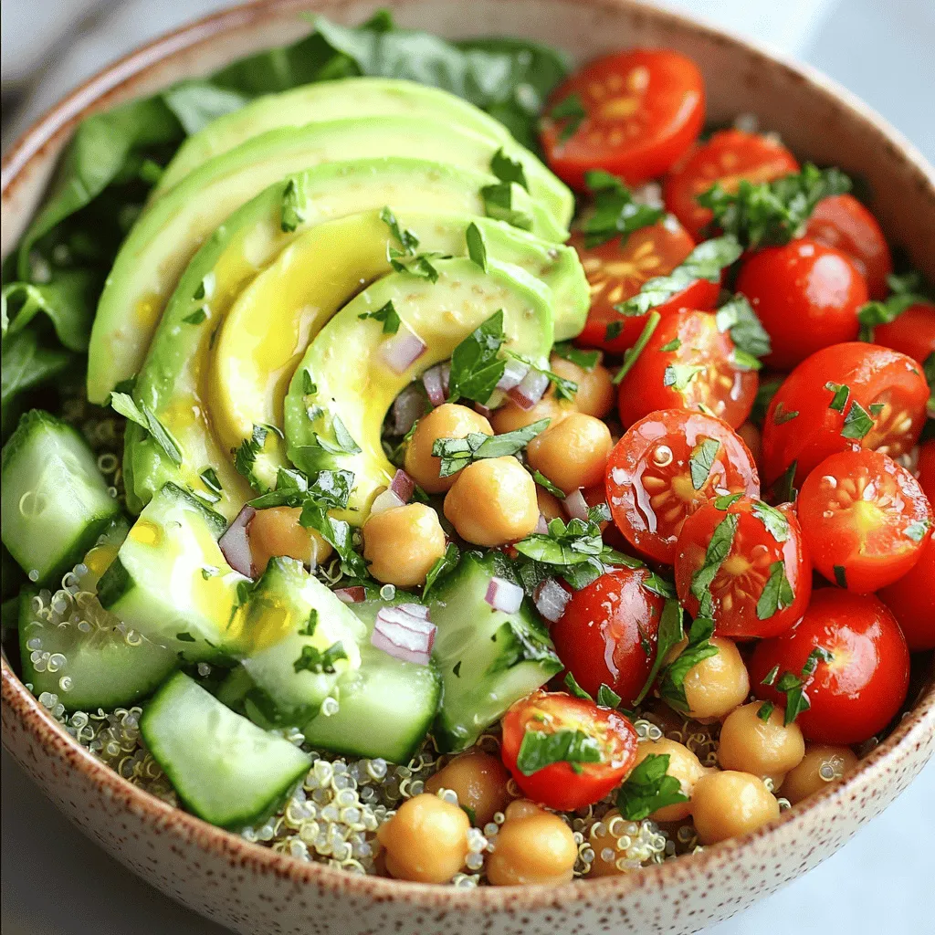 - 1 cup quinoa, rinsed - 2 cups vegetable broth - 1 can (15 oz) chickpeas, drained and rinsed - 1 cup cherry tomatoes, halved - 1 cucumber, diced - 1 avocado, sliced - 1 cup baby spinach - 1/4 cup red onion, finely chopped - 2 tablespoons olive oil - 2 tablespoons lemon juice - 1 teaspoon cumin - Salt and pepper to taste - Fresh parsley or cilantro for garnish In this Quinoa Chickpea Power Bowl, I love the mix of colors and textures. Each bite bursts with flavor. Quinoa serves as the base. It cooks easily and absorbs the broth's taste. Chickpeas add protein and fiber. They are creamy and satisfying. I use cherry tomatoes for a sweet pop. Their juiciness brightens the bowl. Diced cucumber brings a refreshing crunch. Sliced avocado adds a rich, buttery layer. Baby spinach is my go-to for greens. It’s mild and packs a nutritional punch. Finally, I chop red onion finely. It gives a nice bite without being too strong. For the dressing, olive oil and lemon juice create a zesty finish. Cumin adds warmth and depth. Salt and pepper enhance all the flavors. Feel free to finish your bowl with fresh herbs. Parsley or cilantro will elevate your dish. This recipe is all about balance and simplicity, making it a go-to for any meal. You can find the full recipe [here](#). To start, you need to cook the quinoa. First, combine 1 cup of rinsed quinoa with 2 cups of vegetable broth in a medium saucepan. This broth adds flavor and depth. Bring the mix to a boil over medium heat. Once boiling, reduce the heat to low. Cover the pan and let it simmer for about 15 minutes. You’ll know it’s done when the quinoa is fluffy and the broth is absorbed. While the quinoa cooks, it's time to prepare the dressing. In a small bowl, whisk together 2 tablespoons of olive oil, 2 tablespoons of lemon juice, 1 teaspoon of cumin, and a pinch of salt and pepper. This dressing brightens the bowl and ties all the flavors together. Taste it and adjust the seasoning as needed. Now comes the fun part: assembling your power bowl! In a large bowl, mix the cooked quinoa with 1 can of drained chickpeas, 1 cup of halved cherry tomatoes, 1 diced cucumber, 1/4 cup of finely chopped red onion, and 1 cup of baby spinach. Drizzle your prepared dressing over the top and toss everything gently to mix. This step ensures every bite is packed with flavor. To serve, divide the power bowl into individual bowls. Top each with sliced avocado and fresh herbs, like parsley or cilantro. For a creamy touch, feel free to drizzle with tahini. Enjoy your vibrant and nourishing meal! You can find the full recipe [here](#). - Rinse your quinoa well to remove any bitterness. - Always taste your dressing. Adjust seasoning to make it pop. - Use colorful bowls for a fun presentation. - Add feta cheese or nuts for a crunchy texture. Quinoa and chickpeas pack a powerful punch. They are both rich in protein. Quinoa has all nine essential amino acids. This makes it a complete protein source. Chickpeas are high in fiber, which helps digestion. Together, they keep you full and satisfied. This power bowl is a great way to fuel your day. Enjoy these health benefits while savoring every bite. It's a win-win! {{image_2}} You can boost the protein in your quinoa chickpea power bowl by adding grilled chicken or tofu. Grilled chicken gives a savory taste. Tofu adds a nice texture and absorbs flavors well. Simply cube the tofu or slice the chicken and mix it into the bowl. This makes your meal hearty and satisfying. If you want to switch things up, try other grains. Brown rice is a great substitute. It adds a nutty flavor and is also gluten-free. Farro can also work well. It has a chewy texture and pairs nicely with the other ingredients. Both options provide a different taste while keeping your meal gluten-free. To keep your dish plant-based, focus on flavors that shine. Use roasted red peppers for a sweet and smoky taste. Add nutritional yeast for a cheesy flavor without dairy. You can also mix in some black olives for a briny kick. Fresh herbs, like basil or mint, can brighten the dish too. This way, you keep all the flavor while staying true to vegan principles. For the full recipe, check out the details above! Store leftovers in an airtight container in the fridge. This helps keep the food fresh. You can safely enjoy your quinoa chickpea power bowl for up to four days. Just check for any changes in smell or color before eating. You can freeze the quinoa and chickpeas. However, the fresh veggies and dressing do not freeze well. They lose their crispness and flavor when thawed. For meal prep, consider freezing cooked quinoa and chickpeas separately. This way, you can mix fresh veggies later. To reheat, use the microwave or stovetop. If using a microwave, heat in short bursts. Stir in between to avoid hot spots. For stovetop, add a splash of water or broth. This keeps the quinoa from drying out. Enjoy your meal just like when it was fresh! Quinoa takes about 15 minutes to cook. It should be fluffy and the liquid needs to be fully absorbed. Start by boiling it with vegetable broth. After that, reduce the heat and cover it. You’ll know it’s done when it looks like tiny spirals. Yes, you can use other legumes. Black beans or kidney beans work well too. Each legume brings its own flavor. For instance, black beans add a rich taste, while kidney beans are slightly sweet. You can add spices like paprika or garlic powder for extra zing. Fresh herbs like basil or mint also brighten the dish. A splash of hot sauce can give it a kick. You can even try different dressings, like tahini or yogurt-based sauces. Absolutely! You can make the quinoa and chickpeas ahead of time. Store them in separate containers in the fridge. They stay fresh for about four days. When you’re ready to eat, just mix in your fresh veggies and dressing. This keeps everything crisp and tasty. Check out the Full Recipe for more details! This power bowl recipe combines healthy ingredients like quinoa, chickpeas, and fresh veggies. I showed you how to prepare it step by step, from cooking the quinoa to mixing in your favorite veggies and seasoning. Remember, you can modify it with proteins, grains, or herbs to suit your tastes. It's easy to store leftovers or freeze components for quick meals. Enjoy this nutritious dish, and feel good about making a healthy choice!
