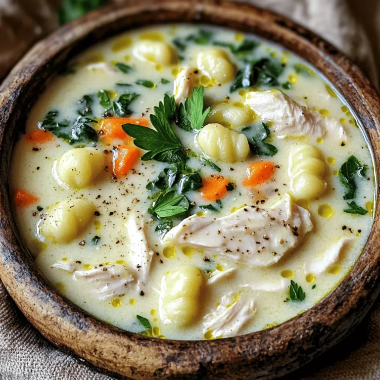 - Chicken and vegetables - 1 lb (450g) boneless, skinless chicken breasts, diced - 1 medium onion, diced - 2 carrots, diced - 2 celery stalks, diced - 3 cloves garlic, minced - 2 cups fresh spinach, chopped - Broth and cream components - 4 cups chicken broth - 1 cup heavy cream - 1 package (16 oz) potato gnocchi - Seasonings and garnishes - 1 tablespoon olive oil - 1 teaspoon Italian seasoning - Salt and pepper to taste - Fresh parsley, chopped (for garnish) The ingredients for Creamy Chicken and Gnocchi Soup create layers of flavor. The chicken adds protein and a rich taste. Onions, carrots, and celery give a sweet, earthy base. Garlic brings a punch that makes each spoonful exciting. The broth is crucial. Chicken broth adds depth, while heavy cream makes it rich and smooth. Potato gnocchi adds heartiness and a delightful texture. Fresh spinach gives color and a mild taste. Seasonings tie everything together. Italian seasoning offers a blend of herbs. Salt and pepper bring out the best in each ingredient. Finally, chopped parsley adds a fresh finish that brightens the dish. For the full recipe, check out the details above. Cooking the chicken First, heat 1 tablespoon of olive oil in a large pot over medium heat. Add 1 pound of diced chicken. Season it with salt and pepper. Cook the chicken for about 5–7 minutes. You want it browned and cooked through. Once done, remove the chicken and set it aside. Sautéing the vegetables In the same pot, add a diced onion, 2 diced carrots, and 2 diced celery stalks. Sauté these for about 5 minutes. Watch for them to soften but not brown. Next, add 3 minced garlic cloves. Sauté for an extra minute until you smell that great garlic aroma. Combining ingredients Pour in 4 cups of chicken broth and bring it to a boil. Once it boils, reduce the heat to a simmer. Stir in the potato gnocchi. Cook for about 3–4 minutes. The gnocchi will start to float, which means they are ready. Adding the gnocchi After the gnocchi floats, add the cooked chicken back into the pot. Mixing in the cream and spinach Next, pour in 1 cup of heavy cream and 2 cups of chopped fresh spinach. Stir well to combine everything. Cook for an additional 3–5 minutes. The spinach should wilt, and the soup will heat through. Seasoning for taste Finally, taste the soup and add more salt and pepper if needed. Your Creamy Chicken and Gnocchi Soup is almost ready to enjoy! For the full recipe, check the section above. Ensuring chicken is cooked through Cook the chicken until it reaches 165°F. This makes sure it is safe to eat. I recommend cutting the chicken into small pieces. This helps it cook faster and more evenly. Perfecting gnocchi texture Add gnocchi to boiling soup. Cook until they float to the top. This shows they are done. Don't overcook them, or they may become mushy. Enhancing flavors with seasonings Use fresh herbs for a bright taste. Italian seasoning works great in this recipe. You can also add a pinch of garlic powder or red pepper flakes for some heat. Best accompaniments for the soup This soup pairs well with crusty bread. You can also serve it with a fresh salad. Both add nice textures and flavors. Ideal serving temperature Serve the soup hot. This keeps it creamy and delicious. Let it cool for a few minutes before serving. It will be hot right off the stove. For more details, check out the Full Recipe. {{image_2}} You can easily switch proteins in this soup. Try using turkey or shrimp instead of chicken. Both options keep the soup tasty and fun. If you want a dairy-free version, use coconut milk or a nut-based cream. These options give the soup a nice flavor without the dairy. To add more vegetables, toss in some diced zucchini, bell peppers, or mushrooms. These veggies add color and extra good nutrients. Herbs and spices can really change the taste of your soup. Fresh basil, thyme, or rosemary can make it pop. Just add a little at a time and taste as you go. You can also use different broths to change the flavor. Vegetable broth or even a seafood broth can give your soup a unique twist. Experimenting with these options can lead to new favorites! To keep your creamy chicken and gnocchi soup fresh, cool it first. Once it’s cool, transfer it to an airtight container. This way, it won’t absorb other smells from the fridge. Use glass or plastic containers with tight lids for the best results. Label the container with the date so you know how long it has been stored. The soup stays good for about three to four days in the fridge. When you’re ready to enjoy your soup again, the best method is on the stovetop. Pour the soup into a pot and heat it over medium-low heat. Stir it often to keep it from sticking. If you want to use a microwave, place the soup in a microwave-safe bowl. Heat it in short bursts, stirring in between. This helps keep the soup from getting too hot in spots. To maintain its creamy texture, you may want to add a splash of broth or cream while reheating. Enjoy the comforting flavors just like the first time! Yes, you can freeze this soup! Just let it cool first. Store it in airtight containers. It stays good for about three months. When you are ready to eat, thaw it in the fridge overnight. Reheat on the stove until hot. This soup lasts about three to four days in the fridge. Make sure to keep it in a sealed container. If you notice any off-smells or changes in texture, it’s best to throw it away. Always give it a good stir before serving again. This soup pairs well with crusty bread or a fresh salad. A side of garlic bread is also a hit! You can even serve it with cheese on top for extra flavor. Enjoy your meal with family or friends for a cozy dinner! For the full recipe, check out the detailed instructions above. This blog post shared how to make a delicious Creamy Chicken and Gnocchi Soup. We covered ingredients like chicken, veggies, broth, and seasonings. You learned the steps to cook and combine these ingredients for the best flavor. I also gave tips on serving and storing leftovers. Remember, cooking can be fun and flexible. Don’t hesitate to adjust recipes based on your taste. Enjoy making this comforting soup with friends or family, and explore the variations to make it yours. Happy cooking!