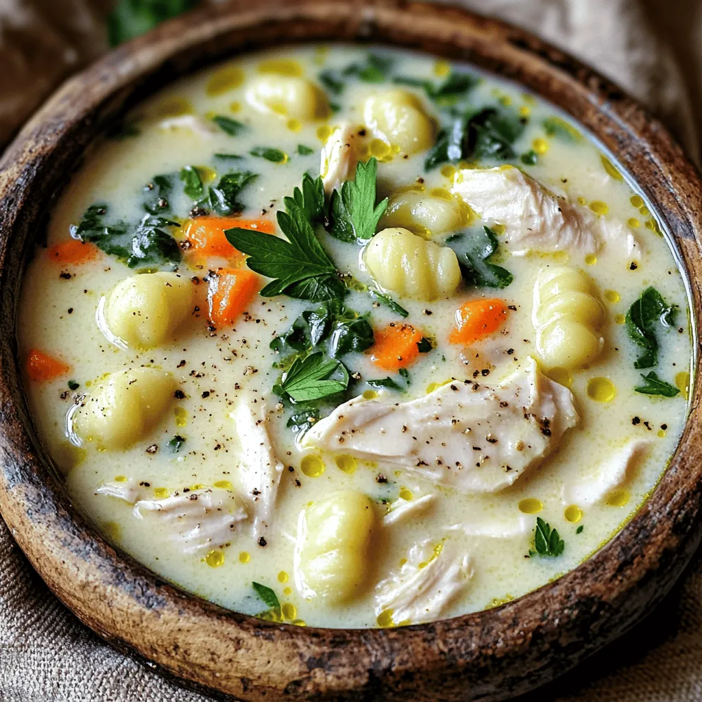 - Chicken and vegetables - 1 lb (450g) boneless, skinless chicken breasts, diced - 1 medium onion, diced - 2 carrots, diced - 2 celery stalks, diced - 3 cloves garlic, minced - 2 cups fresh spinach, chopped - Broth and cream components - 4 cups chicken broth - 1 cup heavy cream - 1 package (16 oz) potato gnocchi - Seasonings and garnishes - 1 tablespoon olive oil - 1 teaspoon Italian seasoning - Salt and pepper to taste - Fresh parsley, chopped (for garnish) The ingredients for Creamy Chicken and Gnocchi Soup create layers of flavor. The chicken adds protein and a rich taste. Onions, carrots, and celery give a sweet, earthy base. Garlic brings a punch that makes each spoonful exciting. The broth is crucial. Chicken broth adds depth, while heavy cream makes it rich and smooth. Potato gnocchi adds heartiness and a delightful texture. Fresh spinach gives color and a mild taste. Seasonings tie everything together. Italian seasoning offers a blend of herbs. Salt and pepper bring out the best in each ingredient. Finally, chopped parsley adds a fresh finish that brightens the dish. For the full recipe, check out the details above. Cooking the chicken First, heat 1 tablespoon of olive oil in a large pot over medium heat. Add 1 pound of diced chicken. Season it with salt and pepper. Cook the chicken for about 5–7 minutes. You want it browned and cooked through. Once done, remove the chicken and set it aside. Sautéing the vegetables In the same pot, add a diced onion, 2 diced carrots, and 2 diced celery stalks. Sauté these for about 5 minutes. Watch for them to soften but not brown. Next, add 3 minced garlic cloves. Sauté for an extra minute until you smell that great garlic aroma. Combining ingredients Pour in 4 cups of chicken broth and bring it to a boil. Once it boils, reduce the heat to a simmer. Stir in the potato gnocchi. Cook for about 3–4 minutes. The gnocchi will start to float, which means they are ready. Adding the gnocchi After the gnocchi floats, add the cooked chicken back into the pot. Mixing in the cream and spinach Next, pour in 1 cup of heavy cream and 2 cups of chopped fresh spinach. Stir well to combine everything. Cook for an additional 3–5 minutes. The spinach should wilt, and the soup will heat through. Seasoning for taste Finally, taste the soup and add more salt and pepper if needed. Your Creamy Chicken and Gnocchi Soup is almost ready to enjoy! For the full recipe, check the section above. Ensuring chicken is cooked through Cook the chicken until it reaches 165°F. This makes sure it is safe to eat. I recommend cutting the chicken into small pieces. This helps it cook faster and more evenly. Perfecting gnocchi texture Add gnocchi to boiling soup. Cook until they float to the top. This shows they are done. Don't overcook them, or they may become mushy. Enhancing flavors with seasonings Use fresh herbs for a bright taste. Italian seasoning works great in this recipe. You can also add a pinch of garlic powder or red pepper flakes for some heat. Best accompaniments for the soup This soup pairs well with crusty bread. You can also serve it with a fresh salad. Both add nice textures and flavors. Ideal serving temperature Serve the soup hot. This keeps it creamy and delicious. Let it cool for a few minutes before serving. It will be hot right off the stove. For more details, check out the Full Recipe. {{image_2}} You can easily switch proteins in this soup. Try using turkey or shrimp instead of chicken. Both options keep the soup tasty and fun. If you want a dairy-free version, use coconut milk or a nut-based cream. These options give the soup a nice flavor without the dairy. To add more vegetables, toss in some diced zucchini, bell peppers, or mushrooms. These veggies add color and extra good nutrients. Herbs and spices can really change the taste of your soup. Fresh basil, thyme, or rosemary can make it pop. Just add a little at a time and taste as you go. You can also use different broths to change the flavor. Vegetable broth or even a seafood broth can give your soup a unique twist. Experimenting with these options can lead to new favorites! To keep your creamy chicken and gnocchi soup fresh, cool it first. Once it’s cool, transfer it to an airtight container. This way, it won’t absorb other smells from the fridge. Use glass or plastic containers with tight lids for the best results. Label the container with the date so you know how long it has been stored. The soup stays good for about three to four days in the fridge. When you’re ready to enjoy your soup again, the best method is on the stovetop. Pour the soup into a pot and heat it over medium-low heat. Stir it often to keep it from sticking. If you want to use a microwave, place the soup in a microwave-safe bowl. Heat it in short bursts, stirring in between. This helps keep the soup from getting too hot in spots. To maintain its creamy texture, you may want to add a splash of broth or cream while reheating. Enjoy the comforting flavors just like the first time! Yes, you can freeze this soup! Just let it cool first. Store it in airtight containers. It stays good for about three months. When you are ready to eat, thaw it in the fridge overnight. Reheat on the stove until hot. This soup lasts about three to four days in the fridge. Make sure to keep it in a sealed container. If you notice any off-smells or changes in texture, it’s best to throw it away. Always give it a good stir before serving again. This soup pairs well with crusty bread or a fresh salad. A side of garlic bread is also a hit! You can even serve it with cheese on top for extra flavor. Enjoy your meal with family or friends for a cozy dinner! For the full recipe, check out the detailed instructions above. This blog post shared how to make a delicious Creamy Chicken and Gnocchi Soup. We covered ingredients like chicken, veggies, broth, and seasonings. You learned the steps to cook and combine these ingredients for the best flavor. I also gave tips on serving and storing leftovers. Remember, cooking can be fun and flexible. Don’t hesitate to adjust recipes based on your taste. Enjoy making this comforting soup with friends or family, and explore the variations to make it yours. Happy cooking!