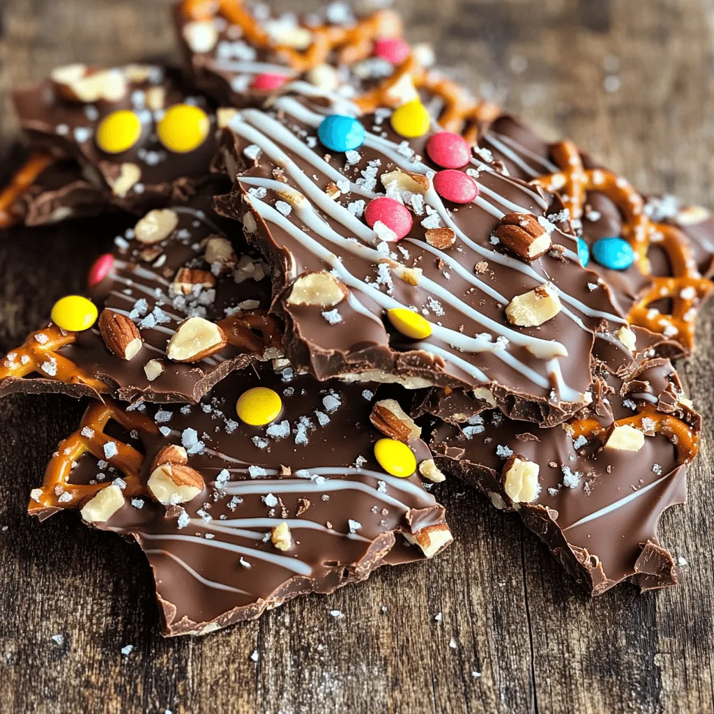 - 2 cups pretzel sticks (broken into pieces) - 1 cup semi-sweet chocolate chips - 1/2 cup white chocolate chips - 1/4 cup crushed nuts (almonds, peanuts, or pecans) - 1/4 cup mini chocolate candies (like M&M's) - Sea salt, for sprinkling When I create chocolate covered pretzel bark, I choose high-quality ingredients. The pretzel sticks add crunch and saltiness, which balance the sweet chocolate. I use semi-sweet chocolate chips for a rich flavor. White chocolate chips bring a creamy texture. Crushed nuts add a nice crunch, while mini chocolate candies add fun color and extra sweetness. Finally, a light sprinkle of sea salt elevates all the flavors. - Microwave-safe bowls - Baking sheet - Parchment paper - Spatula I find that having the right tools makes the process easier. Microwave-safe bowls help me melt chocolate without making a mess. A baking sheet lined with parchment paper makes it simple to lift off the bark when it’s ready. A spatula is perfect for spreading the melted chocolate evenly. - Total Prep Time: 15 minutes - Chill Time: 30-60 minutes This recipe is quick to prepare. It takes only 15 minutes to get everything ready. Then, you chill the bark for 30 to 60 minutes. This time allows the chocolate to set, making it easy to break into pieces later. You can find the full recipe in the earlier sections to get started right away! - Prepare the Baking Sheet Line a baking sheet with parchment paper. This helps the bark come off easily later. - Melt the Semi-Sweet Chocolate In a microwave-safe bowl, add 1 cup of semi-sweet chocolate chips. Microwave for 30 seconds. Stir and repeat until it is smooth, which takes about 1-2 minutes. - Combine Pretzels and Chocolate In a large bowl, mix 2 cups of broken pretzel pieces with the melted chocolate. Make sure every pretzel piece is coated well. - Spread onto the Baking Sheet Pour the chocolate-covered pretzel mix onto the lined baking sheet. Use a spatula to spread it out evenly. - Drizzle White Chocolate In another bowl, melt 1/2 cup of white chocolate chips. Drizzle this over the pretzel layer in a zigzag pattern. - Add Toppings and Sea Salt While the white chocolate is still warm, sprinkle on 1/4 cup of crushed nuts and 1/4 cup of mini chocolate candies. Finish with a light sprinkle of sea salt. - Chill the Bark Place the baking sheet in the fridge for 30-60 minutes. This helps the bark harden completely. - Break into Pieces Once the bark is set, take it out of the fridge. Break it into bite-sized pieces. - Presentation Tips Serve your chocolate-covered pretzel bark on a nice platter or in a clear jar. A ribbon can make it a perfect gift! For a complete guide, check the Full Recipe. - Avoiding Overheating the Chocolate To melt chocolate well, heat it slowly. Use a microwave on low power. Microwave in 30-second bursts, stirring each time. This method prevents burning. If you see any lumps, stir until smooth. - Using High-Quality Chocolate Choose good chocolate for the best taste. Look for brands with a high cocoa content. This makes your bark richer and more flavorful. Avoid cheap chocolate, as it may not melt well. - Suggestions for Additional Toppings You can add fun toppings to your bark. Try mini marshmallows, dried fruits, or crushed cereal. Each topping brings a new flavor and texture. Mix and match to find your favorites. - Flavor Variations for Different Occasions Change flavors based on the season. Add peppermint for winter or fruity flavors for summer. You can also use spices like cinnamon or chili powder for a kick. Get creative with what you love. - What to Do If the Bark Doesn't Hard If your bark does not harden, chill it longer. It may need more time in the fridge. Make sure the chocolate is fully melted and mixed. If it still doesn’t set, check if you used enough chocolate. Re-melt and try again if needed. {{image_2}} You can change the chocolate you use. For a darker taste, try dark chocolate. It adds rich flavor and a hint of bitterness. Melt it just like semi-sweet chocolate. If you want a sweeter treat, use milk chocolate. It gives a creamy taste. The kids often love this option. Melt it the same way and mix it with the pretzels. If you want a nut-free treat, there are easy swaps. Use seeds instead of nuts. Sunflower seeds or pumpkin seeds work well. They add crunch and flavor without allergens. You can also use dried fruit. Chopped raisins or cranberries add a sweet twist. Just sprinkle them on top of the bark for added flavor. You can customize your bark for the seasons. For holidays, add festive sprinkles or themed candies. Red and green candies look great for Christmas. At parties, try flavor twists. Add crushed candies or flavored chips. They can make your bark stand out. The options are endless, so get creative! To keep your chocolate covered pretzel bark fresh, use an airtight container. Glass jars or plastic containers work well. Line the bottom with parchment paper. This helps avoid sticking. Store the bark in a cool, dry place. Avoid direct sunlight and heat. This keeps the chocolate from melting or becoming too soft. The bark lasts about two weeks when stored properly. After that, it may lose its crunch and taste. Look for signs that the bark has gone bad. If you see white spots on the chocolate, it's called "bloom." This happens when chocolate gets warm and then cools. The bark is still safe to eat, but it may not taste great. You can freeze chocolate covered pretzel bark for longer storage. Wrap it tightly in plastic wrap. Then place it in a freezer bag. To thaw, take the bark out and leave it at room temperature. It will be ready to eat in about an hour. Avoid microwaving, as this can make the chocolate melt. For the full recipe, check the earlier section. How long does it take to make Chocolate Covered Pretzel Bark? It takes about 15 minutes to prep and 30 to 60 minutes to chill. You can enjoy this treat in under an hour! Can I use other types of pretzels? Yes, you can use any pretzel type you like. Stick pretzels work well, but waffle or chocolate-covered ones add fun twists. Is there a vegan version of this recipe? You can make it vegan by using dairy-free chocolate chips. Look for brands that are labeled vegan. Where to Buy Chocolate Covered Pretzel Bark You can find pre-made Chocolate Covered Pretzel Bark at most grocery stores. Check the snack aisle or the candy section. Reviews of Popular Brands Many brands offer great options. Look for those with high ratings for taste and quality. Some favorites include Trader Joe's and Snack Factory. Nutritional Information A serving has about 150 calories. It includes sugars, fats, and some protein from the nuts. Always check the nutrition label for details. Can this recipe be made gluten-free? Yes! Simply use gluten-free pretzels. Many brands offer gluten-free options that taste just as good. In this post, we covered how to make tasty Chocolate Covered Pretzel Bark. We talked about the ingredients, tools, and easy steps for mixing and chilling. I shared tips to make your bark delicious and ideas for fun variations. Remember, you can store it well for later treats. Try out this recipe for a fun snack or gift. Enjoy making it your own!