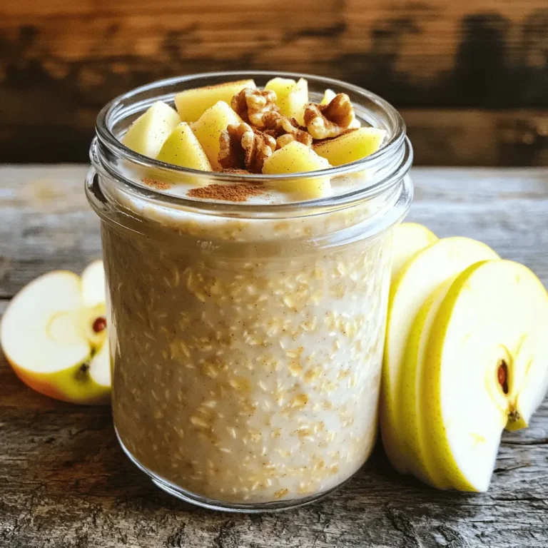 To make this healthy meal, gather these simple ingredients: - 1 cup rolled oats - 2 cups almond milk (or any milk of choice) - 1 apple, diced (preferably a sweet variety like Fuji or Honeycrisp) - 1 teaspoon ground cinnamon - 2 tablespoons maple syrup (or honey) - 1/4 cup Greek yogurt (optional, for creaminess) - 1/4 cup walnuts, chopped (or your favorite nuts) - A pinch of salt - Extra apple slices and cinnamon for topping Each ingredient in Apple Cinnamon Overnight Oats brings health benefits. - Rolled oats: They are high in fiber. This helps with digestion and keeps you full. - Almond milk: A low-calorie option, it is rich in vitamins and minerals. - Apples: Apples add sweetness and provide vitamins. They are also high in fiber. - Cinnamon: This spice may help lower blood sugar. It adds flavor without calories. - Maple syrup: A natural sweetener, it contains antioxidants. - Greek yogurt: This adds protein and creaminess. It’s good for your gut. - Walnuts: They are packed with healthy fats and can boost brain health. You can easily swap ingredients based on your needs: - Rolled oats: Use quick oats if you need them to soak faster. - Almond milk: Any milk works, like cow's milk or oat milk. - Apple: Any sweet apple will work, such as Gala or Granny Smith. - Maple syrup: Honey or agave syrup can replace maple syrup. - Greek yogurt: For a dairy-free option, use coconut yogurt. - Walnuts: Any nuts, like almonds or pecans, can be used. Now you have everything you need to get started on your Apple Cinnamon Overnight Oats. For the full recipe, check out the detailed instructions and enjoy a tasty and healthy meal! To make Apple Cinnamon Overnight Oats, start by gathering your ingredients. You will need rolled oats, almond milk, a diced apple, ground cinnamon, maple syrup, Greek yogurt, chopped walnuts, salt, and some extra apple slices for topping. In a medium bowl, mix the rolled oats and almond milk first. Then add the diced apple, ground cinnamon, maple syrup, and a pinch of salt. If you want creaminess, add Greek yogurt too. Stir everything well until it is nicely blended. Mixing is key to great overnight oats. Make sure you break up any clumps of oats. A sturdy spoon or spatula works best. You want every oat to soak up the milk and flavors. Mixing ensures you get a tasty bite every time you dig in. Take your time with this step. It’s worth it for the perfect blend of flavors! After mixing, divide the mixture into jars or containers. Use ones with lids for easy storage. Top each jar with chopped walnuts for crunch. Seal the jars and place them in the fridge. Let the oats sit overnight, or at least for four to six hours. This resting time helps the oats absorb the liquid. When ready to eat, stir the oats again. If they are too thick, add a splash of almond milk. Finish with apple slices and a sprinkle of cinnamon. Enjoy this healthy meal! For the full recipe, check the earlier section. To make the best overnight oats, start with rolled oats. They soak well and keep a nice texture. Use a good ratio of oats to liquid. I suggest one part oats to two parts milk. This ensures they stay creamy, not too runny. Mix all your ingredients well before refrigerating. Stirring lets the flavors blend. If you want more creaminess, add Greek yogurt. It makes the oats rich and smooth. Also, remember to add a pinch of salt. This helps balance the sweetness. You can boost the flavor of your overnight oats with extras. Try adding nuts for crunch. Chopped walnuts work great, but almonds or pecans are tasty too. Dried fruits like raisins or cranberries add sweetness and chewiness. Want a spice kick? Mix in nutmeg or ginger. You can also swap maple syrup for honey or agave. These small changes can make a big difference. Avoid using instant oats. They can turn mushy and lose texture. Stick to rolled oats for the best outcome. Don’t skip the soaking time. This step is key for the oats to absorb the milk and flavors. Also, watch your liquid amount. Too much can make your oats soupy. If it’s too thick, you can always add milk before eating. Lastly, remember to seal your containers well. This keeps the oats fresh and tasty overnight. For a full recipe, check out the Apple Cinnamon Overnight Oats 🥣. {{image_2}} You can play with flavors in your apple cinnamon overnight oats. Want a nutty twist? Add some almond butter or peanut butter to the mix. This will make it creamy and rich. For a fruity touch, toss in some berries or sliced bananas. These fruits add a pop of color and flavor. You can even swap apples for pears if you like. Each fruit brings a new taste to the dish. If you need a gluten-free option, use certified gluten-free oats. Most rolled oats are safe, but always check the label. You want to ensure there is no cross-contamination. Almond milk is naturally gluten-free, which is great for this recipe. The other ingredients, like maple syrup and nuts, are also gluten-free. This way, everyone can enjoy a tasty breakfast without worry. To make your overnight oats vegan, simply skip the Greek yogurt. Instead, add a bit more almond milk or use coconut yogurt for creaminess. You can also use agave syrup instead of honey. Both sweeteners will keep the taste sweet and enjoyable. With these simple swaps, you keep the dish healthy and plant-based. You can enjoy a delicious meal that fits your diet perfectly. Try these variations to keep your apple cinnamon overnight oats exciting. Each option allows you to explore new flavors while sticking to the healthy basics of the recipe. For the full recipe, check the previous section. To keep your Apple Cinnamon Overnight Oats fresh, store them in the fridge. Use airtight containers or jars. This helps keep out air and moisture, which can spoil your oats. Make sure the lids fit well. You can also keep them in the back of the fridge, where it's coolest. You can store your prepared overnight oats in the fridge for up to five days. After that, they may lose their taste and texture. If you notice any off smells or changes, it's best to toss them. Always check before you eat. When you want to enjoy your leftovers, you can eat them cold or warm them up. If you choose to reheat, place them in a microwave-safe bowl. Heat in short bursts, stirring in between, until warm. If the oats seem thick, add a splash of milk to loosen them. Enjoy them fresh and tasty! For the full recipe, check the earlier section. Apple Cinnamon Overnight Oats can stay fresh for up to five days in the fridge. Store them in airtight containers to keep out air and moisture. The oats will soak up the flavors and get softer over time. If you notice any odd smells or changes in color, throw them away. Yes, you can use instant oats, but the texture will change. Instant oats cook faster and become mushy more quickly than rolled oats. If you prefer a creamier mix, instant oats work well. Just adjust the liquid a bit, as they absorb more. Toppings can take your oats to the next level. Here are some great options: - Fresh fruit: berries, banana slices, or more diced apples - Nuts: almonds, pecans, or more walnuts for crunch - Seeds: chia seeds or hemp seeds for added nutrition - Sweeteners: a drizzle of honey or more maple syrup, if you like it sweet - Spices: a sprinkle of nutmeg or more cinnamon for extra flavor Mix and match based on your taste! This article covered how to make Apple Cinnamon Overnight Oats. We explored the key ingredients, their benefits, and substitutions. The step-by-step instructions guide you to the perfect dish. Useful tips help avoid common mistakes and improve flavors. Finally, variations and storage tips ensure you enjoy these oats longer. Remember, each bowl can be a new adventure. Try different flavors and toppings to make it yours. With practice, you'll master the art of overnight oats. Enjoy your tasty, healthy breakfast daily!
