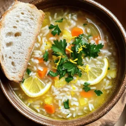 - 1 cup uncooked long-grain rice - 8 cups chicken or vegetable broth - 1 medium onion, diced - 2 carrots, diced - 2 celery stalks, diced - 2 cloves garlic, minced - 3 large eggs - 1/2 cup fresh lemon juice (about 2-3 lemons) - Zest of 1 lemon - Salt and pepper to taste - 2 tablespoons olive oil - Fresh parsley, for garnish The rice is the heart of this soup. It adds bulk and texture. I use long-grain rice for a light, fluffy feel. The broth serves as a base for the soup, giving it deep flavor. You can choose chicken for richness or vegetable for a lighter touch. Lemon juice and zest bring bright acidity. They make each spoonful refreshing. The eggs are key for creaminess. They thicken the soup and add richness without using cream. Fresh parsley adds color and a fresh taste. Always use high-quality broth. Homemade broth is best, but store-bought works too. Choose fresh vegetables for crispness and flavor. I recommend organic options when possible. Fresh lemons are a must for the best taste. Look for firm lemons with bright skin. Be sure to use eggs that are fresh and free-range for better taste and nutrition. For olive oil, extra virgin is the best choice. It adds rich flavor and health benefits. To make Easy Greek Lemon Rice Soup, gather your ingredients. You will need rice, broth, vegetables, eggs, lemon, and olive oil. This soup is simple and quick. In about 35 minutes, you can enjoy a warm bowl. 1. In a large pot, heat 2 tablespoons of olive oil over medium heat. 2. Add 1 diced onion, 2 diced carrots, and 2 diced celery stalks. Sauté for 5-7 minutes. The veggies should be soft and fragrant. 3. Stir in 2 minced garlic cloves. Cook for 1 more minute. 4. Pour in 8 cups of chicken or vegetable broth. Bring to a boil. 5. Once boiling, add 1 cup of uncooked long-grain rice. Lower the heat and simmer for 15 minutes. The rice should be tender. 6. While the rice cooks, prepare the lemon-egg mix. In a bowl, whisk together 3 large eggs, 1/2 cup of fresh lemon juice, and the zest of 1 lemon. 7. When the rice is done, take the pot off the heat. Let it cool slightly. 8. To temper the egg mix, ladle some hot broth into the egg mix while whisking. Do this a few times. 9. Gradually pour the tempered egg-lemon mix back into the soup, stirring constantly. This keeps the eggs from cooking. 10. Season your soup with salt and pepper to taste. Serve the soup hot in deep bowls. Garnish with fresh parsley and extra lemon zest. You can enjoy it with warm crusty bread. This adds flavor and makes it a complete meal. You will love this fresh taste! For the full recipe, check the details above. To make your Easy Greek Lemon Rice Soup shine, use fresh ingredients. Fresh lemon juice adds zing. Fresh parsley brightens the dish. You can also try adding a pinch of dried oregano for more depth. A touch of cumin can give a warm note. If you want creaminess, stir in a splash of cream at the end. Just remember, balance is key! One common mistake is cooking the rice too long. This can make it mushy. Keep an eye on it and check for doneness. Another mistake is adding the egg mixture too quickly. Always temper the eggs with hot broth first. This prevents curdling. Finally, don’t skip seasoning. Salt and pepper enhance the flavors. Taste as you go! Serve your soup in deep bowls. A sprinkle of lemon zest on top adds flair. You can also garnish with extra parsley. Serve with warm, crusty bread on the side. It’s perfect for dipping! For a twist, pair it with a fresh Greek salad. This combo makes for a delightful meal. For more tips, check the Full Recipe. {{image_2}} If you need to make changes for dietary needs, you can swap some ingredients. For a gluten-free version, use rice instead of pasta. You can also use vegetable broth instead of chicken broth. If you're vegan, replace the eggs with silken tofu. This will give your soup the same creamy texture. To boost the flavor, try adding fresh herbs like dill or mint. You can also toss in some cooked chicken for extra protein. A dash of paprika or cayenne pepper adds a nice kick. If you love spice, a few red pepper flakes work well too. These small additions can change the soup's taste and make it unique. You can make this soup in a slow cooker. Just add all ingredients and set it on low for 6-8 hours. It’s a hands-off way to cook. If you prefer an Instant Pot, set it to high pressure for 10 minutes. Release the pressure naturally for the best results. Both methods save time and effort while still delivering great flavor. For more ideas, check out the Full Recipe to explore all the ways to enjoy this delightful dish! After enjoying your Easy Greek Lemon Rice Soup, you may have some left. To store it, let the soup cool to room temperature. Then, pour it into an airtight container. Make sure to seal it tightly. You can keep it in the fridge for up to three days. This way, you can enjoy it again soon! When you're ready to enjoy your soup again, simply take it out of the fridge. Pour the soup into a pot and heat over medium heat. Stir it often to keep it from sticking. Heat until it bubbles gently. You can also use a microwave. Just put it in a microwave-safe bowl. Cover it loosely and heat in short bursts, stirring in between. If you want to keep the soup for longer, freezing is a great option. First, let the soup cool completely. Then, pour it into freezer-safe bags or containers. Leave some space at the top for expansion. You can freeze the soup for up to three months. When you’re ready to eat, just thaw it in the fridge overnight. Reheat it as mentioned before, and enjoy your comforting bowl of soup! To make this soup vegan, swap the eggs with a plant-based option. You can use silken tofu blended with lemon juice. Just mix it in towards the end, like you would with the eggs. Use vegetable broth instead of chicken broth. This keeps the soup rich and tasty without animal products. Yes, you can add more vegetables! Broccoli, spinach, or peas work well. Just chop them small. Add them when you add the rice. This way, they cook in the broth and get soft. More veggies boost flavor and nutrition. This soup is healthy and comforting. It has protein from the eggs, which helps build strong muscles. The rice gives you energy. The fresh lemon juice adds vitamin C, which is great for your immune system. The veggies provide fiber, keeping your digestive system happy. Overall, it’s a hearty dish that warms you up and fuels your body. For the full recipe, check out the detailed steps I shared earlier. We covered how to make Easy Greek Lemon Rice Soup, from ingredients to storage. You learned the key ingredients and how to prepare them. I shared tips for great flavor and ways to avoid common mistakes. Variations allow for dietary needs and new tastes. Lastly, I provided helpful storage and reheating tips to keep your soup fresh. Enjoy experimenting with this recipe and make it your own!