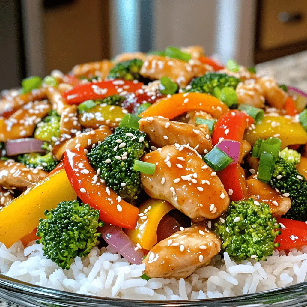 - 1 lb boneless, skinless chicken breast - 2 cups mixed bell peppers - 1 cup broccoli florets - 1 medium red onion - 3 cloves garlic - 1 tablespoon fresh ginger - 1/4 cup sweet chili sauce - 2 tablespoons low sodium soy sauce - 1 tablespoon cornstarch - 2 tablespoons vegetable oil - Salt and pepper to taste - Cooked jasmine rice or noodles - Garnish: sesame seeds and green onions When I prepare Sweet Chili Chicken Stir Fry, I love how the colors pop. The bright bell peppers and green broccoli make the dish so inviting. I use boneless, skinless chicken breast for a lean protein. You can slice it into thin strips for even cooking. The bell peppers come in red, yellow, and green. They add sweetness and a nice crunch. Broccoli florets not only taste great but also add nutrition. I slice a medium red onion for flavor and color. Garlic and ginger bring warmth and zest to the dish. I use three cloves of minced garlic and one tablespoon of freshly grated ginger. The sweet chili sauce gives the stir fry its name. I use a quarter cup for a perfect balance of sweetness and spice. Low sodium soy sauce adds depth without being too salty. Just two tablespoons will do. I mix one tablespoon of cornstarch with water to thicken the sauce. This helps it cling to the chicken and veggies. For cooking, I prefer vegetable oil. Two tablespoons give the dish a nice sizzle. Don’t forget to season with salt and pepper to taste. I serve the stir fry over jasmine rice or noodles. Finally, I like to garnish with sesame seeds and chopped green onions. They add a lovely finishing touch. For the full recipe, check out the details above. Enjoy cooking! First, gather your chicken breast. Slice it into thin strips. This helps the chicken cook evenly. Place the chicken in a bowl. Add salt, pepper, and half of the sweet chili sauce. Mix well. Let it marinate for at least 15 minutes. This step adds flavor and tenderizes the meat. If you have time, marinating for longer makes it even better. Heat one tablespoon of vegetable oil in a large skillet or wok. Use medium-high heat for best results. Once the oil is hot, add the marinated chicken. Spread it out in a single layer. Cook the chicken for about 5-6 minutes. Stir occasionally, so it browns nicely. When the chicken is cooked through, remove it from the pan and set it aside. In the same pan, add the remaining tablespoon of oil. Toss in sliced onion, minced garlic, and grated ginger. Sauté these for 1-2 minutes until they smell great. Next, add the mixed bell peppers and broccoli florets. Stir-fry for about 4-5 minutes. You want them to be tender but still slightly crisp. Now, return the cooked chicken to the pan. Pour in the rest of the sweet chili sauce and soy sauce. Mix everything well. This is where the magic happens! To thicken the sauce, add the cornstarch slurry. Stir continuously for 1-2 minutes until the sauce gets nice and thick. Check the flavor and adjust with more salt or pepper if needed. To plate your dish, serve the stir fry over cooked jasmine rice or noodles. This adds a nice base for the flavors. Garnish your meal with sesame seeds and chopped green onions. These toppings not only look good but also add extra crunch. Enjoy your Sweet Chili Chicken Stir Fry with family or friends! For the full recipe, check the link above. To make the best stir fry, your pan must be hot. Heat your skillet or wok over medium-high heat. This helps the chicken cook fast and get crispy. If the pan is too cool, the chicken will steam, not fry. When sautéing vegetables, cut them evenly. This ensures they cook at the same rate. Add hard veggies like broccoli first, then softer ones like bell peppers. Stir frequently for even cooking. One common mistake is overcrowding the pan. If you add too much food, it will not fry well. Cook in batches if needed. Next, be careful about cooking times. Different vegetables need different times. For example, cook broccoli for about 4-5 minutes. Bell peppers need just 2-3 minutes to stay crisp. To boost flavor, consider adding spices like red pepper flakes or garlic powder. Fresh herbs, like basil or cilantro, also add a nice touch. For crispy chicken, ensure it’s dry before cooking. Pat it down with a paper towel. This helps it brown nicely. When you add the chicken to the pan, let it sit for a minute before stirring. This creates a nice crust. For the full recipe, check out the Sweet Chili Chicken Stir Fry. {{image_2}} You can change up the protein in your Sweet Chili Chicken Stir Fry. Tofu works great for a plant-based meal. It soaks up the sauce nicely. Shrimp is another option if you like seafood. For veggies, think about what is in season. You can use snap peas, carrots, or zucchini. These add color and flavor. Local farmers' markets often have fresh options. Adjusting sweetness and spice can make this dish your own. If you like it sweeter, add more sweet chili sauce. For more heat, try adding chili flakes or hot sauce. Want to make your own sweet chili sauce? Combine: - 1/2 cup sugar - 1/2 cup vinegar - 2 tablespoons soy sauce - 2 teaspoons garlic, minced - 1 teaspoon cornstarch mixed with 1 tablespoon water Heat until it thickens. This will give you a fresh twist. If you need a gluten-free option, use tamari instead of soy sauce. It has a similar taste. For lower calories, choose skinless chicken or leaner cuts. You can also use less oil when cooking. Remember, cooking is all about making it work for you. Enjoy experimenting! To keep your sweet chili chicken stir fry fresh, store it right. Place leftovers in an airtight container. This prevents moisture loss and keeps your dish tasty. Refrigerate within two hours of cooking. Use a shallow container for faster cooling. Glass or plastic containers work well. Make sure they seal tightly. Label the container with the date. This helps you track freshness. If you want to reheat, always check the smell and look first. For the best taste, reheat gently. The stovetop is ideal. Heat a pan over medium heat and add a splash of water. Stir until warm. If you use a microwave, use a microwave-safe dish. Cover it with a lid or a paper towel. This keeps moisture in. Heat in short bursts, checking often. Using the oven takes longer but keeps texture. Preheat to 350°F (175°C) and place the stir fry in a covered dish. Heat for about 15-20 minutes. The microwave is quicker but may make the chicken chewy. Choose based on your time and texture preference. If you want to save it for later, freezing works great. Allow the stir fry to cool completely. Then, pack it in freezer-safe bags or containers. Remove as much air as possible. For the best quality, use frozen stir fry within three months. It will still be safe beyond that, but flavor may fade. Always label with the date for easy tracking. You can use a few sauces. Try sriracha for heat. You can mix honey with soy sauce for sweetness. Another option is teriyaki sauce, though it's sweeter. Each sauce gives a unique flavor twist. Yes, frozen vegetables work well! Just make sure to thaw them first. Drain any excess water to avoid a soggy stir fry. Add them to the pan after the chicken is cooked. This keeps your dish crisp and tasty. To add heat, use fresh chili peppers. Slice them and toss them in while cooking. You can also add red pepper flakes or a dash of hot sauce. Start with a little, then taste and adjust as needed. Jasmine rice is a great choice for this stir fry. Its light flavor pairs well with the sauce. If you prefer noodles, use rice noodles or egg noodles. Both options soak up the sauce nicely and enhance the meal. For the full recipe, check out the Sweet Chili Chicken Stir Fry section. This blog outlines how to make a tasty stir fry. You learned about the key ingredients, from chicken to fresh veggies. We discussed marinating, cooking, and combining flavors for the perfect dish. You also got tips on avoiding common mistakes and ways to enhance your stir fry. Feel free to modify the recipe to fit your taste and needs. Remember, every stir fry can be unique. Now, grab your ingredients and start cooking! Enjoy your meal and impress your friends!