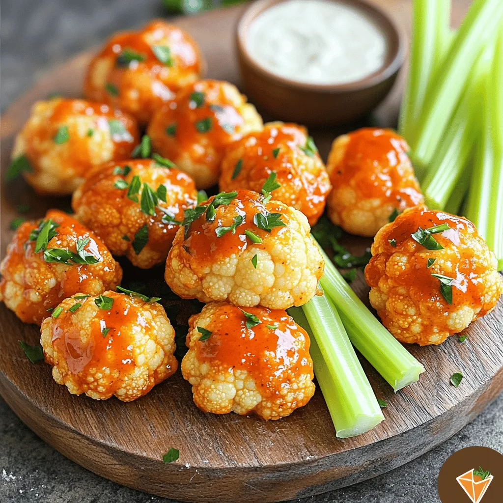 - 1 medium head of cauliflower, cut into bite-sized florets - 1 cup all-purpose flour (or chickpea flour for a gluten-free option) - 1 teaspoon garlic powder - 1 teaspoon onion powder - 1 teaspoon paprika - 1 teaspoon salt - 1 cup water (adjust for consistency) - 1 cup buffalo sauce (store-bought or homemade) - 2 tablespoons melted vegan butter or regular butter - Fresh parsley, chopped (for garnish) - Celery sticks (for serving, optional) - Blue cheese or ranch dressing (for dipping, optional) I love using fresh cauliflower for this recipe. It gives the bites a great texture. The flour helps coat the cauliflower and makes it crispy. You can use all-purpose flour or try chickpea flour if you need a gluten-free option. The garlic and onion powders add nice flavor. Paprika gives a warm color and a slight smokiness. Don’t forget the salt! It brings out all the flavors. For the batter, just mix the flour with water until it's thick but pourable. You can adjust the water to get the right consistency. Buffalo sauce is the star here. You can buy it or make your own. I like to mix it with melted butter for richness. Garnish with fresh parsley for color and serve with celery sticks and your favorite dipping sauce. Blue cheese or ranch is perfect for dipping! - Calories per serving: Approximately 150 - Macronutrient breakdown: - Carbohydrates: 20g - Fats: 5g - Proteins: 4g - For gluten-free, use chickpea flour instead of all-purpose flour. - For vegan options, use vegan butter and skip the dairy dressings. This section gives you all the info you need to gather your ingredients and make these tasty bites! - Preheat the Oven: Set your oven to 450°F (230°C). This high heat helps make the bites crispy. Line a baking sheet with parchment paper to prevent sticking. - Prepare the Cauliflower: Wash the cauliflower well. Cut it into bite-sized florets, making sure they are roughly the same size. This way, they will cook evenly. - Combine dry ingredients: In a medium bowl, mix 1 cup of flour, 1 teaspoon garlic powder, 1 teaspoon onion powder, 1 teaspoon paprika, and 1 teaspoon salt. These spices add great flavor to the bites. - Adjust consistency with water: Gradually add 1 cup of water to the dry mix. Whisk until you get a smooth batter. It should be thick but still pourable. If it’s too thick, add a bit more water. - Coat the cauliflower and arrange on baking sheet: Dip each cauliflower floret into the batter, making sure it’s well-coated. Place them on your prepared baking sheet. Leave some space around each piece to allow for even roasting. - Baking time and flipping protocol: Bake in the preheated oven for 20-25 minutes. Halfway through, flip the florets to ensure they brown evenly. - Final sauce coating and additional baking: While they bake, mix melted butter and buffalo sauce in a bowl. After the initial bake, toss the cauliflower bites in this sauce until well-coated. Return them to the oven for an extra 10 minutes to make them extra crispy. For the complete recipe, check the section labeled Full Recipe. Enjoy your cooking! To get that perfect crunch, bake at 450°F (230°C). High heat helps the batter crisp up nicely. Before baking, make sure the cauliflower florets are not crowded on the baking sheet. This allows hot air to flow freely and helps with crispness. Want to spice things up? Try adding cayenne pepper or chili powder to the batter. For a fresh twist, add chopped herbs like cilantro or dill. You can also sprinkle some nutritional yeast on top for a cheesy flavor. You can prepare the cauliflower ahead of time. Just coat it in the batter and store it in the fridge. When ready to bake, take it out and pop it in the oven. If you have leftovers, reheat them in an oven at 350°F (175°C) for about 10-15 minutes. This will help keep them crispy. For the full recipe, check the section above. {{image_2}} You can change the heat of your buffalo cauliflower bites. For a mild flavor, use a light buffalo sauce. If you want more heat, choose a medium or hot sauce. You can also mix sauces for a fun twist. Try adding a bit of cayenne pepper for extra kick. Switch things up with different sauces. Sweet chili sauce gives a nice sweetness. BBQ sauce adds a smoky touch. Garlic Parmesan brings a rich, savory flavor. For vegan options, use plant-based butter and a vegan sauce. If you follow a keto diet, swap the flour for almond flour. Plating can make a big difference. Serve your bites on a colorful platter with celery sticks. Add some fresh parsley for a pop of color. You can pair these bites with sides like carrot sticks or a fresh salad. They also work great for parties or game days. Try serving them with blue cheese or ranch dressing for dipping. After enjoying your Buffalo Cauliflower Bites, let them cool. Place leftovers in an airtight container. Store the container in the fridge. They stay fresh for about three days. When you're ready to eat, reheat them in the oven for crispiness. Avoid using the microwave, as it can make them soggy. You can freeze Buffalo Cauliflower Bites too! First, let them cool completely. Arrange them in a single layer on a baking sheet. Freeze until solid, then transfer to a freezer bag. Seal tightly, removing as much air as possible. They can stay in the freezer for up to three months. When you're ready to enjoy them, bake directly from frozen. Just add a few extra minutes to the baking time. In the fridge, Buffalo Cauliflower Bites last about three days. In the freezer, they can last for three months. If you notice any odd smell or change in color, it's best to toss them out. Always check for signs of spoilage before consuming leftovers. To make these bites gluten-free, simply swap all-purpose flour for chickpea flour. Chickpea flour works well and adds a nice nutty taste. You can also use gluten-free all-purpose flour blends. Just ensure the sauce you use is gluten-free too. Yes, you can prepare the cauliflower ahead of time. After you coat the florets in the batter, store them in the fridge for up to a day. Just remember to bake them fresh when you’re ready. This keeps them crispy and tasty. There are many great sauces for dipping. Blue cheese and ranch dressings are classic choices. If you want something lighter, try a yogurt-based dip. You could also make a spicy avocado sauce for a twist. Buffalo Cauliflower Bites are a healthier option than traditional buffalo wings. They offer fiber from the cauliflower and use less fat. However, they do have some sodium from the buffalo sauce. Enjoy them in moderation as part of a balanced diet. Absolutely! Air frying is a great option. It cooks the cauliflower quickly and keeps them crispy. Set your air fryer to 400°F (200°C) and cook for about 15-20 minutes. Shake the basket halfway through for even cooking. These buffalo cauliflower bites are easy to make and packed with flavor. You learned the key ingredients, how to prepare and bake them, and tips for crispiness. Remember, you can customize spice levels and try different dipping sauces. These bites can fit many diets with simple swaps like gluten-free flour. Enjoy making them for gatherings or a tasty snack. With these instructions, you'll impress friends and family with your cooking skills. Happy cooking!
