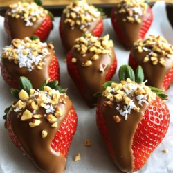 - 1 pound fresh strawberries - 8 ounces semi-sweet chocolate (or dark chocolate) - 1 tablespoon coconut oil (optional) - 1/4 cup crushed nuts (e.g., almonds, hazelnuts) - 1/4 cup shredded coconut - Parchment paper To make chocolate dipped strawberries, you’ll need fresh ingredients. Fresh strawberries are key for the best taste. I suggest using larger strawberries. They hold more chocolate and look better too. Next, you will need semi-sweet or dark chocolate. The choice depends on your taste. Semi-sweet gives a nice balance of sweet and rich. If you want a deeper flavor, dark chocolate is perfect. Coconut oil is optional but helps with a smooth melt. It makes the chocolate easier to dip. If you like crunch, crushed nuts work great as a topping. Almonds and hazelnuts are my favorites. Shredded coconut adds a nice touch too. It gives a tropical flavor. Lastly, don’t forget parchment paper! It keeps the strawberries from sticking. For the full recipe, combine these ingredients with a few simple steps. Enjoy the process and have fun! First, rinse the strawberries under cold water. Make sure to wash them well to remove any dirt. Next, gently pat them dry with a paper towel. It is very important that they are completely dry. Any moisture can cause the chocolate to slide off. Grab a microwave-safe bowl. Add the semi-sweet chocolate and coconut oil if you want a smoother melt. Heat the bowl in the microwave in 30-second bursts. Stir the chocolate between each interval. This method helps avoid burning. Stop when the chocolate is fully melted and smooth. Hold each strawberry by the green stem. Dip it into the melted chocolate, covering about two-thirds of the berry. Let any extra chocolate drip off. This step is key to a nice finish. Place the dipped strawberries on parchment paper. While the chocolate is still wet, you can add toppings. Try crushed nuts or shredded coconut; they add great texture. Sprinkle them on before the chocolate hardens. This way, they will stick well. Now, put the tray in the refrigerator. Let the strawberries chill for about 30 minutes. Cooling is crucial because it helps the chocolate set properly. This makes the chocolate firm and ready to eat. After the chocolate has hardened, they are ready to serve. You can arrange them on a nice plate. For a fun twist, pair them with whipped cream or ice cream. Enjoy your delicious treat! For the full recipe, check the complete instructions above. To melt chocolate well, avoid overheating. Many people microwave it too long. I suggest using short bursts, about 30 seconds at a time. Stir after each round. This helps you see if it’s smooth yet. If it’s not, keep going. Add a tablespoon of coconut oil for a smoother finish. It helps the chocolate glide over the strawberries. Make sure to use a microwave-safe bowl. Glass or ceramic works best. The type of chocolate matters a lot. I love semi-sweet chocolate for its balance of sweetness. Dark chocolate offers a richer taste and pairs well with the tartness of strawberries. Milk chocolate is sweeter but may not suit everyone’s taste. For great quality, I recommend brands like Ghirardelli or Callebaut. They both melt well and taste delicious. Look for chocolate labeled as “baking chocolate” for the best results. You can make your chocolate special by adding flavors. A few drops of vanilla extract can enhance the taste. Want something different? Try adding orange zest for a citrus twist. Toppings also add fun! Use crushed nuts, sprinkles, or even sea salt. If you want something tropical, sprinkle on some shredded coconut. Don’t wait too long to add these. They stick better when the chocolate is still wet. For the full recipe, see the section above. {{image_2}} To make white chocolate dipped strawberries, you need a few special ingredients. Here’s what you’ll need: - 1 pound fresh strawberries - 8 ounces white chocolate - 1 tablespoon coconut oil (optional) Start by rinsing your strawberries and drying them well. For white chocolate, I like to use a microwave-safe bowl. Heat the white chocolate in the microwave in 30-second bursts. Stir well after each burst. This helps avoid burning. If you want a smoother finish, add the coconut oil before melting. Once melted, dip your strawberries just like in the regular recipe. Let them cool on parchment paper. If you prefer a vegan version, simply swap out the chocolate. Use dark chocolate that is dairy-free. Here’s what you’ll need: - 1 pound fresh strawberries - 8 ounces dairy-free dark chocolate - 1 tablespoon coconut oil (optional) Follow the same steps as before. Melt the dairy-free chocolate in intervals, stirring well. The result is still delicious and creamy! Enjoy these treats without any animal products. You can get creative with seasonal flavors. Try using flavored chocolate, like strawberry or mint. You can also add other seasonal fruits. For example, think about dipping banana slices or orange segments. These can add fun colors and tastes to your treats. Experimenting with different toppings can also change the game. Add crushed pretzels for a salty crunch or drizzle some caramel for extra sweetness. The possibilities are endless, and each bite can surprise you! To keep your chocolate dipped strawberries fresh, store them in the fridge. Place them in a single layer on a plate or in a container. Cover them lightly with plastic wrap or a lid. This keeps them safe from drying out. Avoid stacking them to prevent smudging the chocolate. Make sure they are cool before you store them. This helps keep the chocolate hard. Keep moisture away from your chocolate. Water can make the chocolate sticky or ruin the texture. If you see any moisture, dry the strawberries before dipping. This ensures a smooth chocolate finish. You can freeze chocolate dipped strawberries for later. Here’s how: 1. Prepare: Place the strawberries on a parchment-lined tray. Make sure they do not touch each other. 2. Freeze: Put the tray in the freezer for about one hour. This helps them freeze evenly. 3. Store: After freezing, place the strawberries in a freezer bag. Remove as much air as possible before sealing. When you want to eat them, take out the strawberries. Allow them to thaw in the fridge for best results. This way, the chocolate stays smooth and tasty. Enjoy your treat anytime! Chocolate dipped strawberries taste best when fresh. They last about 1-2 days in the fridge. Keep them in an airtight container. This helps prevent moisture. If you leave them out, they can spoil quickly. Always eat them soon after making for the best flavor and texture. Yes, you can! You can use semi-sweet, dark, or white chocolate. Each type brings a unique taste. Dark chocolate has a rich flavor and less sugar. Semi-sweet chocolate is sweet and creamy. White chocolate is sweet and buttery. Experiment to find your favorite! Start by rinsing strawberries under cold water. Avoid using soap or any chemicals. After rinsing, gently pat them dry with a paper towel. Make sure they are completely dry. Any moisture can cause the chocolate to slide off. Clean berries lead to better results! You can find high-quality chocolate at specialty stores or online. Brands like Ghirardelli and Callebaut are great choices. Look for chocolate that has a high cocoa content. This gives a richer taste. Local markets often carry gourmet chocolate too. Always check for freshness! You learned how to make delicious chocolate dipped strawberries. We covered choosing fresh strawberries, melting chocolate, and adding fun toppings. I shared tips on storage and even some tasty variations. These treats are easy to prepare and sure to impress anyone. Remember to enjoy experimentation with flavors and toppings. Now, gather your ingredients and start dipping! You’ll love the sweet results.