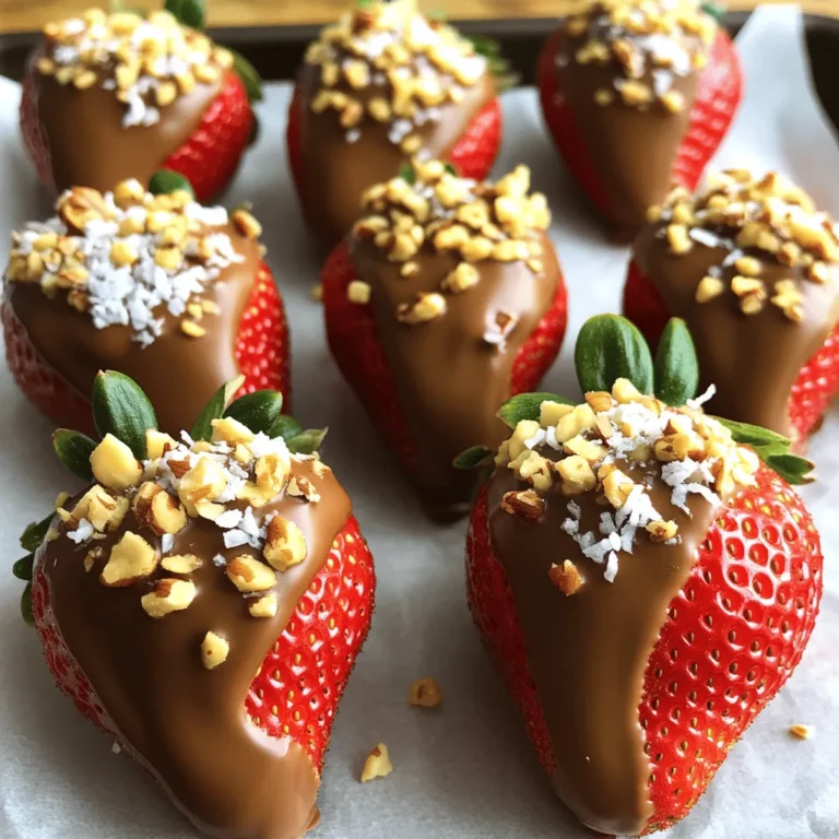 - 1 pound fresh strawberries - 8 ounces semi-sweet chocolate (or dark chocolate) - 1 tablespoon coconut oil (optional) - 1/4 cup crushed nuts (e.g., almonds, hazelnuts) - 1/4 cup shredded coconut - Parchment paper To make chocolate dipped strawberries, you’ll need fresh ingredients. Fresh strawberries are key for the best taste. I suggest using larger strawberries. They hold more chocolate and look better too. Next, you will need semi-sweet or dark chocolate. The choice depends on your taste. Semi-sweet gives a nice balance of sweet and rich. If you want a deeper flavor, dark chocolate is perfect. Coconut oil is optional but helps with a smooth melt. It makes the chocolate easier to dip. If you like crunch, crushed nuts work great as a topping. Almonds and hazelnuts are my favorites. Shredded coconut adds a nice touch too. It gives a tropical flavor. Lastly, don’t forget parchment paper! It keeps the strawberries from sticking. For the full recipe, combine these ingredients with a few simple steps. Enjoy the process and have fun! First, rinse the strawberries under cold water. Make sure to wash them well to remove any dirt. Next, gently pat them dry with a paper towel. It is very important that they are completely dry. Any moisture can cause the chocolate to slide off. Grab a microwave-safe bowl. Add the semi-sweet chocolate and coconut oil if you want a smoother melt. Heat the bowl in the microwave in 30-second bursts. Stir the chocolate between each interval. This method helps avoid burning. Stop when the chocolate is fully melted and smooth. Hold each strawberry by the green stem. Dip it into the melted chocolate, covering about two-thirds of the berry. Let any extra chocolate drip off. This step is key to a nice finish. Place the dipped strawberries on parchment paper. While the chocolate is still wet, you can add toppings. Try crushed nuts or shredded coconut; they add great texture. Sprinkle them on before the chocolate hardens. This way, they will stick well. Now, put the tray in the refrigerator. Let the strawberries chill for about 30 minutes. Cooling is crucial because it helps the chocolate set properly. This makes the chocolate firm and ready to eat. After the chocolate has hardened, they are ready to serve. You can arrange them on a nice plate. For a fun twist, pair them with whipped cream or ice cream. Enjoy your delicious treat! For the full recipe, check the complete instructions above. To melt chocolate well, avoid overheating. Many people microwave it too long. I suggest using short bursts, about 30 seconds at a time. Stir after each round. This helps you see if it’s smooth yet. If it’s not, keep going. Add a tablespoon of coconut oil for a smoother finish. It helps the chocolate glide over the strawberries. Make sure to use a microwave-safe bowl. Glass or ceramic works best. The type of chocolate matters a lot. I love semi-sweet chocolate for its balance of sweetness. Dark chocolate offers a richer taste and pairs well with the tartness of strawberries. Milk chocolate is sweeter but may not suit everyone’s taste. For great quality, I recommend brands like Ghirardelli or Callebaut. They both melt well and taste delicious. Look for chocolate labeled as “baking chocolate” for the best results. You can make your chocolate special by adding flavors. A few drops of vanilla extract can enhance the taste. Want something different? Try adding orange zest for a citrus twist. Toppings also add fun! Use crushed nuts, sprinkles, or even sea salt. If you want something tropical, sprinkle on some shredded coconut. Don’t wait too long to add these. They stick better when the chocolate is still wet. For the full recipe, see the section above. {{image_2}} To make white chocolate dipped strawberries, you need a few special ingredients. Here’s what you’ll need: - 1 pound fresh strawberries - 8 ounces white chocolate - 1 tablespoon coconut oil (optional) Start by rinsing your strawberries and drying them well. For white chocolate, I like to use a microwave-safe bowl. Heat the white chocolate in the microwave in 30-second bursts. Stir well after each burst. This helps avoid burning. If you want a smoother finish, add the coconut oil before melting. Once melted, dip your strawberries just like in the regular recipe. Let them cool on parchment paper. If you prefer a vegan version, simply swap out the chocolate. Use dark chocolate that is dairy-free. Here’s what you’ll need: - 1 pound fresh strawberries - 8 ounces dairy-free dark chocolate - 1 tablespoon coconut oil (optional) Follow the same steps as before. Melt the dairy-free chocolate in intervals, stirring well. The result is still delicious and creamy! Enjoy these treats without any animal products. You can get creative with seasonal flavors. Try using flavored chocolate, like strawberry or mint. You can also add other seasonal fruits. For example, think about dipping banana slices or orange segments. These can add fun colors and tastes to your treats. Experimenting with different toppings can also change the game. Add crushed pretzels for a salty crunch or drizzle some caramel for extra sweetness. The possibilities are endless, and each bite can surprise you! To keep your chocolate dipped strawberries fresh, store them in the fridge. Place them in a single layer on a plate or in a container. Cover them lightly with plastic wrap or a lid. This keeps them safe from drying out. Avoid stacking them to prevent smudging the chocolate. Make sure they are cool before you store them. This helps keep the chocolate hard. Keep moisture away from your chocolate. Water can make the chocolate sticky or ruin the texture. If you see any moisture, dry the strawberries before dipping. This ensures a smooth chocolate finish. You can freeze chocolate dipped strawberries for later. Here’s how: 1. Prepare: Place the strawberries on a parchment-lined tray. Make sure they do not touch each other. 2. Freeze: Put the tray in the freezer for about one hour. This helps them freeze evenly. 3. Store: After freezing, place the strawberries in a freezer bag. Remove as much air as possible before sealing. When you want to eat them, take out the strawberries. Allow them to thaw in the fridge for best results. This way, the chocolate stays smooth and tasty. Enjoy your treat anytime! Chocolate dipped strawberries taste best when fresh. They last about 1-2 days in the fridge. Keep them in an airtight container. This helps prevent moisture. If you leave them out, they can spoil quickly. Always eat them soon after making for the best flavor and texture. Yes, you can! You can use semi-sweet, dark, or white chocolate. Each type brings a unique taste. Dark chocolate has a rich flavor and less sugar. Semi-sweet chocolate is sweet and creamy. White chocolate is sweet and buttery. Experiment to find your favorite! Start by rinsing strawberries under cold water. Avoid using soap or any chemicals. After rinsing, gently pat them dry with a paper towel. Make sure they are completely dry. Any moisture can cause the chocolate to slide off. Clean berries lead to better results! You can find high-quality chocolate at specialty stores or online. Brands like Ghirardelli and Callebaut are great choices. Look for chocolate that has a high cocoa content. This gives a richer taste. Local markets often carry gourmet chocolate too. Always check for freshness! You learned how to make delicious chocolate dipped strawberries. We covered choosing fresh strawberries, melting chocolate, and adding fun toppings. I shared tips on storage and even some tasty variations. These treats are easy to prepare and sure to impress anyone. Remember to enjoy experimentation with flavors and toppings. Now, gather your ingredients and start dipping! You’ll love the sweet results.
