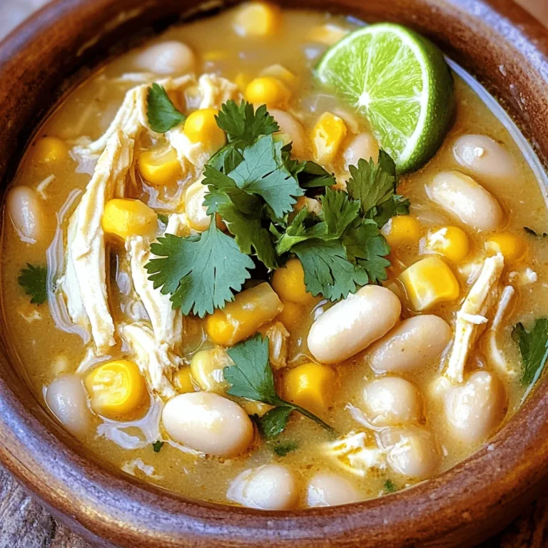 - 1 pound boneless, skinless chicken breasts - 1 can (15 oz) white beans, drained and rinsed - 1 can (15 oz) corn, drained - 1 medium onion, diced - 2 cloves garlic, minced For this Slow Cooker White Chicken Chili, I keep the main ingredients simple yet flavorful. The chicken breasts are the star. They break down nicely while cooking and add a great taste. White beans bring creaminess, while corn adds sweetness. Diced onion and minced garlic give depth to the dish. - 2 teaspoons ground cumin - 1 teaspoon dried oregano - 1 teaspoon chili powder - Salt and pepper to taste Spices make this chili exciting. Ground cumin adds warmth. Oregano gives it an earthy taste. Chili powder enhances the heat just right. You can adjust salt and pepper to your liking. These spices blend well with the other ingredients, creating a warm and inviting flavor. - 2 cups chicken broth - 1 can (4 oz) diced green chilies - ½ cup cream cheese, cut into cubes - Fresh cilantro for garnish (optional) - Lime wedges for serving The chicken broth keeps everything moist and adds more flavor. Diced green chilies give a little kick. Cream cheese makes the chili rich and creamy. Garnish with fresh cilantro for a pop of color and a burst of fresh taste. A squeeze of lime juice brings brightness to each bowl. You can find the full recipe to guide you through the cooking process. - Place chicken breasts in the slow cooker. - Add diced onion, minced garlic, white beans, corn, and green chilies. Starting with fresh chicken breasts, I love placing them at the bottom of the slow cooker. This gives them a chance to soak up all the flavors. Next, I add diced onion and minced garlic. These ingredients bring a great aroma and taste. Then, I include white beans, corn, and diced green chilies. These ingredients create a lovely mix of textures and flavors. - Pour in chicken broth. - Stir in cumin, oregano, chili powder, salt, and pepper. Next, I pour in the chicken broth. This adds moisture and helps everything cook nicely. After that, I stir in ground cumin, dried oregano, and chili powder. These spices bring warmth to the chili. Finally, I add salt and pepper to taste. Always check if it needs more seasoning. - Cover and cook on low for 6-8 hours or high for 3-4 hours. - Shred chicken and mix back into the chili. Now it's time to cover the slow cooker. I set it to low for 6-8 hours or high for 3-4 hours. The longer cooking time makes the chicken tender and tasty. When it’s done, I take the chicken out and shred it with two forks. I mix it back into the chili for a hearty meal. - Add cream cheese and stir until melted. - Taste and adjust seasoning as needed. For the final touch, I add cubes of cream cheese. I stir until it melts and makes the chili creamy. Before serving, I always taste it one last time. This way, I can adjust the seasoning to make it just right. This recipe is a warm hug in a bowl. You can find the full recipe above for all the details! - Choose the right chicken for shredding. Use boneless, skinless chicken breasts. They cook well and shred easily. - Use fresh ingredients for the best flavor. Fresh garlic, onion, and herbs make your chili vibrant. - How to fix a too-thick chili? If your chili is too thick, add more chicken broth. Stir well and heat it. This will help thin it out. - Adjusting flavors if too spicy? If your chili is too spicy, add cream cheese. It will balance the heat and add creaminess. - Best toppings to enhance flavor. Fresh cilantro, lime wedges, and sliced jalapeños bring brightness and zest. - Creative options for serving. Serve with tortilla chips or over rice for a filling meal. To elevate it, consider adding avocado slices or sour cream. For a complete guide on making this dish, check the Full Recipe. {{image_2}} You can switch chicken for turkey or beef. This change keeps the dish tasty. Each meat adds its unique flavor. If you prefer a dairy-free option, use a vegan cream cheese. This option still gives you that creamy feel without dairy. You can also try coconut cream. It adds richness and pairs well with spices. Want more spice? Add jalapeños to your chili. Chop them finely and mix them in. They bring heat and depth to the dish. You can also use different beans like pinto or black beans. Each bean has its own flavor and texture. Mixing beans gives your chili an exciting twist! Serve your chili with rice, warm tortillas, or crispy nachos. These sides soak up the chili's flavors. For a perfect meal, pair it with a simple salad. A fresh green salad balances the warmth of the chili. You can also add some avocado slices for creaminess. Enjoy your comforting bowl of chili with friends and family! To store your chili, let it cool first. Place it in an airtight container. This will keep it fresh in the fridge. Make sure to eat it within three to four days. If you want to keep it longer, freeze it. Use freezer-safe bags or containers for this. Label them with the date, so you know when you made it. When you reheat your chili, use a pot on the stove. This method helps keep the flavors strong. Stir it often to heat evenly. If it thickens too much, add a little chicken broth or water. This will bring back its creamy texture. You can also use the microwave, but be sure to stir it halfway through heating. Slow Cooker White Chicken Chili lasts about three to four days in the fridge. Make sure it is in a sealed container to keep it fresh. Yes, you can make this chili ahead of time! It tastes even better after the flavors blend. Just store it in the fridge or freezer as needed. White Chicken Chili pairs well with cornbread, tortilla chips, or a fresh salad. You can also add toppings like shredded cheese, sour cream, or avocado to enhance the flavor. This blog post gave you a clear path to making slow cooker white chicken chili. We covered the main ingredients, step-by-step instructions, helpful tips, and ideas for variations. You can create your own version by swapping ingredients or adding spices. Remember to store leftovers properly and reheat them carefully. Enjoy experimenting with this recipe to find what you love most. Your kitchen will be filled with delicious flavors that everyone will enjoy. Dive in and make this chili your own!