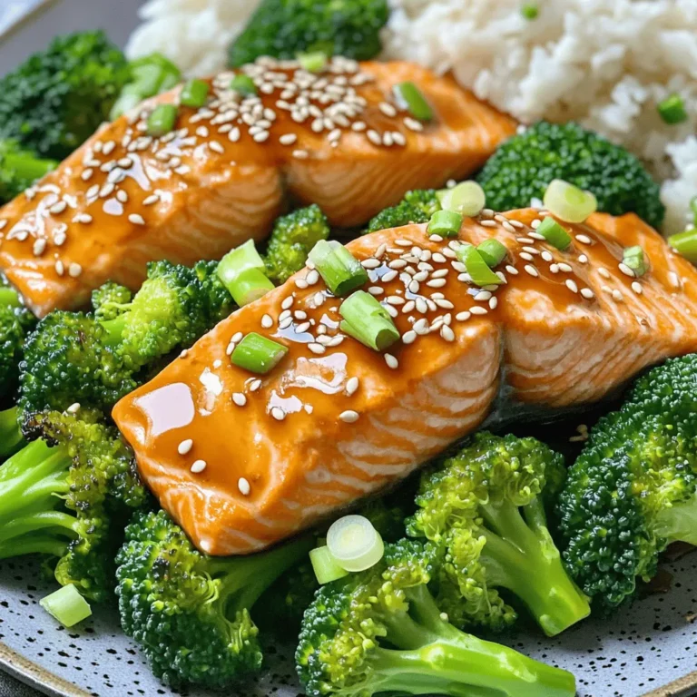 To make teriyaki salmon and broccoli, gather these essential ingredients: - 2 salmon fillets (about 6 oz each) - 1 cup broccoli florets - 1/4 cup low-sodium soy sauce - 2 tablespoons honey - 1 tablespoon rice vinegar - 2 cloves garlic, minced - 1 teaspoon grated fresh ginger - 1 tablespoon sesame oil - 1 tablespoon cornstarch - 1/4 cup water - Sesame seeds for garnish - Chopped scallions for garnish - Cooked rice or quinoa (to serve, optional) These ingredients create a balance of sweet and savory flavors in your dish. You might want to add a few optional ingredients for extra taste: - Red pepper flakes for heat - Lime juice for brightness - Sliced bell peppers for crunch - Carrots for sweetness These ingredients can enhance the dish and make it your own. I recommend using fresh ingredients whenever possible. Fresh salmon has a better taste and texture. Fresh broccoli also retains its crunch and bright color. However, frozen ingredients work well too. Frozen salmon and broccoli can save time and still taste good. Just make sure to thaw them before cooking. This way, you get the best flavor and texture in your teriyaki salmon and broccoli dish. For the full recipe, click [Full Recipe]. To start, gather your ingredients. You need low-sodium soy sauce, honey, rice vinegar, garlic, and ginger. In a small saucepan, mix the soy sauce and honey. Add the rice vinegar, minced garlic, and grated ginger. Heat this mixture over medium heat. Stir it well and let it simmer for about two to three minutes. Next, you'll thicken the sauce. In a bowl, combine cornstarch and water to make a slurry. Slowly whisk this slurry into the simmering sauce. Keep stirring until it thickens, which should take about one minute. Once thick, remove it from the heat and set aside. Now, let's cook the broccoli. You can steam or microwave the florets. If you use a steamer, it should take about four to five minutes. The broccoli should be bright green and tender but still crisp. If you use a microwave, place the florets in a microwave-safe bowl. Add a little water and cover it. Microwave for the same time. Once cooked, set the broccoli aside. It’s time to cook the salmon. First, season the fillets with salt and pepper. In a non-stick skillet, heat sesame oil over medium-high heat. Once hot, add the salmon fillets skin-side down. Cook for about four to five minutes until the skin gets crispy. Carefully flip the fillets over. Now, pour half of the teriyaki sauce over the salmon. Cook for another three to four minutes. Your salmon should be cooked to your liking at this point. To serve, place the cooked broccoli on a plate. Add the salmon on top and drizzle with the remaining teriyaki sauce. Garnish with sesame seeds and chopped scallions. Enjoy your dish! For the full recipe, check the other sections. To get crispy salmon skin, start with dry fillets. Pat the skin with a paper towel. This step helps remove extra moisture. Next, heat your pan until it is hot. Add sesame oil to the pan. Place the salmon skin-side down gently. Don't touch it for the first few minutes. Let it cook until the skin is golden and crispy. Flip it carefully, then pour the teriyaki sauce over it. This will keep the skin crunchy. Steaming broccoli keeps it bright and crisp. To steam, use a steamer basket or a microwave-safe bowl. If using a steamer, fill the pot with water, but don't let it touch the broccoli. Steam for 4-5 minutes. If using a microwave, add a little water to the bowl and cover it. Microwave on high for about the same time. The goal is tender but still firm. This method locks in color and nutrients, making it tasty and healthy. Marinades are a great way to add flavor. For this dish, use the teriyaki sauce you made. You can marinate the salmon for 15-30 minutes before cooking. This will deepen the flavor. For garnishes, sprinkle sesame seeds and chopped scallions on top. These add a nice crunch and freshness. You can also serve it over rice or quinoa. This adds texture and makes your meal more filling. You can find the full recipe linked above for more details. {{image_2}} You can add brown sugar to your teriyaki sauce for a sweet twist. Use about 1-2 tablespoons, depending on your taste. Brown sugar gives a rich flavor and helps the sauce caramelize on the salmon. Just mix it in with the soy sauce and other ingredients in the saucepan. This small change can elevate your dish to a new level. Feel free to mix in other veggies for more color and nutrients. Carrots, bell peppers, or snap peas work well. Just chop them small so they cook evenly. Add these veggies when you steam the broccoli or sauté them with the salmon. This addition makes your meal more fun and healthy. If you need a gluten-free option, swap the soy sauce with tamari. Tamari is a great choice that keeps the flavor of the sauce. Make sure to check labels on all your ingredients. Some honey brands might add gluten. With these simple swaps, anyone can enjoy this meal. You can find the full recipe for Teriyaki Salmon and Broccoli [Full Recipe]. To keep your teriyaki salmon and broccoli fresh, let it cool first. Place the leftovers in an airtight container. Store it in the fridge for up to three days. This way, your meal stays tasty and safe. When you're ready to eat your leftovers, reheat them gently. You can use a microwave or a skillet. If using a microwave, cover the dish with a microwave-safe lid. Heat it for about 1-2 minutes. Stir halfway to ensure even heating. If using a skillet, add a splash of water and cover it. Heat on low until warm. You can freeze teriyaki salmon and broccoli for later use. First, let it cool completely. Place the meal in a freezer bag or container. Remove as much air as possible to prevent freezer burn. It can last up to two months in the freezer. Thaw it overnight in the fridge before reheating. For the best taste, enjoy your leftovers fresh! For the full recipe, check out the recipe section above. You can use tamari as a great soy sauce substitute. Tamari is gluten-free and has a rich flavor. Coconut aminos is another option. It offers a sweeter taste and is lower in sodium. If you like a different flavor, try liquid aminos. This option works well for many recipes. You can store your teriyaki sauce in the fridge for up to a week. Make sure to keep it in an airtight container. If you want to store it longer, you can freeze it. It will stay good for about three months in the freezer. Just thaw it in the fridge before using. Yes, you can use chicken, shrimp, or tofu instead of salmon. Chicken thighs or breasts work well. For shrimp, use large ones for better texture. Tofu should be firm, and I suggest pressing it to remove extra water. Each protein will absorb the teriyaki sauce differently, adding unique flavors to your dish. In this post, we explored how to make teriyaki salmon and broccoli. We covered essential ingredients, from salmon and broccoli to optional flavor boosters. Step-by-step, I shared how to prepare the teriyaki sauce and cook everything to perfection. You learned tips for crispy salmon skin and steaming broccoli right. We also discussed variations, storage tips, and common questions. Eating this dish can be simple and fun. Now, it’s time for you to try it!