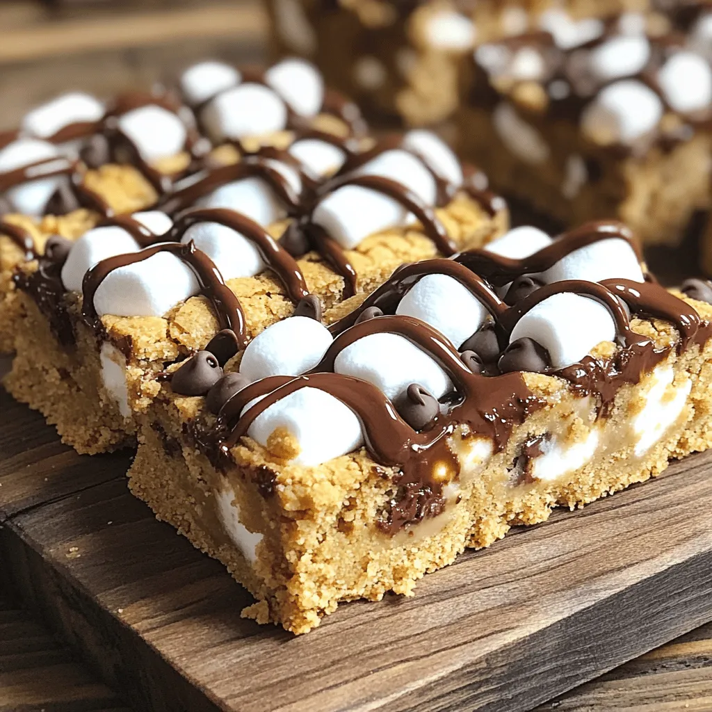 - 1 cup unsalted butter, softened - 1 cup brown sugar, packed - 1/2 cup granulated sugar - 1 large egg - 2 teaspoons vanilla extract - 2 1/2 cups all-purpose flour - 1 teaspoon baking soda - 1/2 teaspoon salt - 1 cup chocolate chips (semi-sweet or milk chocolate) - 1 cup mini marshmallows - 1 cup graham cracker crumbs I love using fresh ingredients for my S’mores Cookie Bars. Quality butter makes a big difference. I prefer unsalted butter because it lets me control the salt. Brown sugar gives that deep flavor. It adds moisture, making the bars soft. Granulated sugar helps with sweetness and a nice crust. I always use one large egg. It binds the dough well. Vanilla extract adds a warm taste. I choose all-purpose flour for the right texture. Baking soda helps the bars rise. Salt balances the sweetness and enhances flavors. The star ingredients are chocolate chips, mini marshmallows, and graham cracker crumbs. Use semi-sweet or milk chocolate for a classic taste. Mini marshmallows melt perfectly, creating that gooey texture. Graham cracker crumbs add crunch and that signature S’mores flavor. - For a healthier option, try using coconut oil or applesauce instead of butter. - You can use gluten-free flour blends for a gluten-free version. - For vegan options, swap the egg with flaxseed meal mixed with water and use plant-based butter. These substitutes keep the essence of S’mores Cookie Bars while making them fit different diets. 1. First, preheat your oven to 350°F (175°C). This helps the bars cook evenly. 2. Grease a 9x13-inch baking dish or use parchment paper. This makes it easy to remove the bars later. 3. In a large bowl, mix the softened butter, brown sugar, and granulated sugar. Beat until light and fluffy. 4. Add in the egg and vanilla extract. Mix until everything is well combined. 5. In another bowl, whisk together the flour, baking soda, and salt. 6. Gradually add the dry mix to the wet mix. Stir until just combined. 7. Fold in the chocolate chips and graham cracker crumbs. Make sure they are evenly mixed. 1. Press half of the cookie dough into the bottom of the prepared dish. This is your base layer. 2. Evenly spread the mini marshmallows over the dough. This adds the S’mores flavor. 3. Crumble the rest of the cookie dough over the marshmallows. Leave some gaps so the marshmallows peek through. 4. Bake in the oven for 25-30 minutes. Look for a golden brown top and set edges. 5. When done, remove from the oven and let cool completely in the pan. 1. Allow the bars to cool in the pan for about 15-20 minutes. This helps them firm up. 2. Once cool, use a sharp knife to cut them into squares. Aim for even pieces for a nice look. 3. Serve them warm or at room temperature. They are tasty either way! For more details, check the Full Recipe. To get that perfect golden brown top, keep an eye on the oven. Bake the bars for 25-30 minutes. When the edges are set and the top looks golden, they are done. You want a soft center, so don’t overbake. To avoid a dry or crumbly texture, measure your flour correctly. Too much flour can make the bars dry. Use a spoon to fluff the flour, then scoop it into your measuring cup. Level it off with a knife for accuracy. Also, remember to cream the butter and sugars until light and fluffy. This helps keep the bars moist. For best practices in storing leftovers, let the S’mores Cookie Bars cool completely. Then, place them in an airtight container. This keeps them fresh for up to a week. If you want to keep them longer, you can freeze them. To freeze S’mores Cookie Bars for later, cut them into squares first. Wrap each square tightly in plastic wrap. Then, place them in a freezer-safe bag. They will keep well for up to three months. When you're ready to enjoy, just thaw them in the fridge overnight. {{image_2}} You can switch up the chocolate in your S’mores Cookie Bars. Consider using dark chocolate for a richer taste. White chocolate adds a sweet twist, too. Another fun idea is to mix in peanut butter or Nutella. This gives your bars a creamy, nutty flavor. You can layer it in or swirl it through the dough. Each option adds a unique taste that makes these bars even more fun! Get creative with holiday themes! For winter, try adding peppermint bits or extract. This gives a fresh, festive flavor. In the fall, pumpkin spice can turn your bars into a cozy treat. You can also make them for special occasions. For birthdays, add colorful sprinkles. For summer, try a tropical twist with coconut or pineapple bits. Each theme takes your S’mores Cookie Bars to a new level! S'mores Cookie Bars look amazing when served on a rustic wooden board. You can cut them into neat squares or fun shapes to please your guests. For a fun twist, serve them warm with a scoop of vanilla ice cream on the side. This melts the chocolate and adds a creamy touch. Pair these bars with a tall glass of cold milk or a rich hot chocolate. The drinks enhance the sweet and gooey flavors of the bars. You might also try serving them with a side of fresh fruit, like strawberries or bananas, for a burst of color. Drizzling melted chocolate over the top adds a fancy touch. You can melt semi-sweet or milk chocolate for this. It creates a glossy finish that makes the bars look extra special. Toasted marshmallows make a great topping too. You can toast them quickly under the broiler or with a kitchen torch. Place the toasted marshmallows on top of the bars right before serving. This adds a crunchy layer and takes the flavor to another level. For an even richer taste, try a sprinkle of graham cracker crumbs on top. It ties in all the flavors and looks beautiful. These simple garnishes make your S'mores Cookie Bars pop when presenting them to friends or family. How do I know when S’mores Cookie Bars are done baking? Your S’mores Cookie Bars are ready when the top turns golden brown. The edges should feel set, but the center may be slightly soft. A toothpick inserted into the middle should come out with a few moist crumbs. Can I make S’mores Cookie Bars ahead of time? Yes, you can make these bars ahead of time. Bake them and let them cool completely. Then, store them in an airtight container at room temperature for up to three days. They also freeze well for longer storage. What should I do if the marshmallows burn? If marshmallows burn, it’s best to remove the bars from the oven right away. You can scrape off the burnt bits gently with a knife. The flavor will still be good, but the look might not be perfect. Can I make these cookie bars gluten-free? Yes, you can make gluten-free S’mores Cookie Bars. Simply swap regular flour with a gluten-free flour blend. Make sure the graham cracker crumbs are also gluten-free. What is the best way to store S’mores Cookie Bars to keep them fresh? To keep your S’mores Cookie Bars fresh, store them in an airtight container. You can also layer parchment paper between bars to prevent sticking. This keeps them soft and tasty. For the full recipe, check out the [Full Recipe](#). You now know how to make delicious S’mores Cookie Bars. We covered all the key ingredients, including tasty options for substitutes. I shared clear steps from preparation to serving. I also provided valuable tips, fun variations, and creative presentation ideas to keep things exciting. Enjoy baking and sharing these sweet treats! They will impress friends and family. Don’t forget to explore the FAQ for any questions. Happy baking!
