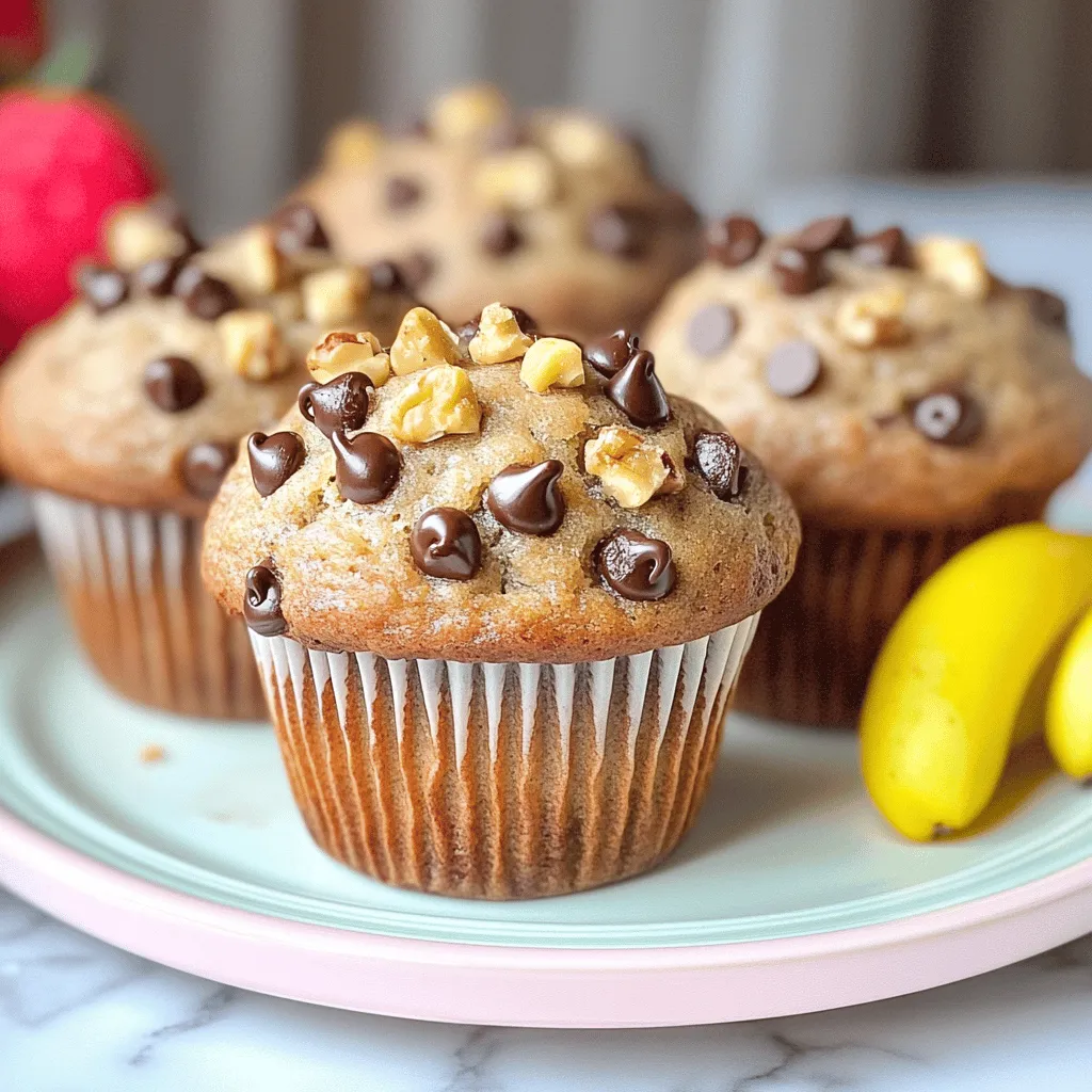 To make Chocolate Chip Banana Muffins, you need the following ingredients: - 3 ripe bananas, mashed - 1/2 cup unsalted butter, melted - 3/4 cup brown sugar, packed - 1/4 cup granulated sugar - 2 large eggs - 1 teaspoon vanilla extract - 1 teaspoon baking soda - 1/2 teaspoon baking powder - 1/2 teaspoon salt - 1 1/2 cups all-purpose flour - 1 cup semi-sweet chocolate chips - 1/2 cup chopped walnuts (optional) Each ingredient plays a key role. Ripe bananas add natural sweetness and moisture. Unsalted butter gives richness. Brown sugar brings depth, while granulated sugar adds a nice lift. The eggs bind everything together, and vanilla enhances flavor. Baking soda and baking powder help muffins rise. Salt balances sweetness. All-purpose flour provides structure, and chocolate chips bring joy. Walnuts add crunch if you choose to use them. For the full recipe, check out the complete instructions. Enjoy making these tasty treats! First, preheat your oven to 350°F (175°C). This step warms your oven for even baking. Next, grab a muffin tray and line it with paper liners or lightly grease each cup. This helps the muffins come out easily. Now, mash three ripe bananas in a large bowl. Use a fork for this; it works great. Melt half a cup of unsalted butter in the microwave or on the stove. Mix the mashed bananas and melted butter together until creamy. In the same bowl, add three-quarters cup of brown sugar and a quarter cup of granulated sugar. Stir them in well until they blend smoothly. Next, add two large eggs, one at a time. Mix them in fully before adding one teaspoon of vanilla extract. This will give your muffins a lovely flavor. Now, we’ll add the dry ingredients. Sprinkle one teaspoon of baking soda, half a teaspoon of baking powder, and half a teaspoon of salt over the mixture. Stir it all together until just combined. Be careful not to over-mix! Next, gently fold in one and a half cups of all-purpose flour. Mix until you don’t see any flour streaks. It’s okay if some lumps remain. Finally, fold in one cup of semi-sweet chocolate chips. If you like, you can add half a cup of chopped walnuts too. Now it’s time to bake! Spoon the batter into the prepared muffin cups, filling each about three-quarters full. Place them in the oven and bake for 18 to 20 minutes. To check if they are done, insert a toothpick into the center of a muffin. If it comes out clean, they are ready. Once baked, remove them from the oven and let them cool in the pan for about five minutes. Then, transfer the muffins to a wire rack to cool completely. Enjoy your delicious muffins! Using ripe bananas is key for great flavor. They should be brown and soft. The sugars in ripe bananas add moisture and sweetness. This makes your muffins taste rich and delicious. Avoiding over-mixing the batter is also important. When you mix, do it gently. Over-mixing can make the muffins tough. Mix until you just see no flour. A few lumps are okay. This keeps your muffins light and fluffy. For presentation, serve your muffins warm. You can sprinkle some extra chocolate chips or walnuts on top. This adds a nice touch. A side of fresh fruit pairs well, too. It adds color and freshness to your plate. You can enjoy these muffins with a glass of milk or coffee. Both drinks balance the sweetness. They make a perfect snack or breakfast treat. For more tips, check out the [Full Recipe]. {{image_2}} You can make your muffins healthier with a few easy swaps. Using whole wheat flour gives your muffins more fiber. It adds a nutty flavor that blends well with bananas. You can also cut back on sugar. Try using half the amount or using honey as a sweetener. Honey adds sweetness without all the calories. Want to spice things up? Add cinnamon or nutmeg to your batter. Just a pinch can change the whole taste. You can also include dried fruits like raisins or cranberries for a fruity twist. Nuts, like walnuts or pecans, provide a nice crunch. These mix-ins can elevate the flavor and texture of your muffins. Feel free to get creative! To keep your chocolate chip banana muffins fresh, you have two main options: room temperature or refrigerated storage. If you plan to eat them within a few days, store them in an airtight container at room temperature. This keeps them soft and tasty. If you want to keep them longer, refrigerate them. Just remember, muffins may dry out a bit in the fridge. Wrap them tightly in plastic wrap or use a container that seals well. For even longer storage, you can freeze your muffins for later. Here's how: - Let the muffins cool completely. - Wrap each muffin in plastic wrap. - Place the wrapped muffins in a freezer-safe bag or container. - Label with the date and freeze for up to three months. When you're ready to enjoy your muffins again, reheating is simple. Here are the best methods: - Microwave: Place a muffin on a microwave-safe plate. Heat for about 10-15 seconds. Check to see if it’s warm enough. If not, add a few more seconds. - Oven: Preheat your oven to 350°F (175°C). Place the muffins on a baking sheet. Heat for about 5-10 minutes until warm. These methods will help keep your muffins soft and delicious! Enjoy your tasty treat! To check if your muffins are done, use a toothpick. Insert it into the center of a muffin. If it comes out clean, your muffins are ready. If the toothpick has batter on it, bake for a few more minutes. Remember, muffins can bake unevenly, so check a few. Yes, you can use frozen bananas. Just thaw them first and drain any extra liquid. Frozen bananas make muffins moist and sweet. They are great for baking, so do not hesitate to use them when fresh bananas are not available. Absolutely! To make these muffins vegan, replace the eggs with flax eggs. Mix 1 tablespoon of ground flaxseed with 2.5 tablespoons of water. Let it sit for five minutes until it thickens. For butter, use a plant-based alternative like coconut oil or vegan butter. These swaps keep your muffins delicious and vegan-friendly. For the complete recipe, check out [Full Recipe]. We covered tasty banana muffins today. You learned how to mix ripe bananas, sugars, and other ingredients. I shared tips for perfecting your muffins and even offered fun variations. You now know the best ways to store leftovers and reheat them. Baking these muffins is an easy way to enjoy a delicious treat. With the right methods, your muffins will turn out great every time. Now, grab those ingredients and start baking!