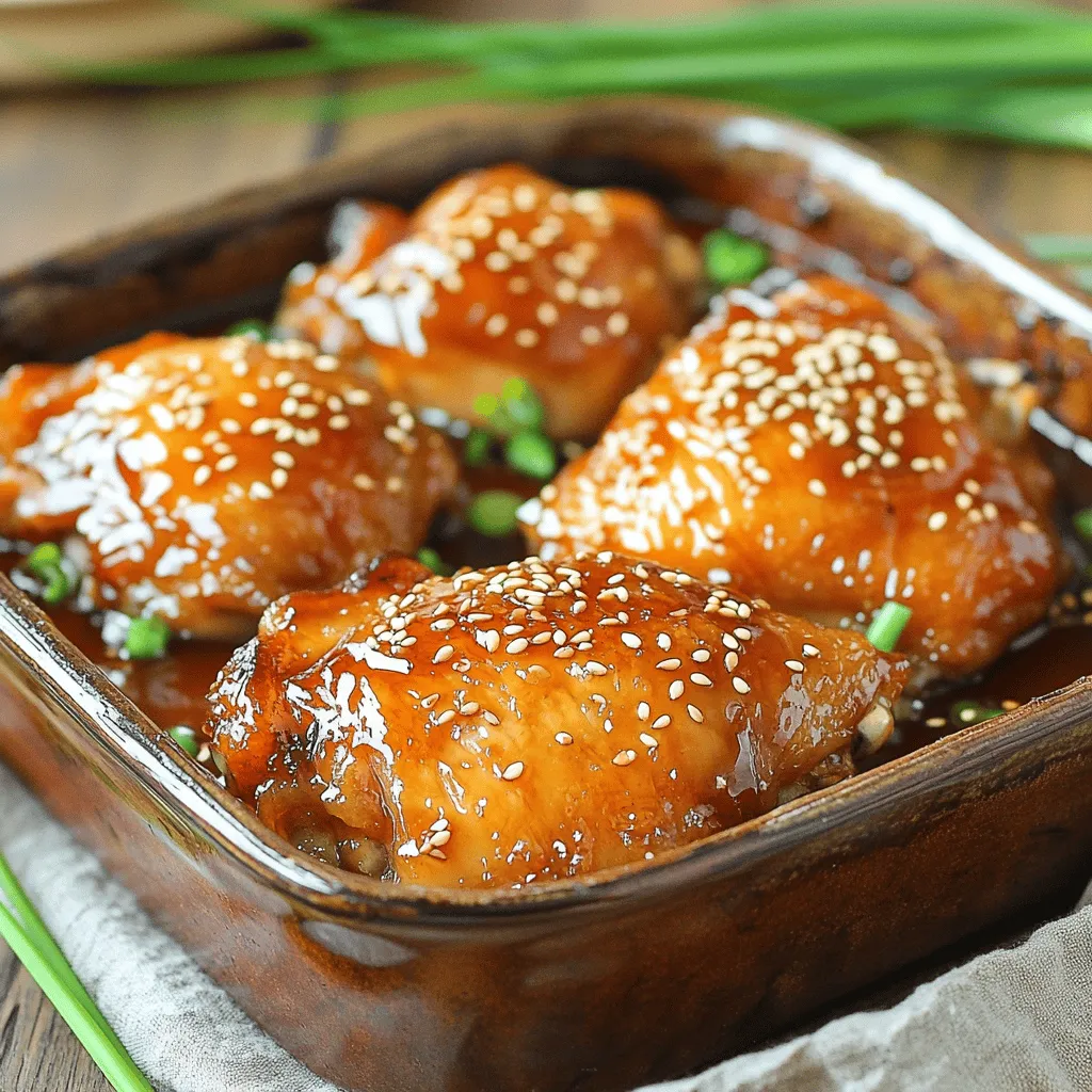 To make Baked Teriyaki Chicken Thighs, you need the following items: - 4 bone-in, skin-on chicken thighs - ½ cup soy sauce (low sodium) - ¼ cup honey - 2 tablespoons rice vinegar - 2 tablespoons sesame oil - 3 cloves garlic, minced - 1 tablespoon fresh ginger, grated - 1 teaspoon cornstarch (optional, for thickening) - 1 tablespoon sesame seeds - 2 green onions, sliced (for garnish) These ingredients come together to create a sweet and savory dish that is easy to prepare. The chicken thighs stay juicy while the marinade gives them a lovely glaze. Each serving of Baked Teriyaki Chicken Thighs has about: - Calories: 320 - Protein: 25 grams - Carbs: 15 grams - Fats: 18 grams This meal is not only tasty but also provides a good balance of protein and carbs. The healthy fats from sesame oil add nice flavor. You can easily swap some ingredients if you need to. Here are a few ideas: - Soy sauce: Try tamari for a gluten-free option. - Honey: Maple syrup works well for a vegan choice. - Rice vinegar: You can use apple cider vinegar for a different flavor. These substitutions won’t change the dish much, but they can fit your diet better. First, wash the chicken thighs. Rinse them under cold water. Pat them dry with paper towels. This step helps remove any extra moisture. It also makes the skin crispier when baked. Place the thighs skin-side up in a baking dish. You want them to fit well without overlapping. Season the chicken with salt and pepper for added flavor. Now, let's make the teriyaki marinade. In a large bowl, mix these ingredients together: - ½ cup soy sauce (low sodium) - ¼ cup honey - 2 tablespoons rice vinegar - 2 tablespoons sesame oil - 3 cloves garlic, minced - 1 tablespoon fresh ginger, grated Whisk them until smooth. This marinade gives the chicken a sweet and savory taste. If you want a thicker sauce, mix 1 teaspoon of cornstarch with a tablespoon of water. Stir this into the marinade. It will help the sauce cling to the chicken better. Preheat your oven to 425°F (220°C). Once it is hot, pour the marinade over the chicken thighs. Make sure each piece is well coated. Reserve some marinade for basting later. Bake the chicken for 30 to 35 minutes. The skin should get crispy and golden. Use a meat thermometer to check the internal temperature. It should reach 165°F (75°C). Halfway through baking, baste the chicken with the reserved marinade. In the last 5 minutes, sprinkle sesame seeds on top. This adds a nice crunch and flavor. Once done, let the chicken rest for a few minutes before serving. You can find the full recipe in the main article. To get crispy skin and juicy meat, follow these tips: - Dry the Chicken: Pat the chicken thighs dry with paper towels. This helps the skin get crispy. - High Heat: Bake at a high temperature, like 425°F (220°C). This crisps the skin fast. - Baste Midway: Halfway through baking, baste the chicken with the reserved marinade. This keeps it moist. - Use a Meat Thermometer: Check that the inside reaches 165°F (75°C). This guarantees safety and juiciness. Watch out for these common errors: - Skipping Drying: Not drying the chicken can lead to soggy skin. - Wrong Temperature: Baking at a low temperature makes the skin rubbery. - Overcrowding: Don’t crowd the baking dish. It can trap steam and affect crispiness. - Ignoring Rest Time: Letting the chicken rest helps the juices settle. Cutting too soon makes it dry. Pair your baked teriyaki chicken with these sides: - Steamed rice: A classic choice that soaks up the sauce well. - Stir-fried vegetables: Bright, crunchy veggies add color and nutrients. - Cucumber salad: Refreshing and cool, it balances the rich flavors. - Noodles: Tossed with sesame oil, they make a filling option. Check out the Full Recipe for more details on making this delicious dish! {{image_2}} You can change the taste of your teriyaki chicken in fun ways. If you like spice, add some red pepper flakes to the marinade. This will give your dish a nice kick. For a sweeter touch, toss in a bit more honey. If you crave tanginess, increase the rice vinegar. Each tweak makes the dish special and suits your taste. While chicken thighs are great, you can use other cuts. Boneless thighs work well and cook faster. Chicken breasts are leaner but still tasty. Drumsticks can add a fun twist, too. Just remember, cooking times might change based on the cut you choose. Baking is easy, but you have other options. You can grill the chicken for a smoky flavor. Just marinate it the same way, then place it on a hot grill. Flip it often to cook evenly. Pan-searing is another method. Use a hot skillet to get a crispy skin, then finish cooking in the oven. Each method brings out different flavors and textures in your chicken. For the complete recipe, check the [Full Recipe]. To keep your baked teriyaki chicken thighs fresh, follow these simple steps: - Let the chicken cool to room temperature. - Place the chicken in an airtight container. - Store it in the fridge for up to 3 days. This method helps maintain flavor and texture, ensuring your leftovers taste great. Reheating your chicken properly keeps it juicy and tasty. Here are a few methods: - Oven: Preheat to 350°F (175°C). Place chicken on a baking sheet. Heat for about 15-20 minutes. - Microwave: Use a microwave-safe dish. Cover with a damp paper towel. Heat on medium for 1-2 minutes, checking often. - Stovetop: Heat a skillet over medium heat. Add a splash of water or broth. Cook for about 5-7 minutes, covered. These methods help the chicken remain moist while warming it up. If you want to save your baked teriyaki chicken for later, freezing is a great option. Here’s how: - Cool the chicken completely. - Wrap each piece tightly in plastic wrap. - Place wrapped chicken in a freezer-safe bag or container. - Label with the date. It can last for up to 3 months. To reheat, thaw in the fridge overnight and follow the reheating tips above. For the full recipe, check out the details provided earlier. Bake chicken thighs at 425°F for 30 to 35 minutes. This ensures they cook through and get crispy. Always check that the skin is golden brown. Cooking time may vary based on the size of the thighs. Yes, you can use boneless chicken thighs or chicken breasts. Adjust the baking time if you use boneless cuts. They usually cook faster, around 20 to 30 minutes. Just watch for that golden color! Pair your chicken with steamed rice or stir-fried veggies. Some great choices are broccoli, bell peppers, or snap peas. You can also add a fresh salad for crunch. For garnish, top with sliced green onions or toasted sesame seeds. Use a meat thermometer to check the internal temperature. It should reach 165°F for cooked chicken. Insert it into the thickest part of the thigh. This ensures it is safe to eat. Always let it rest before serving. For the full recipe, check the ingredients and instructions above! You now have all the tools to make delicious baked teriyaki chicken thighs. We covered the ingredient list, including substitutions, and explored cooking methods. Remember to check the nutritional info for healthy eating. Use the tips to avoid mistakes and enhance flavor. Don't forget the variations to keep things exciting. Store leftover chicken properly for future meals. With these steps, you can serve great dishes every time. Enjoy your cooking and happy eating!