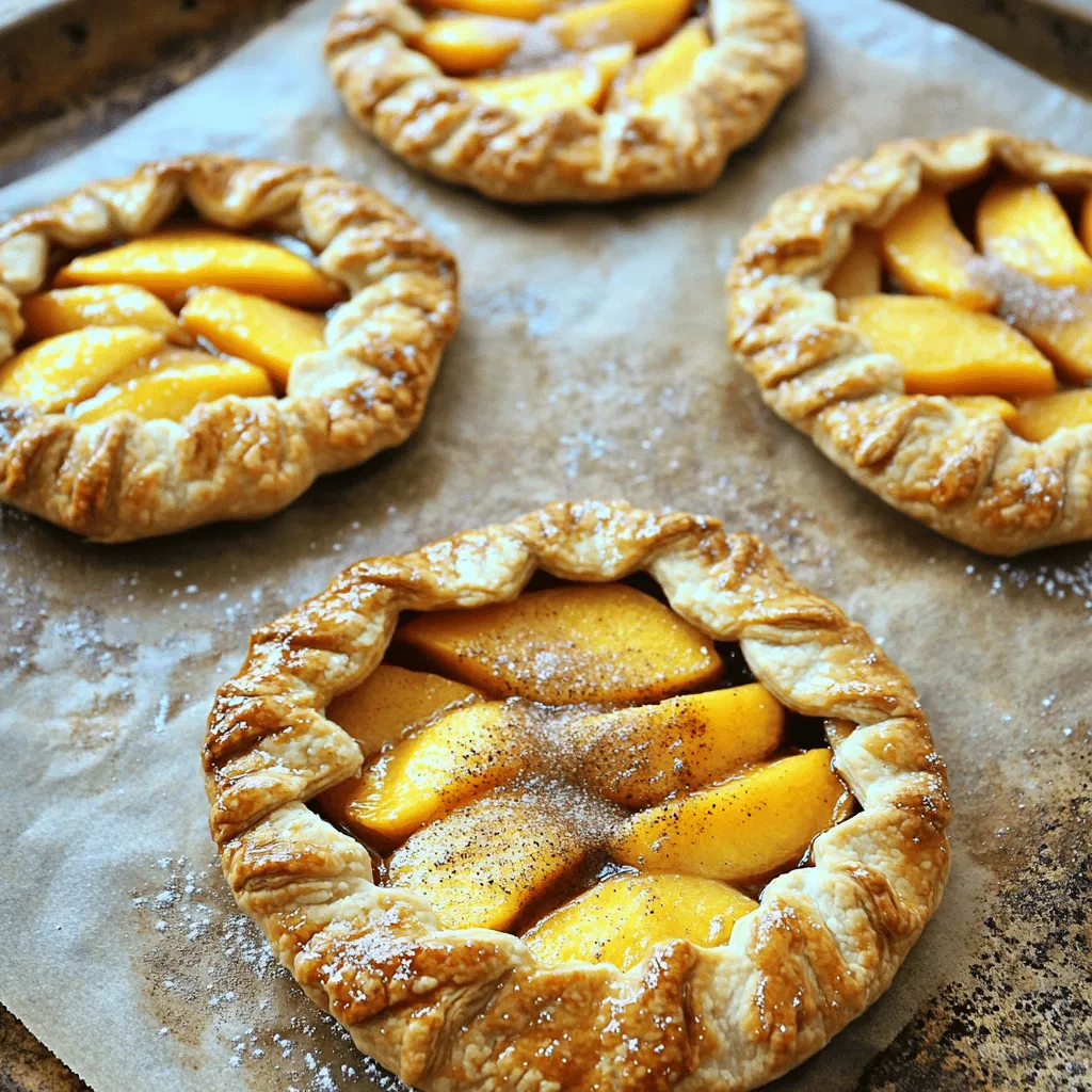 For the perfect mini peach galettes, you need these simple ingredients: - 1 ½ cups all-purpose flour - ½ teaspoon salt - 1 tablespoon granulated sugar - ½ cup unsalted butter, cold and cubed - 4-6 tablespoons ice water - 2 ripe peaches, sliced - 1 tablespoon lemon juice - 2 tablespoons brown sugar - 1 teaspoon cinnamon - 1 egg, beaten (for egg wash) - Granulated sugar for sprinkling Each ingredient plays a key role. The flour forms the base, while the butter keeps the crust flaky. Salt and sugar balance flavors. Peaches add sweetness, and the lemon juice brightens the taste. Brown sugar and cinnamon give warmth to the filling. Lastly, the egg wash makes the galettes shine. Gather these ingredients before you start. It makes the process smooth and fun. Plus, it’s a great way to prepare for a delightful treat. If you want the full recipe with detailed steps, check out the link to the [Full Recipe]. - In a mixing bowl, combine 1 ½ cups all-purpose flour, ½ teaspoon salt, and 1 tablespoon granulated sugar. - Cut in ½ cup cold, cubed unsalted butter. Use a pastry cutter or your fingers until the mix looks like coarse crumbs. - Add 4-6 tablespoons of ice water, one tablespoon at a time. Mix with a fork until the dough begins to hold together. - Prepare your peach filling by tossing 2 sliced ripe peaches with 1 tablespoon lemon juice, 2 tablespoons brown sugar, and 1 teaspoon cinnamon. Set aside. - On a floured surface, roll out the chilled dough until it’s about ¼ inch thick. Cut it into 4-6 equal circles. - Transfer the dough circles to a baking sheet. Spoon the peach mixture into the center of each circle, leaving a border. Fold the edges over the filling, creating a rustic look. - Preheat your oven to 375°F (190°C). Brush the edges of the galettes with 1 beaten egg. Sprinkle a little granulated sugar on top for sweetness and shine. - Bake for 25-30 minutes until golden and bubbly. Let them cool slightly before serving. Enjoy your mini peach galettes! For the full recipe, check the ingredients above. To make the best mini peach galettes, use cold ingredients. Cold butter helps create layers in your pastry. Your dough will flake better when it bakes. Mix the butter with the flour quickly. You want it to look like coarse crumbs. Avoid over-mixing; a few lumps are okay. Choosing the right peaches is key. Look for ripe, slightly soft peaches. They should smell sweet and fragrant. Adjust the sweetness to your taste. You can add more brown sugar if you like it sweeter. A pinch of cinnamon enhances the peach flavor too. Experiment with spices like nutmeg for a twist. Serve your galettes warm for the best taste. They look lovely on a rustic wooden board. Dust them with powdered sugar for a sweet touch. You can also add a dollop of whipped cream. Fresh mint leaves can brighten the plate. These small details make your dessert shine. For the full recipe, check out the details above. {{image_2}} You can use many fruits for your galettes. Try berries like blueberries, raspberries, or blackberries. Apples also work well, especially with a dash of cinnamon. For a tropical twist, use mangoes or pineapples. Each fruit brings its own taste, so mix and match to find your favorite. Adding nuts can give your galettes a nice crunch. Chopped almonds or walnuts pair well with peaches. You can also add a splash of vanilla extract for a warm flavor. If you want something fresh, try adding herbs like basil or mint. These can give your dessert a unique twist. If you need gluten-free options, swap the all-purpose flour for a gluten-free blend. Many brands make good substitutes that work in baking. For a vegan option, replace the butter with coconut oil or a vegan butter. Use plant-based milk for the egg wash, or skip it altogether. You can still create a tasty treat while meeting dietary needs. For the full recipe, click here to start your mini peach galettes journey! To keep your mini peach galettes fresh, store them in an airtight container. This helps prevent moisture loss and keeps the crust crisp. Place a paper towel inside the container. It soaks up excess moisture, keeping the galettes better for longer. They last about 2-3 days in the fridge. If you do not eat them quickly, freezing is a great option. You can freeze mini peach galettes before or after baking. To freeze before baking, assemble the galettes but do not brush with egg wash. Place them on a baking sheet and freeze until solid. Then, wrap them in plastic wrap and put them in a freezer bag. They can last up to three months this way. To freeze after baking, let them cool completely first. Then, wrap and store them similarly. When you want to reheat them, bake from frozen. For unbaked galettes, bake at 375°F (190°C) for about 30-35 minutes. For baked galettes, reheat them at the same temperature for 15-20 minutes. This restores their flaky texture. After storing, you want to bring back the crispness. If they feel soft, just pop them in the oven for a few minutes. This warms them and makes the crust crispy again. Serve them warm or at room temperature. A scoop of vanilla ice cream pairs well with these sweet treats. Enjoy your delicious mini peach galettes! For the full recipe, check earlier sections. You can prepare mini peach galettes in advance. Here are some tips: - Make the dough: Prepare the dough and wrap it tightly in plastic wrap. Chill it in the fridge. You can make it up to two days ahead. - Prepare the filling: Slice the peaches and mix them with lemon juice, brown sugar, and cinnamon. Store this in an airtight container in the fridge for up to two days. - Assemble before baking: You can roll out the dough and place the filling just before baking. This keeps the crust fresh and flaky. Yes, you can use frozen peaches! Here’s what you should know: - Thawing: Thaw the peaches in the fridge overnight. Drain any excess liquid to avoid a soggy galette. - Flavor: Frozen peaches may be softer than fresh ones. This can change the texture but not the taste. - Sweetness: Check the sweetness of frozen peaches. You may need less sugar if they are sweeter than fresh peaches. Reheating mini peach galettes is simple. Follow these techniques: - Oven method: Preheat your oven to 350°F (175°C). Place the galettes on a baking sheet and warm them for about 10-15 minutes. This keeps the crust crispy. - Microwave method: If you’re in a hurry, you can use the microwave. Heat for 20-30 seconds, but the crust may get soft. - Check temperature: Ensure they are warm throughout before serving. Enjoy your delightful mini peach galettes! For the full recipe, click here: [Full Recipe]. You now have a complete guide to making mini peach galettes. We covered ingredients, step-by-step instructions, tips for success, and fun variations. I shared how to store and reheat them too. Remember, using cold ingredients helps achieve a flaky crust. Experiment with different fruits and flavors to make it your own. Enjoy your baking journey, and don’t hesitate to share your successes! Your kitchen creations will surely impress family and friends. Happy baking!