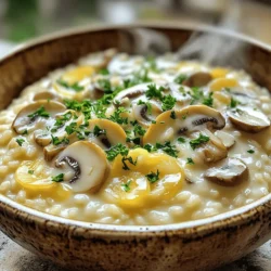 To make a creamy mushroom risotto, you need high-quality ingredients. Each one plays a key role in the dish's flavor and texture. Here’s what you will need: - 1 cup Arborio rice - 4 cups warm vegetable broth - 1 cup sliced cremini mushrooms - 1 cup sliced shiitake mushrooms - 1 medium onion, finely chopped - 3 minced garlic cloves - 1 cup heavy cream - 1/2 cup grated Parmesan cheese - 2 tablespoons olive oil - 2 tablespoons unsalted butter - Salt and pepper to taste - Fresh parsley, chopped for garnish Using Arborio rice is crucial. It has a high starch content, which gives risotto its signature creaminess. The warm vegetable broth helps the rice cook evenly. Cremini and shiitake mushrooms add rich, earthy flavors. Fresh onion and garlic bring warmth and depth to the dish. I always use heavy cream for its richness. Parmesan cheese melts beautifully, making the risotto even creamier. Olive oil and butter add a lovely taste and help sauté the veggies. Lastly, fresh parsley not only looks nice but adds a fresh touch. These ingredients work together to create a hearty and flavorful dish. You can find the full recipe to guide you through the cooking process. Start by heating 4 cups of vegetable broth in a medium saucepan. Keep it on low heat to stay warm. This step is key. Warm broth helps the rice cook evenly. While the broth heats, grab a large skillet. Heat 2 tablespoons of olive oil and 1 tablespoon of unsalted butter over medium heat. Add 1 medium onion, finely chopped. Sauté the onion for about 3 to 4 minutes. Look for it to turn translucent. Next, add 3 minced garlic cloves. Sauté for 1 more minute. You want to smell that garlicky goodness. Now, it’s time for the mushrooms! Add 1 cup of sliced cremini and 1 cup of sliced shiitake mushrooms to the skillet. Cook them for about 5 to 7 minutes. Stir often. The mushrooms will soften and let out their moisture. This adds deep flavor to our risotto. Next, add 1 cup of Arborio rice to the skillet. Stir for 1 to 2 minutes. You want the rice to be slightly toasted and coated in the oil and butter. This step gives the risotto a nice nutty flavor. Now, start adding the warm broth. Use a ladle to add it, one at a time. Stir often. Wait until most of the liquid is absorbed before adding more broth. This process takes about 18 to 20 minutes. You want the rice to be creamy and al dente. Once the rice is cooked, it’s time for the final touches. Stir in the remaining tablespoon of butter. Then, add 1 cup of heavy cream and 1/2 cup of grated Parmesan cheese. Mix well until the risotto is creamy and smooth. Finally, season with salt and pepper to taste. Your creamy mushroom risotto is now ready to serve! Garnish with chopped fresh parsley for a nice touch. For the full recipe, check out the detailed instructions. Enjoy this dish that warms the heart and delights the palate! When it comes to mushrooms, I love using cremini and shiitake. These types give rich flavors to your risotto. Cremini mushrooms are brown and have a deep taste. Shiitake mushrooms add a nice earthy note. Look for fresh mushrooms that are firm and dry. Avoid mushrooms that feel slimy or look shriveled. Fresh mushrooms will have a pleasant, earthy scent. Arborio rice is perfect for risotto. This rice has a high starch content, which makes the dish creamy. It absorbs flavors and creates a nice texture. If you don't have Arborio, you can use Carnaroli or Vialone Nano. These options also work well. Avoid long-grain rice as it won't give the same creamy result. Stirring is key to great risotto. Stir gently but often. This helps release the rice's starches. It keeps the rice from sticking to the pan. Know when your risotto is done. It should be creamy and a bit firm, known as al dente. Taste a grain; it should be cooked but still have a slight bite. Following these tips will make your creamy mushroom risotto shine. For the full recipe, check the details above. {{image_2}} Adding fresh herbs can boost flavor in creamy mushroom risotto. You have many options to choose from. Fresh thyme, rosemary, and sage work well. These herbs add a nice aroma and taste. Basil and chives can also add a fresh twist. I love using parsley as a garnish for color. You can add protein to make the dish heartier. Grilled chicken or shrimp are great choices. For plant-based options, try chickpeas or lentils. These will offer texture and flavor. Pair your protein with the earthy mushrooms for a balanced meal. If you use meat, cook it separately and add it at the end. Seasonal vegetables can make your risotto more exciting. Asparagus, peas, or spinach add color and nutrients. You can also use roasted butternut squash for sweetness. Adding these veggies enhances the texture and flavor. Try mixing in some sun-dried tomatoes for a creative twist. The Full Recipe can guide you in blending these flavors perfectly. To keep your creamy mushroom risotto fresh, you must refrigerate it. Place the risotto in an airtight container. This helps to lock in moisture and flavor. Make sure to cool it to room temperature before sealing it. Store the container in the fridge for up to three days. When you reheat risotto, you want it creamy, not dry. The best method is on the stove. Add a splash of vegetable broth or water to the pan. Heat it over low to medium heat. Stir frequently until it warms evenly. Aim for a temperature of about 165°F. This ensures the risotto is safe to eat and creamy. You can freeze risotto, but it may change in texture. To freeze it, place cooled risotto in an airtight container or freezer bag. Remove as much air as possible. It can last up to two months in the freezer. When you're ready to eat, thaw it overnight in the fridge. Reheat it on the stove with a little broth. This will help restore its creamy texture. Enjoy your delicious risotto even after freezing! For the full recipe, check out the Creamy Mushroom Risotto recipe above. Arborio rice is a short-grain rice. It has a high starch content. This helps create a creamy texture in dishes. Regular rice, like long-grain rice, is less starchy. It cooks up fluffy and separate. When you cook Arborio rice, it absorbs liquid slowly. This slow absorption helps make risotto creamy. Regular rice cooks faster and does not develop the same texture. For risotto, always choose Arborio rice for the best results. Yes, you can make a vegan version of creamy mushroom risotto. Start by replacing heavy cream with coconut milk or cashew cream. You can also use nutritional yeast in place of Parmesan cheese. This gives a cheesy flavor without dairy. For the best creaminess, blend soaked cashews into a smooth cream. Stir this into your risotto for a rich finish. Be sure to taste and adjust seasoning as needed. To avoid sticky risotto, avoid overcooking the rice. Make sure to stir gently and not too often. This helps keep the grains separate. Adding the broth slowly is key. Wait until most of the liquid is gone before adding more. This method helps the rice absorb the flavors. Keep an eye on the cooking time, aiming for 18-20 minutes for perfect al dente texture. Yes, you can prepare risotto ahead of time. Cook it until it is slightly underdone. This way, it won’t get mushy when reheated. Store it in an airtight container in the fridge. When ready to serve, reheat gently on the stove with a splash of broth. This helps bring back the creaminess. Enjoy your creamy mushroom risotto warm for the best taste. For the full recipe, check out the details above! You learned how to make creamy mushroom risotto using fresh ingredients and simple steps. I shared tips on selecting mushrooms and rice. You can now try various herbs, proteins, and veggies for fun twists. Remember how to store and reheat leftovers to maintain that creamy texture. Risotto is versatile and easy to adapt, so get creative! Enjoy your cooking journey with this delicious dish. Bon appétit!