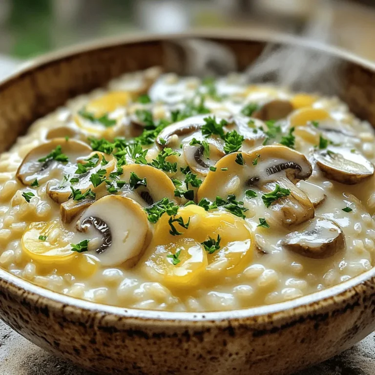 To make a creamy mushroom risotto, you need high-quality ingredients. Each one plays a key role in the dish's flavor and texture. Here’s what you will need: - 1 cup Arborio rice - 4 cups warm vegetable broth - 1 cup sliced cremini mushrooms - 1 cup sliced shiitake mushrooms - 1 medium onion, finely chopped - 3 minced garlic cloves - 1 cup heavy cream - 1/2 cup grated Parmesan cheese - 2 tablespoons olive oil - 2 tablespoons unsalted butter - Salt and pepper to taste - Fresh parsley, chopped for garnish Using Arborio rice is crucial. It has a high starch content, which gives risotto its signature creaminess. The warm vegetable broth helps the rice cook evenly. Cremini and shiitake mushrooms add rich, earthy flavors. Fresh onion and garlic bring warmth and depth to the dish. I always use heavy cream for its richness. Parmesan cheese melts beautifully, making the risotto even creamier. Olive oil and butter add a lovely taste and help sauté the veggies. Lastly, fresh parsley not only looks nice but adds a fresh touch. These ingredients work together to create a hearty and flavorful dish. You can find the full recipe to guide you through the cooking process. Start by heating 4 cups of vegetable broth in a medium saucepan. Keep it on low heat to stay warm. This step is key. Warm broth helps the rice cook evenly. While the broth heats, grab a large skillet. Heat 2 tablespoons of olive oil and 1 tablespoon of unsalted butter over medium heat. Add 1 medium onion, finely chopped. Sauté the onion for about 3 to 4 minutes. Look for it to turn translucent. Next, add 3 minced garlic cloves. Sauté for 1 more minute. You want to smell that garlicky goodness. Now, it’s time for the mushrooms! Add 1 cup of sliced cremini and 1 cup of sliced shiitake mushrooms to the skillet. Cook them for about 5 to 7 minutes. Stir often. The mushrooms will soften and let out their moisture. This adds deep flavor to our risotto. Next, add 1 cup of Arborio rice to the skillet. Stir for 1 to 2 minutes. You want the rice to be slightly toasted and coated in the oil and butter. This step gives the risotto a nice nutty flavor. Now, start adding the warm broth. Use a ladle to add it, one at a time. Stir often. Wait until most of the liquid is absorbed before adding more broth. This process takes about 18 to 20 minutes. You want the rice to be creamy and al dente. Once the rice is cooked, it’s time for the final touches. Stir in the remaining tablespoon of butter. Then, add 1 cup of heavy cream and 1/2 cup of grated Parmesan cheese. Mix well until the risotto is creamy and smooth. Finally, season with salt and pepper to taste. Your creamy mushroom risotto is now ready to serve! Garnish with chopped fresh parsley for a nice touch. For the full recipe, check out the detailed instructions. Enjoy this dish that warms the heart and delights the palate! When it comes to mushrooms, I love using cremini and shiitake. These types give rich flavors to your risotto. Cremini mushrooms are brown and have a deep taste. Shiitake mushrooms add a nice earthy note. Look for fresh mushrooms that are firm and dry. Avoid mushrooms that feel slimy or look shriveled. Fresh mushrooms will have a pleasant, earthy scent. Arborio rice is perfect for risotto. This rice has a high starch content, which makes the dish creamy. It absorbs flavors and creates a nice texture. If you don't have Arborio, you can use Carnaroli or Vialone Nano. These options also work well. Avoid long-grain rice as it won't give the same creamy result. Stirring is key to great risotto. Stir gently but often. This helps release the rice's starches. It keeps the rice from sticking to the pan. Know when your risotto is done. It should be creamy and a bit firm, known as al dente. Taste a grain; it should be cooked but still have a slight bite. Following these tips will make your creamy mushroom risotto shine. For the full recipe, check the details above. {{image_2}} Adding fresh herbs can boost flavor in creamy mushroom risotto. You have many options to choose from. Fresh thyme, rosemary, and sage work well. These herbs add a nice aroma and taste. Basil and chives can also add a fresh twist. I love using parsley as a garnish for color. You can add protein to make the dish heartier. Grilled chicken or shrimp are great choices. For plant-based options, try chickpeas or lentils. These will offer texture and flavor. Pair your protein with the earthy mushrooms for a balanced meal. If you use meat, cook it separately and add it at the end. Seasonal vegetables can make your risotto more exciting. Asparagus, peas, or spinach add color and nutrients. You can also use roasted butternut squash for sweetness. Adding these veggies enhances the texture and flavor. Try mixing in some sun-dried tomatoes for a creative twist. The Full Recipe can guide you in blending these flavors perfectly. To keep your creamy mushroom risotto fresh, you must refrigerate it. Place the risotto in an airtight container. This helps to lock in moisture and flavor. Make sure to cool it to room temperature before sealing it. Store the container in the fridge for up to three days. When you reheat risotto, you want it creamy, not dry. The best method is on the stove. Add a splash of vegetable broth or water to the pan. Heat it over low to medium heat. Stir frequently until it warms evenly. Aim for a temperature of about 165°F. This ensures the risotto is safe to eat and creamy. You can freeze risotto, but it may change in texture. To freeze it, place cooled risotto in an airtight container or freezer bag. Remove as much air as possible. It can last up to two months in the freezer. When you're ready to eat, thaw it overnight in the fridge. Reheat it on the stove with a little broth. This will help restore its creamy texture. Enjoy your delicious risotto even after freezing! For the full recipe, check out the Creamy Mushroom Risotto recipe above. Arborio rice is a short-grain rice. It has a high starch content. This helps create a creamy texture in dishes. Regular rice, like long-grain rice, is less starchy. It cooks up fluffy and separate. When you cook Arborio rice, it absorbs liquid slowly. This slow absorption helps make risotto creamy. Regular rice cooks faster and does not develop the same texture. For risotto, always choose Arborio rice for the best results. Yes, you can make a vegan version of creamy mushroom risotto. Start by replacing heavy cream with coconut milk or cashew cream. You can also use nutritional yeast in place of Parmesan cheese. This gives a cheesy flavor without dairy. For the best creaminess, blend soaked cashews into a smooth cream. Stir this into your risotto for a rich finish. Be sure to taste and adjust seasoning as needed. To avoid sticky risotto, avoid overcooking the rice. Make sure to stir gently and not too often. This helps keep the grains separate. Adding the broth slowly is key. Wait until most of the liquid is gone before adding more. This method helps the rice absorb the flavors. Keep an eye on the cooking time, aiming for 18-20 minutes for perfect al dente texture. Yes, you can prepare risotto ahead of time. Cook it until it is slightly underdone. This way, it won’t get mushy when reheated. Store it in an airtight container in the fridge. When ready to serve, reheat gently on the stove with a splash of broth. This helps bring back the creaminess. Enjoy your creamy mushroom risotto warm for the best taste. For the full recipe, check out the details above! You learned how to make creamy mushroom risotto using fresh ingredients and simple steps. I shared tips on selecting mushrooms and rice. You can now try various herbs, proteins, and veggies for fun twists. Remember how to store and reheat leftovers to maintain that creamy texture. Risotto is versatile and easy to adapt, so get creative! Enjoy your cooking journey with this delicious dish. Bon appétit!