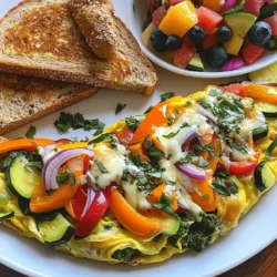 To create a loaded veggie omelette, you need fresh ingredients that bring flavor and nutrition. Here’s what you need: - 3 large eggs - 1 tablespoon milk (optional) - 1/4 cup bell peppers, diced (mixed colors) - 1/4 cup red onion, finely chopped - 1/4 cup zucchini, diced - 1/4 cup spinach, chopped - 1/4 cup cherry tomatoes, halved - 1/4 cup shredded cheese (cheddar or a mix) - 1 tablespoon olive oil or butter - Salt and pepper to taste - Fresh herbs (such as basil or parsley) for garnish Each ingredient plays a key role. The eggs provide protein, while the veggies add vitamins. Bell peppers and red onion give a sweet crunch. Zucchini keeps it tender, and spinach packs in nutrients. Cherry tomatoes add juiciness, and cheese melts for creaminess. Olive oil or butter adds richness, while herbs brighten up the dish. Using fresh ingredients makes your omelette taste better. Choose vibrant veggies for the best flavor. You can find the full recipe to guide you through the cooking process. Enjoy this tasty and healthy meal! - Whisking the Eggs Start by cracking three large eggs into a bowl. Add a tablespoon of milk if you like. Whisk them together until they mix well. Add a pinch of salt and pepper for flavor. This makes the eggs tasty and fluffy. - Chopping the Vegetables Next, chop your veggies. Dice a quarter cup of bell peppers in mixed colors. Finely chop a quarter cup of red onion. Dice a quarter cup of zucchini. Finally, chop a quarter cup of spinach and halve a quarter cup of cherry tomatoes. Set these aside. - Heating the Skillet Grab a non-stick skillet and place it on medium heat. Add a tablespoon of olive oil or butter. Let it heat up until it’s hot but not smoking. - Sautéing the Vegetables Add the diced bell peppers, red onion, and zucchini to the skillet. Sauté them for about 3 to 4 minutes. You want them to soften but not lose their crunch. Then stir in the spinach and cherry tomatoes. Cook these for another 1 to 2 minutes until the spinach wilts. - Adding the Eggs Pour the egg mixture over the sautéed veggies. Use a spatula to gently stir the mixture a few times. This helps the uncooked eggs reach the edges of the pan for even cooking. - Adding Cheese Sprinkle a quarter cup of shredded cheese on top. Cheddar works great, or you can mix it up. - Folding the Omelette Let the omelette cook for about 5 to 7 minutes without stirring. The edges should set, while the top is still a bit runny. Carefully fold the omelette in half with the spatula. Cook it for another minute to let the cheese melt inside. - Garnishing Slide the cooked omelette onto a plate. Take fresh herbs, like basil or parsley, and sprinkle them on top for color and taste. Now, your loaded veggie omelette is ready to enjoy! For a full recipe, check out the detailed instructions above. Choosing Fresh Ingredients Using fresh ingredients makes a big difference. Look for bright colors in your veggies. Fresh vegetables add flavor and nutrients. I love using bell peppers, zucchini, and spinach. They all cook well and add great taste. Always check your eggs too. Fresh eggs give your omelette a rich flavor. Cooking Temperature Tips The right cooking temperature is key. Use medium heat for best results. If it’s too hot, the omelette may burn. If it’s too low, it may cook unevenly. Start by heating your skillet until it’s warm. Then, add your oil or butter. This helps everything cook evenly. Pairing with Sides Pair your loaded veggie omelette with tasty sides. Whole grain toast adds crunch and fiber. A fresh fruit salad brightens your plate. Berries and melons work well. They add sweetness and color. You can also serve it with a light salad for balance. Plate Presentation Ideas Presentation is important. A well-plated meal looks inviting. Use a clean, white plate to make colors pop. Place your omelette in the center. Add your sides around it. Garnish with fresh herbs for a touch of green. This makes your meal look gourmet without extra work. Overcooking Overcooking can ruin your omelette. Keep an eye on it as it cooks. The edges should set while the top stays a bit runny. This ensures a soft, fluffy texture. If you leave it too long, it becomes dry and tough. Skipping Ingredient Prep Prep your ingredients before cooking. Chop all your veggies first. This saves time and keeps things organized. If you rush, you may end up with unevenly cooked veggies. Each bite should be packed with flavor from every ingredient. {{image_2}} Meats and Proteins You can easily boost your omelette's protein. Try adding diced ham, cooked bacon, or crumbled sausage. If you want something lighter, consider adding shredded chicken or turkey. These meats add flavor and make the meal heartier. Different Cheese Choices Cheese can change your omelette's taste. Cheddar is a classic choice, but you can experiment! Try mozzarella for a mild flavor, feta for a tangy kick, or pepper jack for some heat. Mixing cheeses can also give you a fun, unique flavor. Dairy-Free Options If you want a dairy-free omelette, simply skip the milk and cheese. Use almond milk or oat milk instead. You can try nutritional yeast for a cheesy flavor without dairy. It’s packed with nutrients and gives a nice taste. Gluten-Free Choices Good news! This omelette is naturally gluten-free. Just be sure to check any added sauces or toppings. Use fresh, whole ingredients, and you’ll stay within gluten-free guidelines. Herbs and Spices Adding herbs and spices can make your omelette sing. Fresh herbs like basil, chives, or parsley can brighten the dish. For spices, consider paprika, garlic powder, or a pinch of cayenne for some heat. Sauces and Dressings Top your omelette with your favorite sauces. Salsa adds a fresh flavor, while hot sauce gives a nice kick. You can also drizzle some avocado dressing or a balsamic glaze for a unique twist. Check out the Full Recipe for more details on making this delicious dish! Refrigeration Guidelines Store your loaded veggie omelette in the fridge within two hours of cooking. Place it in an airtight container. This keeps it fresh for up to three days. Make sure to cool it to room temperature first. If you want to enjoy it later, don’t forget to label the container with the date. Freezing Instructions You can freeze the omelette if you want to keep it longer. Wrap it tightly in plastic wrap and then in foil. This helps prevent freezer burn. It can last in the freezer for about two months. When ready to eat, thaw it in the fridge overnight before reheating. Best Methods for Reheating The best way to reheat your omelette is in the oven. Preheat your oven to 350°F (175°C). Place the omelette on a baking sheet and heat for about 10-15 minutes. You can also use a microwave if you’re in a hurry. Heat it on medium power for one to two minutes, checking it often. Maintaining Texture and Flavor To keep your omelette tasty, add a splash of water when microwaving. This helps steam it and keeps it moist. If reheating in the oven, cover it with foil to prevent it from drying out. Enjoy your omelette just like it was fresh! To make an omelette fluffy, you need to whisk the eggs well. Use a fork or whisk to mix them until they are smooth. Adding a tablespoon of milk can help, too. The milk adds air and makes the eggs light. Cook the omelette on medium heat so it does not burn. This way, the eggs cook evenly and stay fluffy. Yes, you can add many veggies to your omelette! Some great options are mushrooms, broccoli, or asparagus. You can also try adding kale or carrots for extra crunch. Mix and match your favorite vegetables to create your ideal omelette. Just be sure to chop them small so they cook quickly. Cheddar cheese is a classic choice for omelettes. It melts well and adds a rich taste. You can also use feta for a tangy flavor or mozzarella for a gooey texture. Feel free to experiment with different cheeses. Each type will give your omelette a unique twist. Enjoy the fun of finding your perfect cheese mix! For more tips and the full recipe, check out the Loaded Veggie Omelette section! You can make a tasty omelette using simple ingredients like eggs, veggies, and cheese. Remember to prepare well, cook at the right temperature, and avoid common mistakes. With extra fillings and variations, your omelette can be unique and exciting. Additionally, store leftovers properly and reheat them to keep their flavor. Enjoying your custom omelette is easy! The next time you want a quick meal, try making your own delicious creation. It’s rewarding and fun!