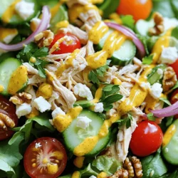 - 2 cups cooked chicken breast, shredded or diced - 4 cups mixed salad greens (such as arugula, spinach, and romaine) - 1 cup cherry tomatoes, halved - 1/2 cup cucumber, thinly sliced - 1/4 cup red onion, thinly sliced - 1/4 cup walnuts, chopped (or pecans) - 1/2 cup feta cheese, crumbled - 1/4 cup honey mustard dressing (store-bought or homemade) - Salt and pepper to taste - Fresh parsley, for garnish I love using fresh ingredients in this Honey Mustard Chicken Salad. Each item adds color and flavor. The chicken gives it a hearty touch. The salad greens offer crunch and nutrients. Cherry tomatoes brighten the dish with sweetness. Cucumbers add a refreshing bite, while red onions give a slight zing. Nuts like walnuts or pecans add great texture. Feta cheese brings a creamy, salty element that ties it all together. And, of course, the honey mustard dressing brings a sweet and tangy kick. This dish is not just tasty; it’s also healthy. Each ingredient contributes to a well-balanced meal. You can find the full recipe to guide you through every step. - Calories per serving: Approximately 350 - Macronutrient breakdown: - Proteins: 30g - Fats: 20g - Carbs: 15g This salad fits many dietary needs. It’s gluten-free and offers low-carb options if you skip the honey mustard dressing. You can swap out ingredients to suit your taste or dietary restrictions. Enjoy this bright, fresh meal any time! To make the chicken, you have several cooking methods. You can grill, bake, or poach it. - Grilling: This adds a nice smoky flavor. Preheat your grill. Season the chicken with salt and pepper. Cook until it is no longer pink. - Baking: Preheat the oven to 375°F. Place the chicken on a baking sheet. Season it and bake for about 20-25 minutes. - Poaching: Place the chicken in a pot with water. Bring to a gentle boil. Cook for 15-20 minutes until done. After cooking, let the chicken cool. Shred or dice it into bite-sized pieces. This makes the salad easier to eat. Now, let’s put the salad together. In a large bowl, combine the vegetables and chicken. - Vegetables: Use mixed salad greens, cherry tomatoes, cucumber, red onion, and walnuts. Toss them gently to mix. - Adding Chicken: Add the shredded chicken to the bowl. This adds protein and flavor. Next, it's time for the dressing. Drizzle the honey mustard dressing over the salad. Toss everything together until well coated. This makes every bite tasty. When serving, presentation matters. Use a large bowl or individual plates. This makes it look great. - Garnish: Add fresh parsley on top for a pop of color. - Accompanying Dishes: You can serve this salad with crusty bread or a side of fruit. These add a nice balance to the meal. For the full recipe and more details, check the [Full Recipe]. To make your honey mustard chicken salad pop, focus on seasoning. Use salt and pepper well. They boost the taste of every ingredient. Fresh herbs can also add great flavor. Try parsley or basil for a fresh lift. You can sprinkle some garlic powder or onion powder for added depth. These simple tweaks make a big difference. Prepping your ingredients ahead of time saves you effort. Chop your veggies the night before. Store them in the fridge in airtight containers. This way, you can just toss everything together when you’re ready to eat. For a super quick meal, use rotisserie chicken. Just shred it and mix it into your salad. It’s fast, and it tastes great! If you need alternatives for chicken, consider shrimp or tofu. Both give a nice flavor and texture. For a vegan option, chickpeas work wonderfully. They add protein and a hearty bite. If you want a lighter salad, you can skip the cheese or use a vegan cheese. These substitutes keep your salad fresh and fun! {{image_2}} You can switch up the protein in your salad. Try shrimp, tofu, or chickpeas. Each option brings a unique taste. If you choose shrimp, cook it quickly in a pan. For tofu, press it first for a firmer texture. Chickpeas are great when you want a hearty bite. Just rinse and drain them before adding to the mix. A homemade honey mustard dressing is easy to make. Just mix equal parts honey and mustard. Add a splash of vinegar for tang. Whisk in olive oil until smooth. This dressing pairs perfectly with the salad. You can also try a simple vinaigrette. Use olive oil, vinegar, salt, and pepper for a light option. Add seasonal fruits to brighten your dish. Apples or berries work well. They add sweetness and crunch. You can also include seasonal veggies. Think bell peppers in summer or roasted squash in fall. These additions keep the salad fresh and exciting. Enjoy exploring new flavors each season. To keep your honey mustard chicken salad fresh, store it in an airtight container. This helps prevent moisture loss and keeps the flavors intact. The salad lasts about three days in the fridge. After that, the greens may wilt, and the taste can change. For easy grab-and-go servings, portion your salad into smaller containers. This makes it simple to take for lunch or a quick snack. If you want to freeze it, it’s best to freeze only the chicken. The greens do not freeze well, so add them fresh later. If you need to reheat the chicken, use a microwave or skillet. Heat it gently to keep the texture nice. Avoid reheating the salad with greens, as they will wilt. It's best to serve the salad cold, keeping it fresh and crunchy. For those interested in the complete process, check the full recipe. To make honey mustard dressing, mix equal parts honey and Dijon mustard. Use 1/4 cup of each for a good amount. Add 2 tablespoons of apple cider vinegar for tanginess. Then, whisk in 1/4 cup of olive oil for a smooth texture. Adjust salt and pepper to taste. This dressing is sweet, tangy, and perfect for salads. Yes, you can prepare this salad in advance. Cook and shred your chicken the day before. Store it in the fridge. You can also chop your veggies and mix them in a bowl. Keep the dressing separate until you are ready to serve. This keeps everything fresh and crisp. Some great sides include: - Crusty bread or baguette - A light soup, like tomato or vegetable - Fresh fruit salad - Roasted veggies or sweet potato fries These sides pair well and make the meal more filling. In this blog post, we covered a delicious Honey Mustard Chicken Salad. We explored the key ingredients, step-by-step instructions, and storage tips. I shared ways to enhance flavor and suggested easy variations for your taste. This salad is versatile and fits many diets. Making it healthy and tasty can be simple with the right tips. Enjoy your cooking, and have fun creating your own twists on this meal!