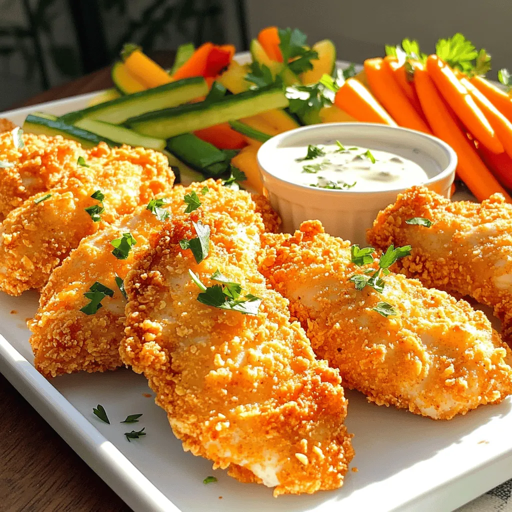 - 1 pound chicken tenders - 1 cup breadcrumbs (panko or regular) - 1/2 cup grated Parmesan cheese - 1 packet (1 oz) ranch seasoning mix - 1/2 cup all-purpose flour - 2 large eggs - 2 tablespoons milk - Salt and pepper to taste - Cooking spray or olive oil spray For this recipe, I love using chicken tenders. They are easy to handle, cook fast, and stay juicy. The breadcrumbs give a nice crunch. You can choose panko for extra crispiness or regular ones for a softer bite. Mixing the grated Parmesan cheese with the breadcrumbs adds a cheesy, savory flavor. The ranch seasoning brings a classic taste that makes these tenders special. Next, we need our coating mixture. I always use all-purpose flour to help the breading stick. The eggs and milk create a smooth wash that coats the chicken well. This step is key for a good crunch. After that, don’t forget to season! A little salt and pepper enhance the chicken flavor. Spraying the tenders with cooking spray or olive oil ensures they get golden and crispy in the oven. This simple ingredient list makes for a delightful meal. You can find the full recipe above to guide you through cooking these tasty Baked Ranch Chicken Tenders. 1. Preheat your oven to 425°F (220°C). This step is key for crispy chicken. 2. Prepare a baking sheet with parchment paper or a silicone mat. This helps with easy cleanup. 3. In a shallow dish, combine the breadcrumbs, grated Parmesan cheese, and ranch seasoning. Stir until mixed well. 1. In another shallow dish, add the all-purpose flour. Season it with salt and pepper. 2. Take each chicken tender and dredge it in the flour. Shake off any extra flour to avoid clumps. 3. Next, dip the tender into the egg mixture. Make sure it gets fully coated. 4. Finally, roll the tender in the breadcrumb mix. Press gently to help the coating stick well. 1. Arrange the breaded tenders on your prepared baking sheet. Leave space between each piece. 2. Lightly spray the chicken with cooking spray or olive oil spray. This helps them get golden and crispy. 3. Bake for 15-20 minutes. Check that the chicken reaches an internal temperature of 165°F (75°C). The coating should look golden brown and crispy. You can find the full recipe with all the ingredients listed above. Enjoy making your Baked Ranch Chicken Tenders! To achieve the perfect crispiness, use panko breadcrumbs. They add great texture. Lightly spray the breaded chicken with cooking spray before baking. This helps it brown nicely. Bake at 425°F (220°C) to get that golden color. Always check that your chicken is cooked to the right temperature. The safe internal temperature for chicken is 165°F (75°C). Use a meat thermometer for the best results. This ensures your chicken is juicy and safe to eat. You can enhance the flavor with extra seasonings. Try adding garlic powder or smoked paprika to the breadcrumb mix. These spices add a nice kick. For dipping sauces, ranch dressing is a classic choice. You can also pair it with honey mustard or barbecue sauce. Fresh vegetable sticks make great sides, too. They add crunch and balance the meal. Presentation is key for a great meal. Serve the chicken tenders on a large platter. Add a side of ranch dipping sauce and fresh veggie sticks for color. You can also garnish with chopped parsley or dill. This adds a pop of color and makes it look fancy. For ideal pairings, consider serving with a light salad or crispy fries. A simple side of coleslaw also complements the tenders well. Enjoy your meal with friends or family for a delightful feast! {{image_2}} You can change this recipe to fit your needs. If you want to go gluten-free, use gluten-free breadcrumbs. They work just as well as regular ones. For a low-carb option, try crushed pork rinds or almond flour instead of breadcrumbs. Both options give a great crunch. Get creative with the seasoning! You can try different blends like garlic powder or paprika. For those who love spice, add hot sauce to the egg mixture. This will give your chicken a nice kick. You can also sprinkle cayenne pepper into the breadcrumb mix for extra heat. Want to make it even better? You can add veggies to the coating. Try mixing in some finely chopped spinach or bell peppers. If you love cheese, sprinkle some shredded cheese into the breadcrumb mix for a cheesy crunch. You can also switch proteins. Try using pork or tofu for a fun twist. You can find the full recipe for these delicious tenders at the beginning of this article. To keep your Baked Ranch Chicken Tenders fresh, refrigerate leftovers right away. Place them in an airtight container. This helps keep the tenders moist and tasty. If you don’t have an airtight container, cover them tightly with plastic wrap. Either option works well to prevent drying out. If you want to save your chicken tenders for later, freezing is a great option. First, let the tenders cool completely. Then, wrap each one in foil or parchment paper. Place the wrapped tenders in a freezer-safe bag. Make sure to push out as much air as possible. For reheating, take them out of the freezer and let them thaw in the fridge overnight. You can reheat them in the oven at 350°F (175°C) for about 10-15 minutes. This keeps them crispy. Baked Ranch Chicken Tenders last about 3 to 4 days in the fridge. Always check for signs of spoilage. If you notice any off smells or slimy texture, it's best to toss them. Fresh food is key to a good meal. Enjoy your tenders while they are still tasty! How to make chicken tenders more flavorful? To boost flavor, use fresh herbs. You can add garlic powder or onion powder. For a kick, try cayenne pepper. Marinating the chicken in buttermilk or yogurt adds taste and tenderness. Can I make these tenders in advance? Yes, you can prep the tenders ahead. Bread them and store in the fridge for up to 24 hours. This helps the flavors meld. Bake them right before serving for crispy results. What temperature should chicken be cooked to? Chicken must reach an internal temperature of 165°F (75°C). Use a meat thermometer to check this. Proper cooking ensures safety and juiciness. Can I bake these chicken tenders without egg? Yes, you can use a mixture of flour and water or milk instead. This helps the breadcrumbs stick. You could also try a vegan egg substitute like flaxseed meal mixed with water. How do I adjust this recipe for fewer servings? To make fewer servings, simply halve the ingredients. Use ½ pound of chicken tenders and adjust the other ingredients accordingly. This keeps the flavor and texture just right. What can I substitute if I don't have ranch seasoning? If ranch seasoning is not available, mix dried herbs like dill, parsley, and garlic powder. You can also use Italian seasoning for a different flavor profile. Adjust the amounts based on your taste preferences. For the full recipe, check the earlier section. In this blog post, we covered how to make delicious Baked Ranch Chicken Tenders. You learned about the main ingredients, prepping steps, and how to achieve the perfect crispiness. I shared tips on variations for dietary needs and flavor changes. Remember, these tenders are flexible; you can customize them to fit your taste. Enjoy experimenting with different sides and sauces. Your chicken tenders will be a hit at any meal. Get cooking and savor every bite!