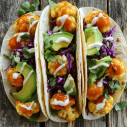 To make Buffalo cauliflower tacos, you'll need some key items. Here’s a list: - 1 medium head of cauliflower, cut into florets - 1 cup all-purpose flour - 1 cup water - 1 teaspoon garlic powder - 1 teaspoon onion powder - 1 teaspoon smoked paprika - 1 teaspoon salt - 1 cup buffalo sauce (mild or hot, based on preference) - 8 small corn tortillas These ingredients create a tasty base for the tacos. The cauliflower gives them a nice crunch. The buffalo sauce adds spice and flavor. You can dress up your tacos with fun toppings. Here are some great choices: - 1 avocado, sliced - 1 cup red cabbage, shredded - 1/2 cup cilantro, chopped - 1/4 cup ranch dressing (for serving) These toppings add creaminess and freshness. The avocado balances the heat from the buffalo sauce. The red cabbage gives a nice crunch, too! Pair your tacos with sides that complement the flavors. Here are my favorites: - Simple green salad with a light vinaigrette - Corn on the cob, grilled or boiled - Chips and guacamole These sides complete the meal. They keep it light and fun. For the full recipe, check out the details above! First, gather your ingredients. You need a medium head of cauliflower, flour, water, garlic powder, onion powder, smoked paprika, salt, buffalo sauce, corn tortillas, avocado, red cabbage, cilantro, and ranch dressing. Preheat your oven to 450°F (230°C) and line a baking sheet with parchment paper. This step makes cleaning easier later. In a large mixing bowl, whisk together one cup of flour, one cup of water, garlic powder, onion powder, smoked paprika, and salt until the mixture is smooth. This batter coats the cauliflower and gives it a great crunch. Now, dip each cauliflower floret into the batter. Make sure each piece is fully coated. Then, place them on the baking sheet in a single layer. Bake the cauliflower for 20-25 minutes. Halfway through, flip the florets to ensure even cooking. You want them golden brown and crispy. After 25 minutes, take the baking sheet out of the oven. Toss the baked cauliflower in buffalo sauce until each piece is well coated. This adds a spicy kick! Return the coated cauliflower to the oven for an extra 5-10 minutes. This helps the sauce stick nicely. While the cauliflower bakes, warm the corn tortillas. Heat them in a pan over medium heat for about 30 seconds on each side. This makes them soft and easy to fold. Now, it’s time to assemble your tacos! Take a tortilla and place a few pieces of buffalo cauliflower in the center. Add some avocado slices, shredded red cabbage, and chopped cilantro for crunch and freshness. Finally, drizzle ranch dressing on top for creaminess. Enjoy your buffalo cauliflower tacos, packed with flavor and easy to make. For the full recipe, check out the details above! To get crispy cauliflower, follow a few key steps. First, make sure your oven is hot, around 450°F (230°C). This heat helps to create a nice crust. Second, coat each cauliflower floret well in the batter. A thick layer traps moisture and keeps it from getting soggy. Bake the florets in a single layer on a lined baking sheet. Flip them halfway through cooking for even crispiness. Finally, toss the baked florets in buffalo sauce right after they come out of the oven. This method locks in flavor and keeps them crunchy. When building your tacos, start with a warm corn tortilla. This makes them soft and easy to fold. Use a few pieces of buffalo cauliflower in the center, but don’t overfill. Add avocado slices and shredded cabbage for a nice crunch. Cilantro adds freshness and flavor, so sprinkle it generously. Drizzle ranch dressing on top for creaminess. This balance of flavors and textures makes each bite a delight. Buffalo cauliflower tacos pair well with many sides. A fresh salad with mixed greens and a light vinaigrette works great. You can also serve them with crispy sweet potato fries for a fun twist. For a drink, try a refreshing lemonade or a light beer. These options balance the heat of the tacos and make your meal even more enjoyable. For the full recipe, check out the complete guide. {{image_2}} You can make your Buffalo cauliflower tacos even spicier. Use a hotter buffalo sauce. You can also add fresh jalapeños. They give a nice crunch and heat. For a fiery twist, mix in some cayenne pepper with your batter. This will pack a punch in every bite. To make these tacos vegan, swap the ranch dressing for a plant-based option. Many brands offer great dairy-free ranch. You can also make your own using cashews, lemon juice, and herbs. Use a gluten-free flour for the batter if needed. This way, everyone can enjoy these delicious tacos. If you need gluten-free options, replace all-purpose flour with almond or chickpea flour. They work well for this batter. Use corn tortillas or lettuce wraps instead of flour tortillas. This keeps the taste and texture while making it gluten-free. You can still enjoy that crispy cauliflower with a twist! For the full recipe, check out the detailed instructions above. After you enjoy your Buffalo Cauliflower Tacos, store any leftovers. Place the tacos in an airtight container. You can keep them in the fridge for up to three days. If you want to save the cauliflower and toppings separately, that works too. Just store each item in its own container. When you want to eat your leftovers, heat them up carefully. For best results, use an oven or a toaster oven. Preheat it to 350°F (175°C). Place the tacos on a baking sheet. Heat for about 10 minutes or until warm. You can also use a microwave, but it may make the tortillas soft. Heat them for about 30 seconds. Check and add more time if needed. If you want to freeze your tacos, it’s easy! Allow the cooked cauliflower to cool. Place it in a freezer-safe bag. You can freeze it for up to three months. When you're ready to eat, thaw it in the fridge overnight. Reheat as mentioned above. The tacos will still taste great, even after freezing! Enjoy every spicy bite. For the complete recipe, check out the Full Recipe. Yes, you can prep parts of this recipe ahead of time. You can cut the cauliflower and mix the batter a day in advance. Store the cauliflower and batter in the fridge. When you're ready, just bake the cauliflower and toss it with buffalo sauce. This makes it easy to enjoy these tasty tacos anytime. If you want a different flavor, try using Greek yogurt or sour cream. You can also mix in lime juice or herbs for a fresh taste. Another option is to use guacamole for creaminess. The choice depends on your taste, so feel free to experiment! Buffalo sauce can be spicy, but you can adjust the heat. Choose a mild buffalo sauce or mix it with butter to lessen the heat. You can also make a homemade sauce with less hot sauce and more vinegar. This way, you can enjoy the flavor without the burn. Buffalo cauliflower tacos are tasty and easy to make. We covered the key ingredients, prep steps, and how to bake the cauliflower. I shared tips for keeping your tacos crisp and delicious. You can even try fun variations like spicy buffalo or vegan-friendly options. Don’t forget about storage tips for leftovers. With these ideas and steps, you can create a meal that everyone will love. Enjoy experimenting and make these tacos your own!