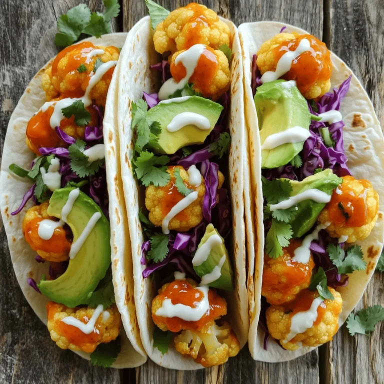 To make Buffalo cauliflower tacos, you'll need some key items. Here’s a list: - 1 medium head of cauliflower, cut into florets - 1 cup all-purpose flour - 1 cup water - 1 teaspoon garlic powder - 1 teaspoon onion powder - 1 teaspoon smoked paprika - 1 teaspoon salt - 1 cup buffalo sauce (mild or hot, based on preference) - 8 small corn tortillas These ingredients create a tasty base for the tacos. The cauliflower gives them a nice crunch. The buffalo sauce adds spice and flavor. You can dress up your tacos with fun toppings. Here are some great choices: - 1 avocado, sliced - 1 cup red cabbage, shredded - 1/2 cup cilantro, chopped - 1/4 cup ranch dressing (for serving) These toppings add creaminess and freshness. The avocado balances the heat from the buffalo sauce. The red cabbage gives a nice crunch, too! Pair your tacos with sides that complement the flavors. Here are my favorites: - Simple green salad with a light vinaigrette - Corn on the cob, grilled or boiled - Chips and guacamole These sides complete the meal. They keep it light and fun. For the full recipe, check out the details above! First, gather your ingredients. You need a medium head of cauliflower, flour, water, garlic powder, onion powder, smoked paprika, salt, buffalo sauce, corn tortillas, avocado, red cabbage, cilantro, and ranch dressing. Preheat your oven to 450°F (230°C) and line a baking sheet with parchment paper. This step makes cleaning easier later. In a large mixing bowl, whisk together one cup of flour, one cup of water, garlic powder, onion powder, smoked paprika, and salt until the mixture is smooth. This batter coats the cauliflower and gives it a great crunch. Now, dip each cauliflower floret into the batter. Make sure each piece is fully coated. Then, place them on the baking sheet in a single layer. Bake the cauliflower for 20-25 minutes. Halfway through, flip the florets to ensure even cooking. You want them golden brown and crispy. After 25 minutes, take the baking sheet out of the oven. Toss the baked cauliflower in buffalo sauce until each piece is well coated. This adds a spicy kick! Return the coated cauliflower to the oven for an extra 5-10 minutes. This helps the sauce stick nicely. While the cauliflower bakes, warm the corn tortillas. Heat them in a pan over medium heat for about 30 seconds on each side. This makes them soft and easy to fold. Now, it’s time to assemble your tacos! Take a tortilla and place a few pieces of buffalo cauliflower in the center. Add some avocado slices, shredded red cabbage, and chopped cilantro for crunch and freshness. Finally, drizzle ranch dressing on top for creaminess. Enjoy your buffalo cauliflower tacos, packed with flavor and easy to make. For the full recipe, check out the details above! To get crispy cauliflower, follow a few key steps. First, make sure your oven is hot, around 450°F (230°C). This heat helps to create a nice crust. Second, coat each cauliflower floret well in the batter. A thick layer traps moisture and keeps it from getting soggy. Bake the florets in a single layer on a lined baking sheet. Flip them halfway through cooking for even crispiness. Finally, toss the baked florets in buffalo sauce right after they come out of the oven. This method locks in flavor and keeps them crunchy. When building your tacos, start with a warm corn tortilla. This makes them soft and easy to fold. Use a few pieces of buffalo cauliflower in the center, but don’t overfill. Add avocado slices and shredded cabbage for a nice crunch. Cilantro adds freshness and flavor, so sprinkle it generously. Drizzle ranch dressing on top for creaminess. This balance of flavors and textures makes each bite a delight. Buffalo cauliflower tacos pair well with many sides. A fresh salad with mixed greens and a light vinaigrette works great. You can also serve them with crispy sweet potato fries for a fun twist. For a drink, try a refreshing lemonade or a light beer. These options balance the heat of the tacos and make your meal even more enjoyable. For the full recipe, check out the complete guide. {{image_2}} You can make your Buffalo cauliflower tacos even spicier. Use a hotter buffalo sauce. You can also add fresh jalapeños. They give a nice crunch and heat. For a fiery twist, mix in some cayenne pepper with your batter. This will pack a punch in every bite. To make these tacos vegan, swap the ranch dressing for a plant-based option. Many brands offer great dairy-free ranch. You can also make your own using cashews, lemon juice, and herbs. Use a gluten-free flour for the batter if needed. This way, everyone can enjoy these delicious tacos. If you need gluten-free options, replace all-purpose flour with almond or chickpea flour. They work well for this batter. Use corn tortillas or lettuce wraps instead of flour tortillas. This keeps the taste and texture while making it gluten-free. You can still enjoy that crispy cauliflower with a twist! For the full recipe, check out the detailed instructions above. After you enjoy your Buffalo Cauliflower Tacos, store any leftovers. Place the tacos in an airtight container. You can keep them in the fridge for up to three days. If you want to save the cauliflower and toppings separately, that works too. Just store each item in its own container. When you want to eat your leftovers, heat them up carefully. For best results, use an oven or a toaster oven. Preheat it to 350°F (175°C). Place the tacos on a baking sheet. Heat for about 10 minutes or until warm. You can also use a microwave, but it may make the tortillas soft. Heat them for about 30 seconds. Check and add more time if needed. If you want to freeze your tacos, it’s easy! Allow the cooked cauliflower to cool. Place it in a freezer-safe bag. You can freeze it for up to three months. When you're ready to eat, thaw it in the fridge overnight. Reheat as mentioned above. The tacos will still taste great, even after freezing! Enjoy every spicy bite. For the complete recipe, check out the Full Recipe. Yes, you can prep parts of this recipe ahead of time. You can cut the cauliflower and mix the batter a day in advance. Store the cauliflower and batter in the fridge. When you're ready, just bake the cauliflower and toss it with buffalo sauce. This makes it easy to enjoy these tasty tacos anytime. If you want a different flavor, try using Greek yogurt or sour cream. You can also mix in lime juice or herbs for a fresh taste. Another option is to use guacamole for creaminess. The choice depends on your taste, so feel free to experiment! Buffalo sauce can be spicy, but you can adjust the heat. Choose a mild buffalo sauce or mix it with butter to lessen the heat. You can also make a homemade sauce with less hot sauce and more vinegar. This way, you can enjoy the flavor without the burn. Buffalo cauliflower tacos are tasty and easy to make. We covered the key ingredients, prep steps, and how to bake the cauliflower. I shared tips for keeping your tacos crisp and delicious. You can even try fun variations like spicy buffalo or vegan-friendly options. Don’t forget about storage tips for leftovers. With these ideas and steps, you can create a meal that everyone will love. Enjoy experimenting and make these tacos your own!