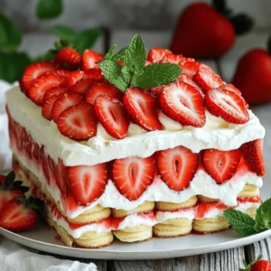- 1 pound fresh strawberries, hulled and sliced - 1/3 cup granulated sugar - 1 cup heavy whipping cream - 1/2 cup powdered sugar - 1 teaspoon vanilla extract - 1 package (14.1 ounces) of store-bought shortcake biscuits - 1/2 cup Greek yogurt (optional for creaminess) - Fresh mint leaves for garnish Using fresh strawberries makes this dessert bright and sweet. The sugar helps the berries release their juices. It gives your cake a nice flavor. The heavy cream and powdered sugar create a light and fluffy whipped topping. The vanilla adds a bit of warmth to the mix. The store-bought shortcake biscuits save time and keep it easy. You can use Greek yogurt for extra creaminess if you like. Fresh mint leaves add a nice touch on top. They also give a fresh taste that pairs well with strawberries. - Mixing bowls - Whisk or hand mixer - Baking dish (8-inch square or round) - Plastic wrap You will need a few simple tools. Mixing bowls help you combine the ingredients. A whisk or hand mixer is great for whipping the cream. The baking dish holds all the layers together. Finally, plastic wrap keeps your cake fresh while it chills in the fridge. For the full recipe, check out the Berry Bliss Strawberry Shortcake Icebox Cake 🥯. - First, slice 1 pound of fresh strawberries. - Place them in a medium bowl. - Sprinkle 1/3 cup of granulated sugar over the strawberries. - Toss the berries gently. - Let them sit for about 20 minutes. - This helps the strawberries release their sweet juices. - In a large bowl, combine 1 cup of heavy whipping cream, 1/2 cup of powdered sugar, and 1 teaspoon of vanilla extract. - Use a whisk or hand mixer to whip the mixture. - Whip until soft peaks form. - If you want creaminess, fold in 1/2 cup of Greek yogurt gently. - This adds a rich texture that makes the cake extra yummy. - Grab a biscuit from the package of shortcake biscuits. - Dip it briefly in the strawberry juice from the bowl. - Place the dipped biscuit at the bottom of an 8-inch baking dish. - Spread a layer of whipped cream over the biscuit. - Add a layer of the macerated strawberries on top. - Repeat this process, layering biscuits, whipped cream, and strawberries. - Keep going until you reach the top of the dish. - Finish with a final layer of whipped cream. - Decorate with a few whole strawberries. - Cover the dish with plastic wrap and refrigerate for at least 4 hours. - For best results, let it chill overnight. - Before serving, add fresh mint leaves for a nice touch. Check the [Full Recipe] for all the details. Chilling is key for a great icebox cake. When you chill the cake, it lets the flavors blend well. The biscuits soften and soak up all the yummy juices. I suggest letting it sit overnight for the best taste. If you want a different texture for your whipped cream, try using a hand mixer. You can also use an electric mixer if you prefer a quicker way. To make your cake pop with flavor, add lemon zest or a little lemon extract. This gives a fresh taste that contrasts nicely with the strawberries. You can also use flavored biscuits instead of plain ones. Strawberry or vanilla biscuits add an extra layer of flavor to your cake. Garnishing makes your cake look fantastic. Use fresh mint leaves on top for a vibrant touch. You can also sprinkle some crushed biscuits for added crunch. When serving at a party, cut the cake into squares. Place each piece on a colorful plate for a fun display. You can even add a drizzle of strawberry sauce on the plate for a nice touch. {{image_2}} You can switch up the strawberries for other berries. Blueberries and raspberries work great. They add unique flavors and colors. You can also use seasonal fruits like peaches or cherries. Just slice them thin for even layers. This makes your cake even more exciting! If you need a gluten-free version, use gluten-free biscuits. Many brands offer tasty options that fit this need. For a vegan cake, replace heavy cream with coconut cream. It whips up nicely and adds a tropical twist. Both options keep the cake delicious and enjoyable for everyone. Get creative with your layers! You can use different creams or fillings. Consider a layer of chocolate mousse for a rich taste. You can also add flavored creams like lemon or almond. This keeps each bite interesting and packed with flavor. Use your imagination to make a one-of-a-kind dessert! For the full recipe, check out the Berry Bliss Strawberry Shortcake Icebox Cake. To keep your Strawberry Shortcake Icebox Cake fresh, store it in the fridge. Use an airtight container or cover it tightly with plastic wrap. This will prevent it from drying out or absorbing other smells in the fridge. Always try to keep it away from strong-smelling foods. If you want to save some cake for later, freezing works great. Cut the cake into slices and wrap each piece in plastic wrap. Then, place them in a freezer-safe bag or container. This keeps the cake fresh for up to three months. When you want to enjoy a slice, take it out and let it thaw in the fridge overnight. For the best quality, eat the cake within three to four days when stored in the fridge. After this time, the biscuits may become mushy, and the flavors can fade. Signs that the cake is no longer good include an off smell or a change in texture. If it looks or smells funny, it’s best to toss it. Enjoy your cake while it’s fresh! Yes, you can use frozen strawberries. Just remember to thaw them first. Drain off excess juice to avoid sogginess. Frozen strawberries can be a bit softer, but they still taste great. This choice can save time, especially when fresh strawberries are out of season. Let the cake chill for at least 4 hours. I recommend overnight for the best flavor. This cooling time allows the biscuits to soak in the juicy strawberry goodness. The longer it sits, the better it tastes. You will enjoy a creamy and delightful dessert. If you need a substitute for heavy whipping cream, try coconut cream. It adds a nice flavor and works well in desserts. You can also use a non-dairy whipped topping for a lighter option. Greek yogurt can add creaminess, too, if mixed in. Yes! You can prepare this icebox cake a day or two in advance. Store it in the fridge until you are ready to serve. This makes it perfect for parties or gatherings. Just remember to garnish it with fresh mint right before serving for a pop of color. For the full recipe, check out the Berry Bliss Strawberry Shortcake Icebox Cake 🥯. This blog post covered how to make a delicious icebox cake. We discussed key ingredients, helpful tools, and step-by-step instructions. I shared tips for the best flavor and texture, as well as fun variations. Remember, you can customize the cake for different diets and tastes. Finally, store it correctly to enjoy later. Enjoy creating your icebox cake and impressing friends and family with your tasty treat.
