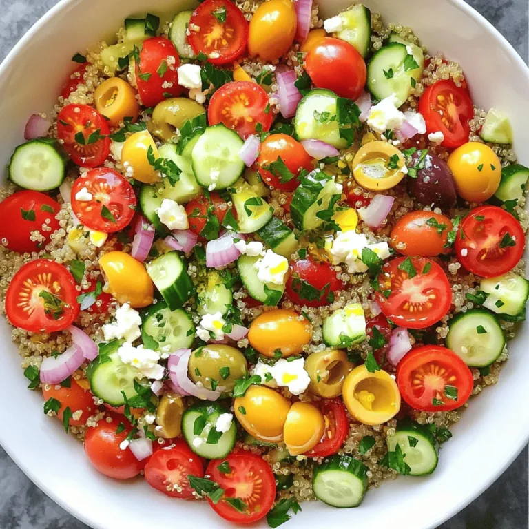 To make a tasty Mediterranean quinoa salad, you need these main ingredients: - 1 cup quinoa, rinsed - 2 cups vegetable broth or water - 1 cup cherry tomatoes, halved - 1 cucumber, diced - 1/2 red onion, finely chopped - 1/2 cup Kalamata olives, pitted and sliced - 1/2 cup feta cheese, crumbled - 1/4 cup fresh parsley, chopped These ingredients add flavor and texture. Quinoa serves as a great base. It is light and fluffy. Tomatoes and cucumbers add freshness. Olives and feta give a salty kick. You can personalize your salad with these optional add-ins: - Bell peppers, diced - Avocado, diced - Artichoke hearts, chopped - Chickpeas, rinsed and drained Feel free to mix and match. Adding these options brings new flavors. They also make the salad heartier. The dressing pulls everything together. You will need: - 1/4 cup olive oil - 2 tablespoons lemon juice - 1 teaspoon dried oregano - Salt and pepper to taste This dressing is simple yet flavorful. Olive oil adds richness, while lemon juice brightens the dish. Oregano gives a touch of Mediterranean flair. For the full recipe, follow the steps mentioned earlier. First, rinse one cup of quinoa under cold water. This helps remove any bitter taste. Next, grab a medium saucepan and add the rinsed quinoa and two cups of vegetable broth (or water). Bring this mixture to a boil over high heat. Once it boils, lower the heat to low. Cover the pot and let it simmer for about 15 minutes. The quinoa will absorb all the liquid and become fluffy. After 15 minutes, turn off the heat and let it cool for 10-15 minutes. Fluff the quinoa with a fork to separate the grains. While the quinoa cools, it’s time to prepare the veggies. In a large bowl, combine one cup of halved cherry tomatoes, one diced cucumber, and half a finely chopped red onion. Add in half a cup of sliced Kalamata olives and half a cup of crumbled feta cheese. Mix these ingredients together gently. Once the quinoa has cooled, add it to the bowl with the veggies. Toss everything together until well mixed. To make the dressing, grab a small bowl. Whisk together a quarter cup of olive oil, two tablespoons of lemon juice, one teaspoon of dried oregano, and some salt and pepper to taste. This dressing adds a burst of flavor. Once mixed, pour it over the salad. Toss gently to coat all the ingredients with the dressing. Finally, fold in a quarter cup of chopped fresh parsley for a nice touch. This step adds color and freshness to your salad. Taste the salad and adjust the seasoning if needed. This Mediterranean quinoa salad is tasty and packed with nutrients. It’s perfect for a light meal or a side dish. For the full recipe, check out the details above. Enjoy your cooking! To cook quinoa just right, rinse it well first. This removes the bitter taste. Use two cups of liquid for every cup of quinoa. Bring it to a boil, then lower the heat. Cover and simmer for about 15 minutes. When it's fluffy, set it aside to cool. Fluff it with a fork to keep it light. To make your salad pop, add fresh herbs like basil or mint. A pinch of garlic powder can boost the taste too. You can also toss in sun-dried tomatoes or roasted red peppers. These add sweet and smoky notes. If you like heat, sprinkle some red pepper flakes for a spicy kick. Serve your salad in a big bowl for family style or in small bowls for guests. Top with extra parsley or a lemon slice for color. You can also use clear glasses for a fun look. Layer the salad in the glasses for a beautiful display. This makes it fun and fancy for any meal. Check out the Full Recipe for more tips! {{image_2}} You can easily make this salad vegetarian or vegan. To keep it vegetarian, simply use feta cheese. For a vegan twist, swap the feta for avocado or a vegan cheese. Both options add creaminess and flavor. You still get all the great taste and nutrition. Want more protein? Add chickpeas or black beans to your salad. A half-cup works well. Grilled chicken or shrimp also makes a tasty addition for meat lovers. These proteins boost the dish and make it a full meal. Seasonal swaps can keep your salad fresh and exciting. In spring, add fresh peas or asparagus. In summer, try bell peppers or zucchini. Fall brings roasted sweet potatoes, while winter can feature hearty kale. Adjusting ingredients lets you enjoy new flavors all year round. Check out the Full Recipe to explore more ideas! To store your Mediterranean quinoa salad, place it in an airtight container. This keeps it fresh. You can store it in the fridge for up to three days. The flavors will meld together, making it even tastier. If you want to keep the salad crisp, store the dressing separately. Add it just before serving. Freezing this salad is not the best idea. The texture of the vegetables may change. If you must freeze it, use a freezer-safe container. It can last for up to three months. When you are ready to eat it, let it thaw in the fridge overnight. If you have leftovers, reheating is easy. Just warm it in a pan over low heat. You can also use a microwave for quick reheating. Add a splash of olive oil or lemon juice to freshen it up. Serve it warm or at room temperature. Enjoy your delicious Mediterranean quinoa salad again! For the full recipe, you can refer back to the main section. Yes, you can make this salad ahead of time. Prepare it up to two days in advance. Keep it in the fridge in an airtight container. The flavors actually get better as they sit. Just remember to add fresh parsley right before serving. If you want to swap quinoa, try using couscous or brown rice. Both work well and taste great. You can also use farro or bulgur for a different texture. Just make sure to adjust cooking times based on the grain you choose. Yes, this salad is gluten-free if you use quinoa. Quinoa is a seed, not a grain. Make sure to verify that any substitute grains are also gluten-free. Always check labels if you have strict dietary needs. This salad lasts about three to five days in the fridge. Keep it in a sealed container to stay fresh. If it looks or smells off, it’s best to throw it away. Enjoy your Mediterranean Quinoa Salad fresh for the best taste! For the full recipe, check the earlier section. Mediterranean quinoa salad is colorful and healthy. We covered the main ingredients, how to prepare the salad, and tips for cooking quinoa. I shared easy ways to enhance flavors and make variations. This salad is great for meal prep and can last in the fridge for days. In conclusion, this salad offers endless possibilities. Enjoy its fresh taste and nutrition. It’s perfect for any meal.