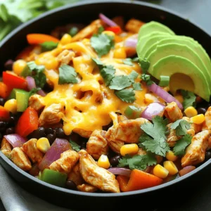 To make the Savory Southwest Chicken Skillet, gather these ingredients: - 2 tablespoons olive oil - 1 pound boneless, skinless chicken breast, diced - 1 teaspoon smoked paprika - 1 teaspoon chili powder - ½ teaspoon cumin - ½ teaspoon garlic powder - ½ teaspoon onion powder - Salt and pepper to taste - 1 cup bell peppers (red, green, and yellow), sliced - 1 small red onion, sliced - 1 cup corn kernels (fresh or frozen) - 1 can (14.5 oz) diced tomatoes with green chilies - 1 cup black beans, drained and rinsed - 1 cup shredded cheese (cheddar or Mexican blend) - Fresh cilantro, chopped (for garnish) - Avocado slices (for serving) When choosing fresh ingredients, look for bright colors. For bell peppers, choose firm ones with no soft spots. The chicken should feel moist but not slippery. Opt for whole, canned tomatoes that are intact. Check the corn for a sweet smell and bright color if using fresh. Lastly, for herbs like cilantro, select bunches that smell fresh and look vibrant. If you have allergies, you can swap some ingredients. Use olive oil for canola or avocado oil. For dairy-free options, skip the cheese or use a plant-based substitute. If you're avoiding beans, try adding more veggies like zucchini or mushrooms. For a gluten-free meal, ensure your spices and canned goods contain no gluten. These substitutions keep the meal tasty while meeting your needs. You can find the full recipe above. To start, gather all your ingredients. This will make cooking easy and fun. Here’s what you need: - 2 tablespoons olive oil - 1 pound boneless, skinless chicken breast, diced - 1 teaspoon smoked paprika - 1 teaspoon chili powder - ½ teaspoon cumin - ½ teaspoon garlic powder - ½ teaspoon onion powder - Salt and pepper to taste - 1 cup bell peppers (red, green, and yellow), sliced - 1 small red onion, sliced - 1 cup corn kernels (fresh or frozen) - 1 can (14.5 oz) diced tomatoes with green chilies - 1 cup black beans, drained and rinsed - 1 cup shredded cheese (cheddar or Mexican blend) - Fresh cilantro, chopped (for garnish) - Avocado slices (for serving) First, heat your olive oil in a large skillet over medium-high heat. This helps to get that nice flavor going. Next, add the diced chicken and season it with smoked paprika, chili powder, cumin, garlic powder, onion powder, salt, and pepper. Cook this for about 5 to 7 minutes. You want the chicken to be cooked through and nice and brown. Now, stir in the sliced bell peppers and red onion. Sauté these for another 3 to 4 minutes. You want the veggies to be tender but still colorful. Then, add in the corn, diced tomatoes (with their juices), and black beans. Mix everything well and let it simmer for about 5 minutes. This is when all those flavors come together. Finally, sprinkle the shredded cheese on top of the chicken and veggies. Cover the skillet and cook for another 2 to 3 minutes. You want the cheese to melt and get bubbly. Remove from heat and garnish with fresh cilantro. Serve warm with avocado slices on the side. You can find the Full Recipe for more details. When cooking, I like to use high heat. This helps to brown the chicken. Browning adds depth to the taste. Also, using fresh spices can really lift the dish. Don’t be shy with the spices; they make the meal pop! If you want more flavor, try marinating the chicken for an hour before cooking. A simple mix of olive oil, lime juice, and spices works well. To get juicy chicken, cut it into even pieces. This helps it cook evenly. Always check the chicken with a meat thermometer. It should reach 165°F to be safe. If you overcook it, the chicken can get dry. Let the chicken rest for a few minutes before serving. This keeps the juices in. Remember, practice makes perfect! To save time, prep your ingredients first. Chop your veggies and meat ahead. You can even do this a day before. Store them in the fridge, ready to go. This helps you cook faster when it's time to eat. Also, use pre-diced chicken from the store if you're in a hurry. It cuts down on prep time. If you like heat, add more chili powder. For a smoky flavor, increase the smoked paprika. Don't be shy to taste while cooking. This way, you can find the right balance for your palate. If you want a milder dish, reduce the spices. You can also add a squeeze of lime juice at the end for extra brightness. Serve your Southwest Chicken Skillet on a bed of rice or with warm tortillas. This adds more texture and makes it more filling. Top it with avocado slices for creaminess. You can also add a dollop of sour cream or Greek yogurt for a tangy touch. Fresh cilantro not only looks great but adds more flavor. For a side, consider a simple green salad to round out the meal. For the full recipe, check out the detailed instructions above. {{image_2}} If you want a meatless dish, swap the chicken for firm tofu or chickpeas. Tofu gives a nice texture and absorbs flavors well. Simply dice the tofu and cook it just like the chicken. Chickpeas can be added directly to the skillet, adding protein and fiber. This twist keeps the dish hearty and satisfying. For a seafood twist, add shrimp instead of chicken. Cook the shrimp for around 3-4 minutes until pink. If you prefer beef, use ground beef or thinly sliced steak. Sauté the beef until browned, then follow the same steps in the recipe. Both options give the dish a new flavor profile. Seasonal veggies can boost flavor and nutrition. In the spring, toss in asparagus or zucchini. In the fall, add sweet potatoes or butternut squash. Each season brings fresh produce, allowing you to adjust the skillet to your taste. Feel free to mix and match your favorite vegetables. This keeps the dish exciting and fresh. To keep your Southwest Chicken Skillet fresh, let it cool first. Store it in an airtight container. Make sure to separate any toppings, like avocado or cheese, to keep them fresh. Place the container in the fridge. Use the leftovers within three days for the best taste. When you’re ready to enjoy your leftovers, reheat them on the stove. Use a medium heat setting. Add a splash of water to keep it moist. Stir it often until it’s hot. You can also use a microwave. Heat in short bursts, stirring in between, to ensure even heating. If you want to save it for later, freezing is a great option. First, cool the dish completely. Then, place it in a freezer-safe container. Make sure to seal it well. This dish can last up to three months in the freezer. To enjoy, thaw it in the fridge overnight before reheating. Southwest Chicken Skillet draws inspiration from the bold flavors of the American Southwest. This region features a mix of Native American, Mexican, and cowboy cooking styles. You find spices like chili powder, cumin, and smoked paprika, which create a warm and hearty taste. The use of fresh veggies, beans, and cheese adds a colorful, vibrant touch to this dish. Yes, you can prepare Southwest Chicken Skillet ahead of time. Cook it fully and let it cool. Store it in an airtight container. It keeps well in the fridge for up to three days. When ready to eat, heat it on the stove or microwave until warm. This method saves time and gives you a quick meal later. To serve more people, simply double the recipe. Use a larger skillet or pot. Make sure to adjust cooking times as you add more food. Cook the chicken in batches if your skillet is not big enough. This way, it cooks evenly and stays juicy. You can also serve extra sides to fill hungry bellies. Pair Southwest Chicken Skillet with simple sides. Rice or quinoa works great. You can also serve it with a fresh salad. Cornbread or tortilla chips add a nice crunch. For a healthy touch, try avocado slices or a dollop of sour cream. These options balance the meal well and enhance the flavor. This blog post explored the Southwest Chicken Skillet, from fresh ingredient choices to tasty cooking tips. I shared methods for perfect chicken, time-saving hacks, and exciting variations to try. Remember, good meals start with high-quality ingredients. Use the tips on storage and reheating to enjoy leftovers. With these insights, you can confidently create your own delicious skillet dish. I hope you feel inspired to get cooking!