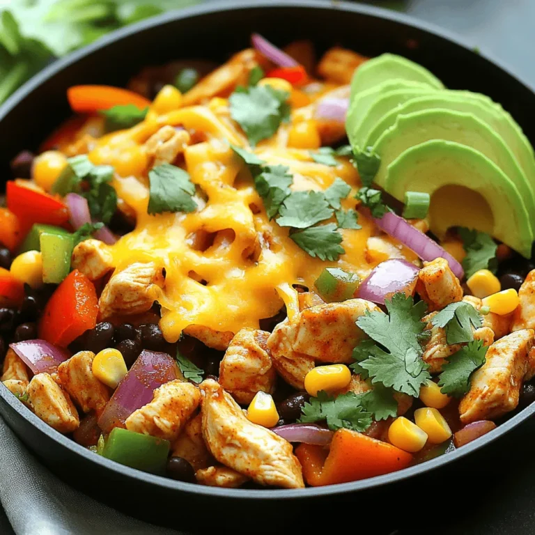 To make the Savory Southwest Chicken Skillet, gather these ingredients: - 2 tablespoons olive oil - 1 pound boneless, skinless chicken breast, diced - 1 teaspoon smoked paprika - 1 teaspoon chili powder - ½ teaspoon cumin - ½ teaspoon garlic powder - ½ teaspoon onion powder - Salt and pepper to taste - 1 cup bell peppers (red, green, and yellow), sliced - 1 small red onion, sliced - 1 cup corn kernels (fresh or frozen) - 1 can (14.5 oz) diced tomatoes with green chilies - 1 cup black beans, drained and rinsed - 1 cup shredded cheese (cheddar or Mexican blend) - Fresh cilantro, chopped (for garnish) - Avocado slices (for serving) When choosing fresh ingredients, look for bright colors. For bell peppers, choose firm ones with no soft spots. The chicken should feel moist but not slippery. Opt for whole, canned tomatoes that are intact. Check the corn for a sweet smell and bright color if using fresh. Lastly, for herbs like cilantro, select bunches that smell fresh and look vibrant. If you have allergies, you can swap some ingredients. Use olive oil for canola or avocado oil. For dairy-free options, skip the cheese or use a plant-based substitute. If you're avoiding beans, try adding more veggies like zucchini or mushrooms. For a gluten-free meal, ensure your spices and canned goods contain no gluten. These substitutions keep the meal tasty while meeting your needs. You can find the full recipe above. To start, gather all your ingredients. This will make cooking easy and fun. Here’s what you need: - 2 tablespoons olive oil - 1 pound boneless, skinless chicken breast, diced - 1 teaspoon smoked paprika - 1 teaspoon chili powder - ½ teaspoon cumin - ½ teaspoon garlic powder - ½ teaspoon onion powder - Salt and pepper to taste - 1 cup bell peppers (red, green, and yellow), sliced - 1 small red onion, sliced - 1 cup corn kernels (fresh or frozen) - 1 can (14.5 oz) diced tomatoes with green chilies - 1 cup black beans, drained and rinsed - 1 cup shredded cheese (cheddar or Mexican blend) - Fresh cilantro, chopped (for garnish) - Avocado slices (for serving) First, heat your olive oil in a large skillet over medium-high heat. This helps to get that nice flavor going. Next, add the diced chicken and season it with smoked paprika, chili powder, cumin, garlic powder, onion powder, salt, and pepper. Cook this for about 5 to 7 minutes. You want the chicken to be cooked through and nice and brown. Now, stir in the sliced bell peppers and red onion. Sauté these for another 3 to 4 minutes. You want the veggies to be tender but still colorful. Then, add in the corn, diced tomatoes (with their juices), and black beans. Mix everything well and let it simmer for about 5 minutes. This is when all those flavors come together. Finally, sprinkle the shredded cheese on top of the chicken and veggies. Cover the skillet and cook for another 2 to 3 minutes. You want the cheese to melt and get bubbly. Remove from heat and garnish with fresh cilantro. Serve warm with avocado slices on the side. You can find the Full Recipe for more details. When cooking, I like to use high heat. This helps to brown the chicken. Browning adds depth to the taste. Also, using fresh spices can really lift the dish. Don’t be shy with the spices; they make the meal pop! If you want more flavor, try marinating the chicken for an hour before cooking. A simple mix of olive oil, lime juice, and spices works well. To get juicy chicken, cut it into even pieces. This helps it cook evenly. Always check the chicken with a meat thermometer. It should reach 165°F to be safe. If you overcook it, the chicken can get dry. Let the chicken rest for a few minutes before serving. This keeps the juices in. Remember, practice makes perfect! To save time, prep your ingredients first. Chop your veggies and meat ahead. You can even do this a day before. Store them in the fridge, ready to go. This helps you cook faster when it's time to eat. Also, use pre-diced chicken from the store if you're in a hurry. It cuts down on prep time. If you like heat, add more chili powder. For a smoky flavor, increase the smoked paprika. Don't be shy to taste while cooking. This way, you can find the right balance for your palate. If you want a milder dish, reduce the spices. You can also add a squeeze of lime juice at the end for extra brightness. Serve your Southwest Chicken Skillet on a bed of rice or with warm tortillas. This adds more texture and makes it more filling. Top it with avocado slices for creaminess. You can also add a dollop of sour cream or Greek yogurt for a tangy touch. Fresh cilantro not only looks great but adds more flavor. For a side, consider a simple green salad to round out the meal. For the full recipe, check out the detailed instructions above. {{image_2}} If you want a meatless dish, swap the chicken for firm tofu or chickpeas. Tofu gives a nice texture and absorbs flavors well. Simply dice the tofu and cook it just like the chicken. Chickpeas can be added directly to the skillet, adding protein and fiber. This twist keeps the dish hearty and satisfying. For a seafood twist, add shrimp instead of chicken. Cook the shrimp for around 3-4 minutes until pink. If you prefer beef, use ground beef or thinly sliced steak. Sauté the beef until browned, then follow the same steps in the recipe. Both options give the dish a new flavor profile. Seasonal veggies can boost flavor and nutrition. In the spring, toss in asparagus or zucchini. In the fall, add sweet potatoes or butternut squash. Each season brings fresh produce, allowing you to adjust the skillet to your taste. Feel free to mix and match your favorite vegetables. This keeps the dish exciting and fresh. To keep your Southwest Chicken Skillet fresh, let it cool first. Store it in an airtight container. Make sure to separate any toppings, like avocado or cheese, to keep them fresh. Place the container in the fridge. Use the leftovers within three days for the best taste. When you’re ready to enjoy your leftovers, reheat them on the stove. Use a medium heat setting. Add a splash of water to keep it moist. Stir it often until it’s hot. You can also use a microwave. Heat in short bursts, stirring in between, to ensure even heating. If you want to save it for later, freezing is a great option. First, cool the dish completely. Then, place it in a freezer-safe container. Make sure to seal it well. This dish can last up to three months in the freezer. To enjoy, thaw it in the fridge overnight before reheating. Southwest Chicken Skillet draws inspiration from the bold flavors of the American Southwest. This region features a mix of Native American, Mexican, and cowboy cooking styles. You find spices like chili powder, cumin, and smoked paprika, which create a warm and hearty taste. The use of fresh veggies, beans, and cheese adds a colorful, vibrant touch to this dish. Yes, you can prepare Southwest Chicken Skillet ahead of time. Cook it fully and let it cool. Store it in an airtight container. It keeps well in the fridge for up to three days. When ready to eat, heat it on the stove or microwave until warm. This method saves time and gives you a quick meal later. To serve more people, simply double the recipe. Use a larger skillet or pot. Make sure to adjust cooking times as you add more food. Cook the chicken in batches if your skillet is not big enough. This way, it cooks evenly and stays juicy. You can also serve extra sides to fill hungry bellies. Pair Southwest Chicken Skillet with simple sides. Rice or quinoa works great. You can also serve it with a fresh salad. Cornbread or tortilla chips add a nice crunch. For a healthy touch, try avocado slices or a dollop of sour cream. These options balance the meal well and enhance the flavor. This blog post explored the Southwest Chicken Skillet, from fresh ingredient choices to tasty cooking tips. I shared methods for perfect chicken, time-saving hacks, and exciting variations to try. Remember, good meals start with high-quality ingredients. Use the tips on storage and reheating to enjoy leftovers. With these insights, you can confidently create your own delicious skillet dish. I hope you feel inspired to get cooking!