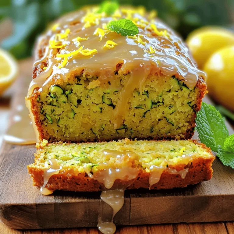 - Grated zucchini - Granulated sugar - Unsalted butter - Large eggs - Greek yogurt - Lemon zest - Lemon juice - All-purpose flour - Baking powder - Baking soda - Salt - Vanilla extract - Glaze ingredients (powdered sugar and lemon juice) For this recipe, you will need: - 1 cup grated zucchini (about 1 medium zucchini) - 1 cup granulated sugar - 1/2 cup unsalted butter, softened - 2 large eggs - 1/4 cup Greek yogurt - 1 tablespoon lemon zest - 1/4 cup lemon juice - 1 1/2 cups all-purpose flour - 1 teaspoon baking powder - 1/2 teaspoon baking soda - 1/4 teaspoon salt - 1/2 teaspoon vanilla extract - For the glaze: - 1 cup powdered sugar - 2 tablespoons lemon juice Using high-quality ingredients matters. Fresh lemon juice gives a bright flavor. Choose a good zucchini; it should feel firm and heavy. If you want to switch things up, you can use applesauce instead of Greek yogurt. This keeps the loaf moist and adds sweetness. You can also try coconut oil for a different flavor. 1. Start by preheating your oven to 350°F (175°C). This temperature helps the loaf bake evenly. 2. Prepare your 9x5 inch loaf pan by greasing it with butter and dusting it with flour. You can also line it with parchment paper for easy removal later. 3. In a large mixing bowl, cream together 1/2 cup of softened unsalted butter and 1 cup of granulated sugar. Use a mixer to make it fluffy. 4. Add 2 large eggs to the bowl, one at a time. Mix well after each egg to ensure they blend in fully. 5. Stir in 1/4 cup of Greek yogurt, 1 tablespoon of lemon zest, and 1/4 cup of lemon juice. Mix until everything is well blended. 6. In another bowl, whisk together 1 1/2 cups of all-purpose flour, 1 teaspoon of baking powder, 1/2 teaspoon of baking soda, and 1/4 teaspoon of salt. 7. Gradually add the dry mixture to the wet mixture. Mix just until combined. Be careful not to overmix, as this can make the loaf tough. 8. Gently fold in 1 cup of grated zucchini, making sure it is evenly mixed in the batter. 1. Pour the batter into your prepared loaf pan. Smooth the top with a spatula for an even surface. 2. Bake in the preheated oven for 50-60 minutes. A toothpick inserted in the center should come out clean when done. 3. Once baked, let the loaf cool in the pan for about 10 minutes. This helps it set without falling apart. 4. Carefully transfer the loaf to a wire rack to cool completely. This keeps it from getting soggy on the bottom. Now you can drizzle the glaze over the loaf once it's cool. For the glaze, mix 1 cup of powdered sugar with 2 tablespoons of lemon juice until smooth. Enjoy this fresh and flavorful treat from the Full Recipe! To make the best Glazed Lemon Zucchini Loaf, focus on a few key steps. First, do not overmix the batter. When you add dry ingredients to wet ones, stir gently. Stop mixing as soon as you see no dry flour. This keeps the loaf light and fluffy. Next, use room temperature ingredients. Take the eggs and butter out of the fridge ahead of time. This helps them blend well and makes your batter smooth. For a moist loaf, make sure to squeeze out excess water from the grated zucchini. Too much moisture can lead to a soggy loaf. You want just the right amount of moisture for the best texture. Creating the perfect glaze is simple. Mix powdered sugar with lemon juice until smooth. Aim for a pourable consistency. If it’s too thick, add a bit more lemon juice to thin it out. You can also play with flavors in your glaze. Try adding a dash of vanilla extract for warmth. Or, mix in a bit of almond extract for a nutty twist. Both options enhance the lemon flavor in your loaf. For more baking tips, check the Full Recipe. {{image_2}} You can easily customize your glazed lemon zucchini loaf. Here are some ideas for extra flavor: - Nuts: Add 1/2 cup of chopped walnuts or pecans for crunch. - Chocolate Chips: Mix in 1/2 cup of dark or white chocolate chips for sweetness. - Spices: A pinch of cinnamon or nutmeg can enhance the flavor. To adjust the lemon flavor, try these tips: - Use more lemon zest for a stronger taste. - Add a splash of lemon extract for extra zing. If you need gluten-free options, swap the all-purpose flour with a gluten-free blend. Make sure it includes xanthan gum for the right texture. For low-sugar alternatives, here are some great swaps: - Use 1 cup of coconut sugar or a sugar substitute, like stevia. - Consider using applesauce instead of sugar for natural sweetness and moisture. These variations and substitutions allow you to make a loaf that fits your taste and dietary needs. For the full recipe, check out the detailed instructions above. To keep your glazed lemon zucchini loaf fresh, wrap it tightly in plastic wrap. Place it in an airtight container. This helps to lock in moisture and keep it soft. You can also use aluminum foil for wrapping. If you want to freeze it, slice the loaf first. Wrap each slice in plastic wrap and then place them in a freezer bag. This way, you can enjoy a slice whenever you want! Your glazed lemon zucchini loaf can stay good for about 3 to 5 days at room temperature. If you store it in the fridge, it may last a week. Look for signs like a change in color or a dry texture. If it smells sour or has mold, it’s best to toss it. Always trust your senses to know when it’s no longer good. For the full recipe, check out the earlier section. How can I make my loaf more flavorful? To boost flavor, add more lemon zest. A pinch of salt also helps. You can mix in nuts or spices like cinnamon. These additions create a lovely taste. You can even swap some sugar for brown sugar for a deeper flavor. Can I use frozen zucchini for this recipe? Yes, you can use frozen zucchini. Make sure to thaw and drain it first. Excess water can make your loaf soggy. Pat it with a towel to remove extra moisture. This way, your loaf will stay light and fluffy. What are the best ways to serve Glazed Lemon Zucchini Loaf? Serve it warm or at room temperature. Slice it thick for a hearty piece. You can add a dollop of whipped cream or yogurt. A sprinkle of fresh mint on top adds a nice touch too. Why did my loaf not rise properly? If your loaf does not rise, check your baking powder. It may be old and inactive. Also, make sure to mix the batter just enough. Overmixing can cause it to be dense. Lastly, ensure your oven is at the right temperature. What should I do if my glaze is too thick? If your glaze is too thick, add a little lemon juice. Stir it well until it becomes pourable. You want it to glide smoothly over the loaf. A thin glaze will soak in nicely. In this post, we explored how to make a delicious Glazed Lemon Zucchini Loaf. We covered the key ingredients and their measurements, stressing the need for quality. I provided step-by-step instructions for mixing and baking, along with tips for perfecting your loaf. Don't forget to try different flavor variations and dietary substitutes to make it your own. Proper storage will keep your loaf fresh for longer. With these insights, you can create a tasty treat that's sure to impress!