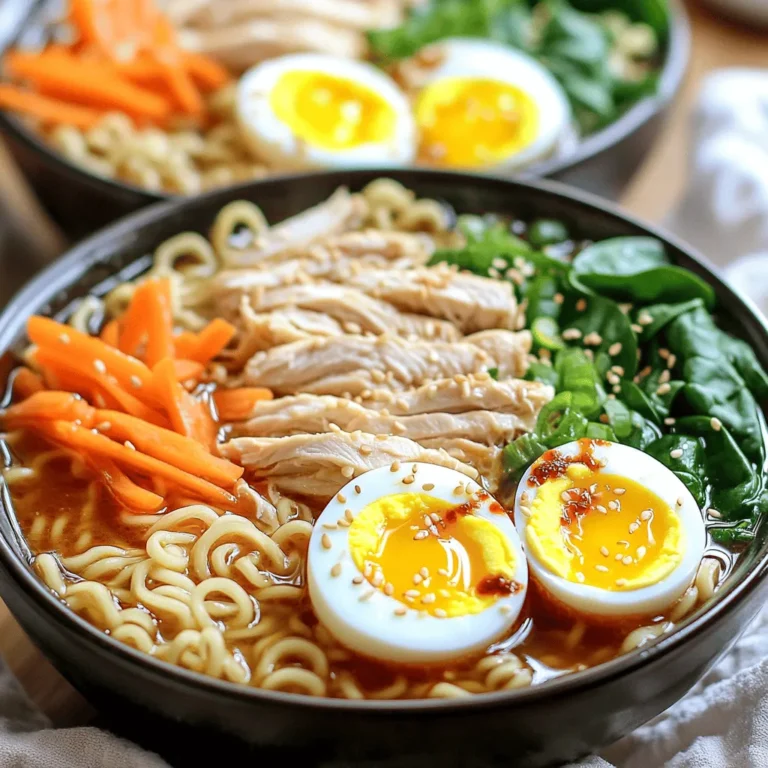 To create a tasty bowl of spicy chicken ramen, you need a few key ingredients: - 2 boneless, skinless chicken thighs - 4 cups chicken broth - 2 packs of instant ramen noodles (discard the seasoning packets) - 1 tablespoon sesame oil - 2 garlic cloves, minced - 1-inch piece of ginger, grated - 1 tablespoon red chili paste (or to taste) These ingredients form the base of your ramen. The chicken thighs add rich flavor, while the broth creates a warm, comforting soup. Instant ramen noodles cook quickly and easily. Sesame oil gives a nutty aroma, and garlic, ginger, and chili paste bring depth and heat. You can also add some optional ingredients to make your ramen even better: - 2 soft-boiled eggs - 1 tablespoon miso paste - 1 small carrot, julienned - 3 green onions, chopped - 1 cup baby spinach - Toasted sesame seeds for garnish - Sriracha for extra heat (optional) Soft-boiled eggs add creaminess and richness. Miso paste deepens the umami flavor. Fresh vegetables like carrots, green onions, and spinach not only add color but also nutrients. Garnishes like sesame seeds and Sriracha give a nice finish and extra spice. For the full recipe, check out [Full Recipe]. - Marinate the chicken thighs Start by mixing 1 tablespoon of soy sauce with half of the red chili paste. Place the chicken thighs in this mix and let them sit for about 15 minutes. This helps to infuse the chicken with flavor. - Sauté garlic and ginger In a large pot, heat 1 tablespoon of sesame oil over medium heat. Add minced garlic and grated ginger. Sauté for about 1 minute until the aroma fills the kitchen. This step builds a great base for your ramen. - Brown the chicken Add the marinated chicken thighs to the pot. Cook them for about 5 minutes, turning them until both sides are brown. This locks in the juices and adds depth to the flavor. - Simmer with broth and miso Pour in 4 cups of chicken broth. Bring it to a gentle simmer. Stir in 1 tablespoon of miso paste and the rest of the red chili paste. Let it cook for 15-20 minutes, until the chicken is tender and cooked through. - Cook ramen noodles and vegetables Remove the chicken thighs and shred them with two forks. Return to the pot, add 2 packs of instant ramen noodles, and cook them according to package instructions, usually about 3 minutes. In the last minute, add the julienned carrot, chopped green onions, and baby spinach. This will keep the vegetables crisp and fresh. - Assemble in bowls with garnishes Divide the noodles into bowls. Top with the shredded chicken and soft-boiled eggs if you like. Ladle the broth and veggies over everything. Finish with a sprinkle of toasted sesame seeds and a drizzle of Sriracha for extra heat. Enjoy your flavorful and satisfying meal! For the full recipe, check out the details above. To make the best spicy chicken ramen, you can adjust the spice level. If you want it milder, use less chili paste. For more heat, add extra chili paste or Sriracha. The goal is to find a balance that suits your taste. The quality of your broth is key. A rich, homemade chicken broth gives the best flavor. If you use store-bought broth, look for low-sodium options. This way, you can control the salt in your dish. Shredding chicken efficiently can save time. After cooking, let the chicken cool for a few minutes. Use two forks to shred it quickly. This gives you tender pieces that blend well with the noodles. Timing your veggies is important for the right texture. Add the carrots, green onions, and spinach at the end. This keeps them crisp and bright. Just a minute in the broth will do! Bowl arrangement adds to the meal's appeal. Place the noodles at the bottom, then top with chicken and veggies. Ladle the broth over everything to blend the flavors. For garnishes, get creative! A sprinkle of sesame seeds adds crunch. A drizzle of Sriracha around the edges makes it pop. You can also add a slice of green onion for color. This makes your ramen look as good as it tastes! {{image_2}} You can easily switch the chicken with tofu. Use firm tofu for a good texture. Just cube it and marinate like you would chicken. For the broth, consider using vegetable broth instead of chicken broth. This allows the flavors to stay rich while keeping it vegetarian. If you love heat, try different chili pastes. Gochujang adds a sweet and spicy kick. You can also add toppings like kimchi for more flavor. The tangy taste of kimchi pairs well with ramen. Don't forget to sprinkle some green onions for extra crunch. For a gluten-free meal, use zucchini noodles or rice noodles instead of traditional ramen. Both options are tasty and work well with the broth. Ensure all your ingredients are gluten-free. This way, everyone can enjoy a warm bowl of spicy chicken ramen. Want to see the complete recipe? Check out the Full Recipe for more details! To keep your spicy chicken ramen fresh, cool it down first. Place it in the fridge within two hours after cooking. Use airtight containers to store it. This helps keep the flavors locked in. I recommend glass or BPA-free plastic containers for best results. Reheat ramen on the stove for the best taste. Pour the broth and noodles into a pot. Heat on low until warm. Stir gently to avoid breaking the noodles. You can also use a microwave, but this can change the texture. If using a microwave, heat in short bursts, stirring in between. You can freeze your ramen for up to three months. Freeze the broth and noodles separately to keep them fresh. For the broth, let it cool and pour it into freezer bags. For noodles, place them in a separate airtight container. When ready to eat, thaw the broth in the fridge overnight. Reheat and add the noodles at the end. This keeps everything tasting great. For this spicy chicken ramen, I recommend using instant ramen. Instant ramen cooks quickly and absorbs flavors nicely. Fresh noodles can also work well, but they may take longer to cook. Some good brands for instant ramen are Nissin and Maruchan. These brands offer tasty options that make meal prep easier. Yes, you can prepare parts of this recipe ahead. Marinate the chicken thighs and chop the veggies in advance. Store the marinated chicken in the fridge for up to a day. You can also cook the broth and noodles separately, then store them. When ready to eat, heat the broth and add the noodles and veggies. This method keeps the ramen fresh and tasty. To reduce heat, use less chili paste or skip it altogether. You can replace it with a milder sauce, like sweet chili sauce. If you want more spice, add extra chili paste or some crushed red pepper. Sriracha is another great way to kick up the heat. Just drizzle it on top before serving. This blog post covered how to make spicy chicken ramen. We explored essential ingredients and optional add-ons that enhance flavor. You learned step-by-step instructions, cooking tips, and variations to suit your needs. In conclusion, making spicy chicken ramen is easy and fun. You can customize it to match your taste. Enjoy your ramen journey and impress your friends with your new skills!