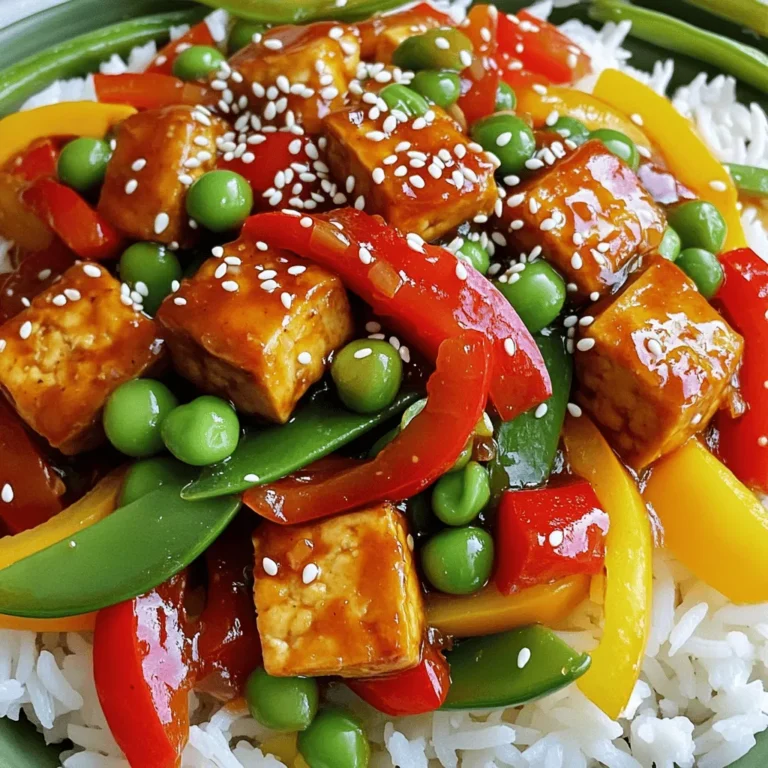 - Firm tofu - Fresh vegetables To start, you'll need firm tofu. This type holds its shape well during cooking. You also want fresh vegetables for color and crunch. I love using red and yellow bell peppers, along with bright snap peas. These add a nice contrast to the tofu. - Sweet chili sauce - Soy sauce and sesame oil The magic of this dish lies in the sauces. Sweet chili sauce brings a perfect blend of sweetness and heat. Add soy sauce for a savory kick and sesame oil for a nutty finish. Together, they create a delicious sauce that coats the tofu and veggies. - Sesame seeds - Fresh cilantro Garnishes make your dish pop! Sprinkle sesame seeds on top for a bit of crunch. Fresh cilantro adds a bright flavor that enhances the overall taste. These simple touches make your Sweet Chili Tofu Stir Fry not just tasty but beautiful too. For the full recipe, check out the detailed steps. To start, you need to drain and press the tofu. First, take the block of firm tofu and remove it from the package. Wrap it in a clean kitchen towel or paper towels. Place a heavy plate on top of it to press out the moisture. Let it sit for about 15 minutes. This step helps the tofu absorb flavors and get crispy. Next, cut the pressed tofu into bite-sized cubes. In a bowl, toss the tofu cubes with one tablespoon of cornstarch. Make sure each piece is evenly coated. The cornstarch helps create a crispy crust when cooking. Now it's time to cook the tofu. Heat two tablespoons of vegetable oil in a large skillet or wok over medium-high heat. When the oil is hot, add the tofu cubes in a single layer. Cook for about four to five minutes. Turn them occasionally until they turn golden brown and crispy on all sides. This is the key to getting that perfect texture. For extra crispiness, avoid overcrowding the skillet. If needed, cook the tofu in batches. Once done, remove the tofu from the skillet and set it aside. In the same skillet, add the sliced red and yellow bell peppers and the snap peas. Stir-fry them for about three to four minutes. You want them to be slightly tender while keeping their vibrant colors. Next, add minced garlic and grated ginger to the skillet. Stir-fry for one more minute until fragrant. This will add a lovely depth of flavor to your dish. Now, pour in the sweet chili sauce and soy sauce. Stir well to combine the sauces with the veggies. This is where the magic happens! Finally, return the crispy tofu to the skillet. Toss everything gently to coat the tofu and vegetables in the sauce. Drizzle with sesame oil for added richness. Your Sweet Chili Tofu Stir Fry is almost ready! Enjoy it over fluffy rice for a complete meal. For the full recipe, check out the details above. To get the best sweet and spicy mix, start with the right sauce. Sweet chili sauce brings a nice sweetness. You can taste it first to check if it’s too sweet for you. If it is, add more soy sauce. This adds a savory kick. You can also add a dash of hot sauce for extra heat. This gives you a more complex flavor. If you want to control spice, keep hot sauce on the side. Each person can add what they like for their own taste. Using a good skillet or wok matters a lot. A non-stick skillet works well for crisping tofu. It helps prevent sticking. A wok is great for stir-frying, too. It heats evenly and lets you cook fast. Make sure you have a spatula that can handle high heat. A wooden or silicone spatula is best. This will help you stir without scratching your pan. Serve your sweet chili tofu stir fry over rice. White rice or brown rice works great. The rice soaks up the sauce well. You can also use quinoa for a twist. Garnish with green onions and sesame seeds for a nice look. Add fresh cilantro if you want a pop of color and flavor. Pair this dish with a simple salad for a complete meal. You can also enjoy it with spring rolls for a fun combo. Check the Full Recipe for more ideas! {{image_2}} You can switch tofu for chicken or shrimp. This keeps the dish tasty but changes the feel. If you use chicken, cut it into small pieces. Cook it until golden before adding vegetables. For shrimp, just add it when the veggies are almost done. If you want a vegan option, try tempeh or seitan. Both add protein and flavor. Tempeh has a nutty taste, while seitan can mimic meat well. Just prepare them in the same way as tofu. Mix up your veggies based on the season. In spring, try asparagus or broccoli. In summer, add zucchini or corn. In fall, sweet potatoes or Brussels sprouts are great. These options keep your stir fry fresh and fun. Adding more greens can boost the health of your meal. Spinach or kale works well. Toss them in just before serving. This keeps them vibrant and adds a nice crunch. If you like spice, add chili flakes or sriracha to the sauce. This turns up the heat and adds depth. You can also mix in some lime juice for a zesty kick. For a low-sodium version, use low-sodium soy sauce or coconut aminos. This keeps the flavor but cuts back on salt. You can also use homemade sweet chili sauce. It’s easy and much healthier. For the complete recipe, check the Full Recipe section. To keep your Sweet Chili Tofu Stir Fry fresh, store it in an airtight container. Let it cool down first. I recommend using glass containers, as they keep the flavors better. You can store it in the fridge for up to three days. After that, the veggies may lose their crunch. When you want to enjoy your leftovers, reheat them carefully. Use a skillet over medium heat. This helps keep the tofu crispy. If you microwave, do it in short bursts. Stir in between to spread the heat. To avoid sogginess, add a splash of water to the pan. This will create steam and warm it evenly. You can freeze the cooked stir fry if you want to save some for later. Place it in a freezer-safe container. It will stay good for up to a month. When you're ready to eat, thaw it in the fridge overnight. For a quick method, use the microwave on low. This helps keep the texture nice. Yes, you can use different types of tofu. Firm tofu is great for stir-frying. It holds its shape well. Extra-firm tofu is even denser. It has a chewier texture and can be crispier. If you prefer a softer bite, use soft or silken tofu. However, these types may fall apart in the stir-fry. Firm and extra-firm are best for this recipe. To make this dish gluten-free, substitute soy sauce with tamari. Tamari is a gluten-free version of soy sauce. You can also use coconut aminos as an alternative. It offers a similar taste with less salt. Always check labels to ensure your ingredients are gluten-free. This stir-fry pairs well with many side dishes. You can serve it over fluffy white or brown rice. Quinoa or cauliflower rice works too. For a crunchy side, try cucumber salad or steamed broccoli. These sides balance the sweetness of the dish. To add heat, toss in red pepper flakes or sliced fresh chili peppers. Sriracha or chili paste can work too. Add these ingredients when stir-frying the vegetables. Start small, then taste and adjust the spice level to your liking. Enjoy the kick! In this blog post, we explored how to make a delicious Sweet Chili Tofu Stir Fry. We discussed the key ingredients like firm tofu and fresh vegetables. You learned step-by-step instructions, from preparing the tofu to mixing in your sauces. Plus, I shared tips for perfecting flavors and suggested easy variations. Tackle this recipe to enjoy tasty meals at home. With these tips and tricks, you'll impress everyone with your cooking skills. Enjoy the journey of creating a dish that combines flavor and health!