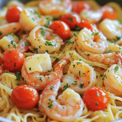 - 1 pound large shrimp - 4 tablespoons unsalted butter - 3 tablespoons olive oil - 4 cloves garlic, minced The main ingredients set the stage for great flavor. Large shrimp give a good bite and cook quickly. Butter and olive oil create a rich base. Garlic adds a savory kick that makes this dish shine. - 1/4 teaspoon red pepper flakes - Juice and zest of 1 lemon - 1 cup cherry tomatoes, halved Flavor enhancers are key to making this dish special. Red pepper flakes add a nice heat. Lemon juice and zest bring brightness that balances the richness. Cherry tomatoes add a sweet touch and freshness. - 8 ounces linguine or spaghetti - Optional ingredients: Salt, pepper, fresh parsley, grated Parmesan cheese I like linguine for its shape, but spaghetti works too. The pasta soaks up the sauce well. Salt and pepper elevate the flavors. Fresh parsley gives a pop of color and fresh taste. Grated Parmesan is a great optional touch for cheese lovers. For the full recipe, you will find everything you need to enjoy this delightful dish. - Start by boiling a large pot of salted water. - Add 8 ounces of linguine and cook until al dente. - Reserve 1 cup of pasta water, then drain the linguine and set it aside. - In a large skillet, melt 4 tablespoons of butter with 3 tablespoons of olive oil over medium heat. - Add 4 minced garlic cloves and 1/4 teaspoon of red pepper flakes. Cook until fragrant for about 1 minute. - Place the shrimp in the skillet in a single layer. Cook for 2-3 minutes until they turn pink, then flip them. Cook for another 1-2 minutes until fully cooked, seasoning with salt and pepper. - Stir in 1 cup of halved cherry tomatoes and the juice and zest of 1 lemon. Let the tomatoes soften for about 2 minutes. - Add the cooked linguine to the skillet. Toss the pasta with the shrimp mixture. Add reserved pasta water a little at a time to create a light sauce that coats the pasta and shrimp. Mix until everything is heated through. To check if shrimp are done, look for a pink color. They should curl into a C shape. If they stay straight, they are overcooked. This can make them tough. Cook shrimp for 2-3 minutes per side. Remove them once they turn pink. The sauce should be light and silky. To get this, add reserved pasta water slowly. This helps bind the sauce to the shrimp and pasta. If you want, you can use broth instead of pasta water. Broth adds depth and flavor. Fresh parsley adds a bright pop of color. Chop it finely and sprinkle on top. For an extra touch, use grated cheese. Parmesan melts nicely and enhances flavor. Just add it before serving for the best taste. For the full recipe, check out the [Full Recipe]. {{image_2}} You can switch the shrimp for other proteins. Scallops make a great choice. They add a sweet taste and cook fast. Chicken is another good option. Cut it into pieces and cook it until golden brown. You can even add cooked crab or lobster. These options bring a rich flavor to the dish. Not a fan of seafood? You can still enjoy this dish. Try using mushrooms or tofu instead. Both are great at soaking up flavor. For added crunch, consider veggies like bell peppers or zucchini. These will give your dish more color and texture. Want to boost the flavor? Add white wine to the sauce. It adds depth and a nice zing. Fresh herbs can also change the taste. Try basil or thyme for a fresh twist. Mix and match these ideas to create your own version of Easy Shrimp Scampi. You can find the full recipe to get started. To keep shrimp scampi fresh, store it in an airtight container. Make sure it cools down before sealing. It stays good in the fridge for 2 to 3 days. This way, you can enjoy it later without losing flavors. To reheat shrimp scampi, use the stove or microwave. On the stove, warm it over low heat. Stir occasionally to heat evenly. In the microwave, use a low power setting. Heat in short intervals, checking often. This prevents rubbery shrimp, which can ruin the dish. Yes, you can freeze shrimp scampi. However, it’s best to freeze it without pasta. For freezing, place the shrimp mixture in a freezer-safe bag. Remove as much air as possible. It keeps for up to 3 months. When ready to eat, thaw overnight in the fridge. Then, reheat and add fresh pasta. This method helps keep the texture nice. The total cooking time for shrimp scampi is about 25 minutes. You need 10 minutes for prep and 15 minutes for cooking. This quick meal is perfect for busy nights when you want something tasty without a long wait. Yes, you can use frozen shrimp for this recipe. Just make sure to thaw them properly. Place the frozen shrimp in cold water and let them sit for 15-20 minutes. Pat them dry before cooking. This way, your shrimp will cook evenly and taste great. Shrimp scampi pairs well with several side dishes. Here are some great options: - Garlic bread for soaking up the sauce - Steamed broccoli for a healthy crunch - Caesar salad for a light and fresh taste - Rice or quinoa to add some heartiness These sides will enhance your meal and make it more filling. You can mix and match based on your taste! For the full recipe, check out the section above. In this post, we explored how to make easy shrimp scampi with simple ingredients. You learned about the main components, cooking steps, and fun variations. Timing and proper techniques ensure the shrimp stay tender and flavorful. With tips for storage and reheating, you can enjoy leftovers without losing taste. I hope this guide helps you create a delicious dish that impresses friends and family alike. Enjoy your cooking adventure!