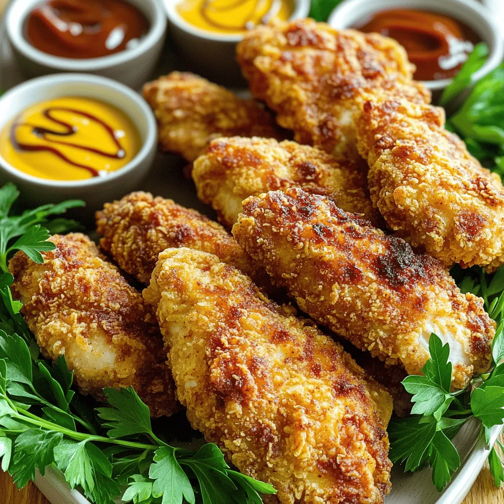 To make crispy air fryer chicken tenders, you'll need a few main items. Here’s what you’ll gather: - 1 pound boneless, skinless chicken breasts, cut into strips - 1 cup buttermilk (or milk with 1 tablespoon lemon juice) - 1 cup all-purpose flour - 1 cup breadcrumbs (preferably panko for extra crunch) Spices make these chicken tenders pop with flavor. Gather these seasonings: - 1 teaspoon garlic powder - 1 teaspoon onion powder - 1 teaspoon paprika - ½ teaspoon cayenne pepper (optional, for a spicy kick) - Salt and pepper to taste You can add your own twist! Here are some options: - Fresh herbs like parsley or thyme for added flavor - Parmesan cheese mixed into the breadcrumbs for extra taste - Different types of hot sauce for more heat These ingredients create a base for delicious chicken tenders. You can mix and match to find your favorite flavors. For the full recipe, check out the detailed instructions. Start by cutting your chicken breasts into strips. Aim for even pieces so they cook well. Next, soak these strips in buttermilk for at least 30 minutes. This step makes your chicken tender and juicy. If you have time, marinate the chicken overnight in the fridge. The longer it soaks, the better the flavor. Now, it's time to coat the chicken. In one shallow dish, mix flour, garlic powder, onion powder, paprika, cayenne pepper, salt, and pepper. Make sure to blend it well. In another dish, add your breadcrumbs. After soaking, take the chicken strips out of the buttermilk. Let the extra liquid drip off. First, dredge each strip in the flour mix, shaking off any excess. Then dip it into the breadcrumbs. Press lightly to ensure a good coating. This will help your chicken tenders turn out crispier. Preheat your air fryer to 400°F (200°C). This step is key for crispy chicken. Spray the air fryer basket with cooking spray to stop sticking. Place the coated chicken strips in a single layer. You may need to cook them in batches. Lightly spray the tops of the chicken with cooking spray to boost crispiness. Cook for 10-12 minutes. Flip the chicken halfway through. They should be golden brown and reach an internal temperature of 165°F (75°C). Once done, take them out and let them rest for a few minutes. This makes them even better to eat. Enjoy your crispy air fryer chicken tenders! For the detailed recipe, check the Full Recipe. To get that perfect crunch, use panko breadcrumbs. They are lighter and crispier than regular ones. Lightly spray the tops of the chicken tenders with cooking spray before cooking. This gives them that golden color and extra crunch. Make sure not to overcrowd the air fryer basket, as this helps hot air circulate better around each tender. One common mistake is not soaking the chicken long enough. Soaking in buttermilk for at least 30 minutes helps keep the meat juicy. Another mistake is skipping the seasoning. Always season your flour and breadcrumbs well. If you don't, the chicken may taste bland. Finally, avoid flipping the tenders too early. Let them cook until golden brown before flipping for the best results. Set your air fryer to 400°F (200°C) for the best crispiness. Cook the chicken tenders for 10-12 minutes. Flip them halfway through cooking to ensure even browning. Check that the internal temperature reaches 165°F (75°C) to make sure they are safe to eat. If you want extra crispy tenders, you can cook them for an additional 1-2 minutes. Just keep an eye on them to prevent burning. For the complete cooking guide, refer to the Full Recipe. {{image_2}} You can easily change the taste of your chicken tenders. Adding cheese or fresh herbs can really enhance the flavor. For a cheesy twist, mix grated Parmesan into your breadcrumb coating. This gives a rich, savory taste. If you prefer herbs, try mixing in dried oregano or thyme. These herbs add freshness and depth. Experiment with your favorite flavors! If you're gluten-free, don't worry! You can still enjoy crispy chicken tenders. Replace regular flour with almond flour or gluten-free flour. Use gluten-free breadcrumbs instead of panko. These swaps keep your tenders crunchy and delicious. Just make sure to check labels to avoid hidden gluten. Want a kick? Add heat to your chicken tenders! Mix cayenne pepper into your flour mixture for extra spice. You can also use hot sauce in the buttermilk. This will give each bite a zesty flair. Adjust the spice level to match your taste. Enjoy a fiery, mouthwatering experience! To store your leftover chicken tenders, let them cool down first. Place them in an airtight container. Keep the container in the fridge. Properly stored, they will last up to 3 days. Make sure to label your container with the date to track freshness. If you want to save chicken tenders for later, freezing is a great option. First, let them cool completely. Then, place them in a freezer-safe bag. Remove as much air as possible before sealing. They can last up to 3 months in the freezer. When ready to eat, thaw them in the fridge overnight. For the best results, reheat your chicken tenders in the air fryer. Preheat the air fryer to 375°F (190°C). Place the chicken tenders in a single layer. Heat them for about 5-7 minutes, flipping halfway. This method keeps them crispy and delicious. If using a microwave, it may make them soggy. Marinate chicken tenders for at least 30 minutes. If you want more flavor, try marinating overnight. The longer the chicken sits, the more tender and tasty it becomes. But don’t worry if you’re in a rush; even a short soak will help. Yes, you can use chicken thighs! They bring a juicier flavor to your tenders. Just make sure to cut the thighs into similar strips. Thighs will cook in about the same time as breasts, so you won’t need to change much in the recipe. There are many great dips for chicken tenders. Some favorites include: - Honey mustard - Barbecue sauce - Ranch dressing - Ketchup - Buffalo sauce Feel free to mix and match! Each dip adds a unique twist to the tenders. You can even make your own dips to match your taste. Enjoy exploring different flavors! For more details, check the Full Recipe. In this blog post, I covered how to make tasty air fryer chicken tenders. We explored key ingredients, cooking steps, and tips for the perfect crunch. Remember to customize flavors and avoid common cooking mistakes. Storing leftovers is simple, too. With these steps, you can enjoy juicy tenders every time. Try different spices and dips to find your favorite twists. With practice, you’ll impress family and friends with your skills. Get ready to enjoy delicious meals right from your air fryer!