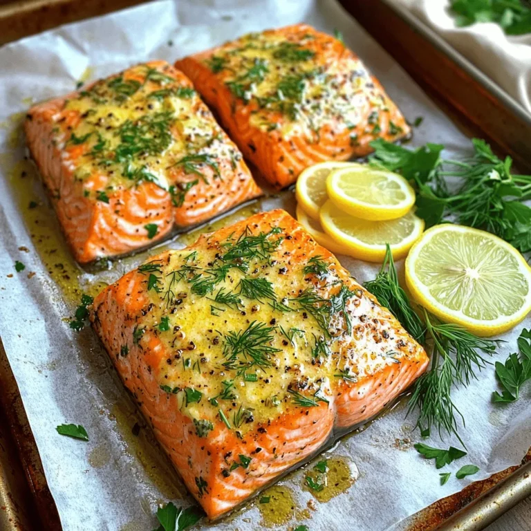 - 4 salmon fillets (6 oz each) - 4 tablespoons unsalted butter, softened - 4 cloves garlic, minced - 2 tablespoons fresh parsley, chopped - 1 tablespoon fresh dill, chopped - 1 tablespoon lemon juice - Salt and pepper to taste - Lemon slices for garnish - Additional fresh herbs for serving When I make Garlic Herb Butter Salmon, I love using fresh ingredients. The salmon fillets are the star here. They’re rich, flaky, and full of flavor. The butter adds creaminess, while garlic brings a punch. I always choose unsalted butter. This way, I can control the salt. Fresh garlic is a must. It gives a nice kick. I chop fresh parsley and dill for a bright touch. These herbs make the dish fresh and vibrant. Lemon juice adds a zesty twist. It enhances the flavors of the salmon and herbs. I also use salt and pepper to bring balance. These simple ingredients work together beautifully. For optional garnishes, I like to add lemon slices. They look pretty and add more flavor. Fresh herbs on top make the dish pop. This meal is not just tasty; it looks great too! You can find the full recipe for Garlic Herb Butter Salmon [Full Recipe]. - Preheat your oven to 400°F (200°C). - Line a baking sheet with parchment paper. Start by getting your oven nice and hot. This helps the salmon cook evenly. Next, grab a baking sheet and line it with parchment paper. This keeps the salmon from sticking and makes cleanup easy. - Combine butter, garlic, parsley, dill, lemon juice, salt, and pepper. Now, let’s make that tasty garlic herb butter. In a small bowl, mix together softened butter, minced garlic, chopped parsley, chopped dill, lemon juice, salt, and pepper. Stir it well until it’s all blended. This butter adds rich flavor to the salmon. - Arrange salmon on the baking sheet. - Spread garlic herb butter over the salmon. - Bake and check for doneness (145°F internal temperature). Place the salmon fillets skin-side down on the lined baking sheet. Then, use a spoon or spatula to spread the garlic herb butter over each fillet. Make sure to cover them well. Bake the salmon in your preheated oven for 12-15 minutes. You can check if it’s done by ensuring it reaches an internal temperature of 145°F. The salmon should flake easily when it’s fully cooked. Enjoy your meal! For the full recipe, don’t forget to check out the complete details. To cook salmon just right, pay attention to thickness. Thicker fillets take longer to cook. For fillets around 1 inch thick, bake for 12 to 15 minutes. Check for doneness by gently flaking the fish with a fork. When the salmon flakes easily and is opaque, it’s ready. The internal temperature should be 145°F (63°C). To enhance flavor, try using different herbs. Basil, thyme, or tarragon can add new tastes. Adding spices like paprika or cayenne gives it a kick. A squeeze of fresh lemon juice brightens the dish. You can also zest the lemon for more zest! For plating, use a large white plate to show off your salmon. Arrange the fillet at an angle for style. Add lemon slices beside the salmon and sprinkle fresh herbs on top. This makes the dish pop with color! A touch of olive oil can add shine for a beautiful finish. For the complete recipe, check the Full Recipe link. {{image_2}} You can make garlic herb butter salmon in many ways. Grilling is a fun option. It gives the salmon a smoky taste. To grill, preheat your grill to medium-high heat. Place the salmon skin-side down on the grill. Cook for about 5-7 minutes per side. You want that nice char and juicy inside. Another method is pan-searing. This method creates a crispy skin. Heat a skillet over medium heat with a bit of oil. Place the salmon skin-side down. Sear for 4-5 minutes, then flip it. Cook for another 4-5 minutes until the salmon is done. You can change the taste of your garlic herb butter salmon easily. Try using different herbs like thyme or tarragon. These herbs give a fresh twist. You can also add a pinch of red pepper flakes for some heat. This makes the dish more exciting. Flavored butter is another fun idea. You can find garlic herb butter with lemon or even truffle. These butters add unique flavors to the salmon. Just spread it on before cooking to enjoy a new taste. Now, let’s think about what to serve with your salmon. Fresh veggies like asparagus or green beans pair nicely. They add color and crunch. You can also serve it with rice or quinoa. These grains soak up the tasty butter sauce. For salads, consider a simple green salad with a light vinaigrette. The freshness of the salad balances the rich salmon. Another option is a citrus salad with oranges and avocados. This adds a bright flavor that complements the dish well. You can find the full recipe [here](#). To keep your garlic herb butter salmon fresh, store it in an airtight container. Place it in the fridge right after it cools. This helps prevent bacteria growth. Properly stored, your salmon lasts up to three days. Always check for any off smells or changes in texture before eating. When reheating salmon, keep it moist. The best way is to use the oven. Preheat your oven to 275°F (135°C). Place the salmon on a baking sheet and cover it with foil. Heat for about 10-15 minutes. You can also use the microwave, but it may dry out the fish. If you choose the microwave, use a lower power setting. Heat for short bursts, about 30 seconds at a time. This helps to keep it tender. You can freeze leftover salmon to enjoy later. First, let it cool completely. Wrap each piece tightly in plastic wrap. Then, place them in a freezer-safe bag. When you are ready to eat it, thaw the salmon in the fridge overnight. Avoid thawing it at room temperature to keep it safe. To maintain flavor and texture, reheat it gently after thawing, using methods mentioned above. This way, your salmon will still taste great! Cooking salmon at 400°F takes about 12 to 15 minutes. This time works best if your fillets are about 6 ounces each. The key is to check that the salmon flakes easily with a fork. This ensures it’s done but not overcooked. The internal temperature of salmon should be 145°F. Checking this temperature keeps your meal safe to eat. You can use a meat thermometer to get an accurate reading. This step is crucial for both taste and safety. Yes, you can use frozen salmon. Just make sure to thaw it first for even cooking. If you cook from frozen, add a few extra minutes to your cook time. This helps to ensure the salmon cooks fully and stays moist. Salmon is a great choice for protein. It is rich in omega-3 fatty acids, which are good for your heart. Salmon also contains vitamin D and B vitamins, which support your immune system. Eating salmon can help with brain health, too. You can make garlic herb butter in advance. Mix the butter, garlic, herbs, and lemon juice, then store it in the fridge. Keep it in an airtight container for up to a week. This way, you save time when making your garlic herb butter salmon. For the full recipe, check the earlier sections. In this post, we explored how to make garlic herb butter salmon. We covered essential ingredients, step-by-step instructions, and helpful tips. You can customize your dish with fresh herbs and different cooking methods. Remember, the key is to check the internal temperature for perfect results. Enjoy your delicious salmon, knowing you've made a healthy choice! Feel free to experiment with flavors and presentation to make this meal truly yours. Happy cooking!