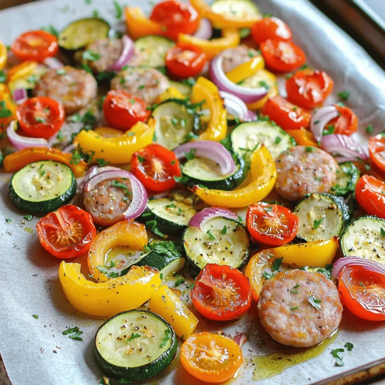 - 1 pound Italian chicken sausage, sliced - 2 bell peppers (one red, one yellow), sliced - 1 zucchini, sliced into half-moons - 1 red onion, cut into wedges - 1 cup cherry tomatoes, halved - 3 tablespoons olive oil - 1 teaspoon garlic powder - 1 teaspoon dried oregano - 1 teaspoon smoked paprika - Salt and pepper to taste - Fresh parsley, chopped for garnish When making a satisfying sheet pan sausage and veggies dinner, you need fresh ingredients. The main star is the Italian chicken sausage; its flavor brings everything together. You can use any type of sausage you like, but chicken keeps it light. Next, bell peppers add color and crunch. I prefer using red and yellow for a vibrant look. Zucchini is a great choice too. The half-moons cook nicely and soak up all the flavors. The red onion gives a sweet touch that balances the meal. Don’t forget those cherry tomatoes! They burst with juice and sweetness when roasted. For seasonings, olive oil is key. It helps the sausage and veggies brown well. Garlic powder adds depth, while oregano brings an earthy note. Smoked paprika gives a hint of warmth. Finally, salt and pepper enhance all the flavors. To finish, sprinkle fresh parsley on top. It adds a pop of green and freshness. This colorful dish is not only tasty but also easy to make. For the full recipe, check out the details above! - Preheat the oven to 400°F (200°C). - Line a large baking sheet with parchment paper. Preheating the oven is key to getting the right texture. The parchment paper helps with easy cleanup. It also stops the food from sticking. This step saves time later. - In a large bowl, mix sausage and vegetables. - Drizzle olive oil and seasonings, then toss to coat. I like to use a big bowl for this step. It gives me enough room to mix well. Start with the sausage, then add the sliced bell peppers, zucchini, red onion, and cherry tomatoes. Drizzle the olive oil over everything. Next, sprinkle the garlic powder, oregano, smoked paprika, salt, and pepper. Toss it all together until every piece is coated. This ensures even flavor in each bite. - Spread the mixture on the baking sheet. - Bake for 25-30 minutes, stirring halfway. Now, spread the sausage and veggies on the baking sheet. Make sure they are in a single layer. This helps them cook evenly. Bake in the oven for 25 to 30 minutes. Halfway through, stir the mixture. This step helps everything cook well. You want the sausage to be fully cooked and the veggies to be tender. If you want to see the full recipe, check the details above. To know when the sausage is fully cooked, check its color. It should be a nice golden brown. Use a meat thermometer; the sausage should reach 165°F (74°C). For vegetables, look for a deep, rich color. They should be tender with some crispy edges. This shows they are perfectly caramelized. Fresh herbs like basil or thyme can boost the taste. You can also use spices like red pepper flakes for heat. If you want more spice, add extra red pepper flakes or a pinch of cayenne. Always taste as you go to find your perfect mix. This dish pairs well with simple sides like rice or crusty bread. A green salad adds a fresh crunch. For dips, try a tangy yogurt sauce or a zesty vinaigrette. These add extra flavor and contrast to the meal. Enjoy exploring different options! {{image_2}} You can change the sausage type to fit your taste. Try pork sausage for a rich flavor. Turkey sausage offers a leaner option. If you prefer plant-based meals, use vegan sausage. Each type brings a unique taste that adds to the dish. Feel free to swap in your favorite vegetables. Seasonal veggies work great here. You might like broccoli, carrots, or asparagus. Each choice alters the dish's flavor and texture. Mix and match to find your ideal combo. Adding a splash of balsamic vinegar or lemon juice can brighten the dish. These acids enhance the flavors without overpowering them. Just a little can make a big difference. Experiment with different amounts to find your perfect balance. For the full recipe, check out the details above. Store the leftovers in an airtight container. This keeps the meal fresh. The dish lasts about three to four days in the fridge. It tastes great when you reheat it. Just pop it in the microwave or oven. To freeze this dish, let it cool completely. Then, place it in a freezer-safe bag. Make sure to remove as much air as possible. Label the bag with the date. To reheat, thaw it overnight in the fridge. Heat it in the oven at 350°F (175°C) for about 20-25 minutes. This way, you keep the texture and flavor. For meal prep, make a larger batch. You can store portions in separate containers. This makes it easy to grab a quick meal. When reheating, add a splash of water to keep it moist. Enjoy your tasty, healthy meal anytime! For the full recipe, check out the details above. You can use an air fryer or stovetop to make this dish. For the air fryer, preheat it to 400°F (200°C). Place the sausage and veggies in the basket in a single layer. Cook for about 20 minutes, shaking halfway through. On the stovetop, heat a large skillet over medium heat. Add the sausage first, cooking until browned. Then add the veggies and cook until tender. Yes, you can use frozen vegetables. Just remember to adjust your cooking time. Frozen veggies may need an extra 5 to 10 minutes. Keep an eye on the dish. You want the vegetables to be tender but not mushy. You can enhance the flavor with more spices or herbs. Try adding thyme, rosemary, or even some red pepper flakes for heat. Lemon zest can brighten the dish. Mix and match to find your favorite combination. To check if the sausage is done, use a meat thermometer. The internal temperature should reach 165°F (74°C). You can also cut a piece open. The meat should be no longer pink, and the juices should run clear. We explored how to make a delicious sheet pan sausage and veggies dish. You learned about the fresh ingredients, simple steps for prep and cooking, and storage tips to keep your meal fresh. Remember, you can swap proteins and veggies to suit your taste. This meal is versatile and easy to make. Follow the steps, get creative, and enjoy a tasty, healthy dish that you can share with family and friends. With these tips, you'll have a fun, stress-free cooking experience!