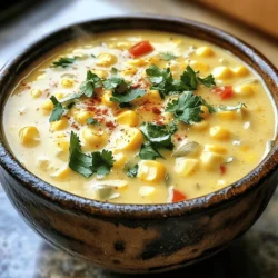 - 4 cups fresh corn kernels (or 2 cans of sweet corn, drained) - 1 medium onion, diced - 2 cloves garlic, minced - 2 medium potatoes, peeled and diced - 1 red bell pepper, diced - 1 jalapeño, seeded and minced - 4 cups vegetable broth - 1 cup heavy cream (or coconut cream for a dairy-free option) - 2 tablespoons olive oil - 1 teaspoon smoked paprika - Salt and pepper to taste - Fresh cilantro or parsley for garnish To make a tasty corn chowder, you need good ingredients. Fresh corn gives a sweet flavor. You can use canned corn if fresh is out of season. Just drain it before use. The onion and garlic add depth to the chowder. Diced potatoes make it hearty. Red bell pepper brings color and sweetness, while jalapeño adds a gentle heat. For the liquid base, vegetable broth keeps it light. Heavy cream makes the chowder rich, but coconut cream is a nice dairy-free choice. Smoked paprika gives a warm, smoky note. Season with salt and pepper to taste. For a pretty finish, garnish with fresh cilantro or parsley. - For a dairy-free option, you can use coconut cream instead of heavy cream. - If you prefer fresh corn, it’s best to use sweet summer corn. Canned corn is a quick alternative. - If you don't have vegetable broth, you can use chicken broth or water with a bit of seasoning. Feel free to mix and match these ingredients to suit your taste. You can find the full recipe and more tips [here](#). 1. Sautéing onions and garlic Start by heating olive oil in a large pot over medium heat. Add the diced onion. Cook it for about five minutes. You want it to turn translucent. Next, add minced garlic. Sauté for about two minutes. This will make your kitchen smell amazing. 2. Cooking the peppers and jalapeño Now, stir in the diced red bell pepper and minced jalapeño. Cook this mix for another two minutes. The peppers add a nice crunch and flavor that you will love. 3. Adding potatoes and broth Once the peppers are soft, add the diced potatoes and smoked paprika. Stir everything well to coat the vegetables. Pour in the vegetable broth. Bring this mixture to a boil. Reduce the heat and let it simmer for 15 to 20 minutes. You want the potatoes to be tender. 1. Simmering for flavor After the potatoes are tender, it’s time to add the corn kernels. Let everything simmer for another five minutes. This helps all the flavors blend together nicely. 2. Blending for texture Use an immersion blender to blend part of the chowder. You can also transfer half to a blender and puree it. Then, return it to the pot. This gives the soup a creamy texture while keeping some chunks for that hearty feel. 3. Incorporating cream and seasoning Stir in the heavy cream. You can also use coconut cream if you want a dairy-free option. Season with salt and pepper to taste. Heat through, but do not let it boil again. This step is key for that rich, creamy taste. 1. Serving suggestions Serve the chowder hot. It pairs well with crusty bread or a fresh salad. You can even make it a full meal. 2. Garnishing tips For a beautiful finish, garnish your chowder with fresh cilantro or parsley. This adds color and a hint of freshness. Enjoy your creamy corn chowder as a warm, comforting dish. To get the right texture in your Creamy Corn Chowder, remember these key points: - Use fresh corn for the best flavor. - Cook the potatoes until just tender. This keeps them from turning mushy. - Blend only a portion of the chowder. This gives you a mix of creamy and chunky bits. To prevent overcooking your potatoes, follow these steps: - Cut them into small, even pieces. This helps them cook evenly. - Add the potatoes to the pot after the other veggies. They need less time. - Check them often. They should be tender but not falling apart. For added flavor, consider these herbs and spices: - Fresh thyme gives a nice earthiness. - A pinch of cayenne adds heat without overpowering. - Fresh lime juice brightens the dish. You can boost protein by adding these options: - Canned beans work well for a hearty touch. - Grilled chicken adds a nice savory flavor. - Crumbled bacon gives a smoky crunch. Plating your chowder can make it more inviting: - Use a shallow bowl for a modern look. - Swirl a bit of cream on top for a nice design. - Sprinkle fresh herbs for a pop of color. Pair your chowder with these accompaniments: - Crusty bread is perfect for dipping. - A light salad balances the meal. - Cornbread adds a sweet touch that complements the chowder. For the complete recipe, check the Full Recipe section. {{image_2}} To make this chowder dairy-free, I suggest using coconut cream instead of heavy cream. Coconut cream adds a rich texture without any dairy. You can find it in cans at your grocery store. For a gluten-free version, check your vegetable broth and other ingredients. Many broths contain gluten. Look for labels that say "gluten-free." This ensures that your chowder remains hearty and tasty for everyone. Do you love heat? You can easily spice up your chowder! Add more jalapeños, or even try serrano peppers for extra kick. If you prefer it mild, skip the jalapeño or remove the seeds to lessen the heat. You can also explore different spices. Try adding cumin or chili powder for a new flavor twist. Each spice brings a unique taste that can change the chowder's vibe completely. Using seasonal corn makes this chowder even better. Fresh corn adds a natural sweetness. Summer is the best time for sweet corn. However, you can use frozen corn in winter. It still tastes great and is easy to find. In colder months, try adding root vegetables like carrots or squash. These veggies give a cozy feel to the chowder. They mix well with the corn and add more flavor. This chowder is flexible to your taste and the season. By mixing and matching, you can create your perfect bowl of Creamy Corn Chowder. For the full recipe, check out the details above. To store your creamy corn chowder, let it cool first. This keeps the texture just right. Transfer it to an airtight container. It will stay fresh for about 3 to 4 days in the fridge. Be sure to label the container with the date. This way, you won’t forget when you made it. If you want to freeze the chowder, use freezer-safe containers. Make sure to leave some space at the top. This allows for expansion as it freezes. Your chowder can last about 2 to 3 months in the freezer. To thaw, place it in the fridge overnight. This keeps it safe and tasty. You can reheat chowder on the stovetop or in the microwave. For the stovetop, warm it over low heat. Stir often to keep it from sticking. In the microwave, use a microwave-safe bowl. Heat in short bursts, stirring in between. This helps maintain the creamy texture. Add a splash of broth or cream if it looks too thick. Enjoy your delicious chowder again! Can I use frozen corn instead of fresh? Yes, you can use frozen corn. It saves time and is still sweet. Just add it directly to the pot. There’s no need to thaw it first. How to thin out the chowder if it’s too thick? If your chowder is too thick, add vegetable broth. Stir in small amounts until it reaches the right consistency. You can also add a bit of water for a lighter texture. What are some good toppings for corn chowder? Toppings can make your chowder special. Try crispy bacon bits, sour cream, or avocado. Fresh herbs like cilantro or parsley add color and flavor too. Is this recipe suitable for meal prep? Yes, this chowder is great for meal prep. It stores well in the fridge for 3-4 days. Just reheat it gently when you’re ready to eat. Can I add meat to this chowder? Absolutely! Cooked chicken or bacon works well in this chowder. You can add it during the last few minutes of cooking for extra flavor. What kitchen tools are recommended for making this chowder? You’ll need a large pot for cooking. An immersion blender helps blend the chowder smoothly. If you don’t have one, a regular blender works too. How do I adjust cooking times for larger batches? When making larger batches, keep an eye on the cooking times. You may need to simmer a bit longer to ensure all ingredients cook evenly. Adjust as needed for thicker mixtures. We explored a tasty corn chowder recipe, from ingredients to cooking tips. You learned ingredient swaps and variations to fit your needs. Storing and reheating instructions help ensure leftovers stay fresh. This chowder is easy to customize, making it perfect for everyone. With a little creativity, you can enjoy it your way. Dive into your kitchen and try this simple recipe today! Enjoy the great flavors and comforting warmth.
