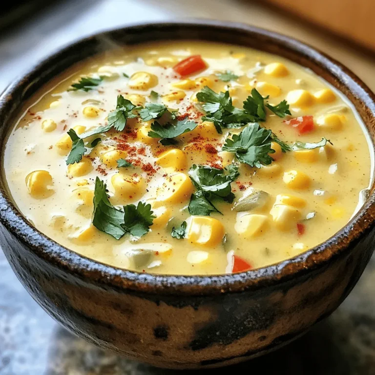 - 4 cups fresh corn kernels (or 2 cans of sweet corn, drained) - 1 medium onion, diced - 2 cloves garlic, minced - 2 medium potatoes, peeled and diced - 1 red bell pepper, diced - 1 jalapeño, seeded and minced - 4 cups vegetable broth - 1 cup heavy cream (or coconut cream for a dairy-free option) - 2 tablespoons olive oil - 1 teaspoon smoked paprika - Salt and pepper to taste - Fresh cilantro or parsley for garnish To make a tasty corn chowder, you need good ingredients. Fresh corn gives a sweet flavor. You can use canned corn if fresh is out of season. Just drain it before use. The onion and garlic add depth to the chowder. Diced potatoes make it hearty. Red bell pepper brings color and sweetness, while jalapeño adds a gentle heat. For the liquid base, vegetable broth keeps it light. Heavy cream makes the chowder rich, but coconut cream is a nice dairy-free choice. Smoked paprika gives a warm, smoky note. Season with salt and pepper to taste. For a pretty finish, garnish with fresh cilantro or parsley. - For a dairy-free option, you can use coconut cream instead of heavy cream. - If you prefer fresh corn, it’s best to use sweet summer corn. Canned corn is a quick alternative. - If you don't have vegetable broth, you can use chicken broth or water with a bit of seasoning. Feel free to mix and match these ingredients to suit your taste. You can find the full recipe and more tips [here](#). 1. Sautéing onions and garlic Start by heating olive oil in a large pot over medium heat. Add the diced onion. Cook it for about five minutes. You want it to turn translucent. Next, add minced garlic. Sauté for about two minutes. This will make your kitchen smell amazing. 2. Cooking the peppers and jalapeño Now, stir in the diced red bell pepper and minced jalapeño. Cook this mix for another two minutes. The peppers add a nice crunch and flavor that you will love. 3. Adding potatoes and broth Once the peppers are soft, add the diced potatoes and smoked paprika. Stir everything well to coat the vegetables. Pour in the vegetable broth. Bring this mixture to a boil. Reduce the heat and let it simmer for 15 to 20 minutes. You want the potatoes to be tender. 1. Simmering for flavor After the potatoes are tender, it’s time to add the corn kernels. Let everything simmer for another five minutes. This helps all the flavors blend together nicely. 2. Blending for texture Use an immersion blender to blend part of the chowder. You can also transfer half to a blender and puree it. Then, return it to the pot. This gives the soup a creamy texture while keeping some chunks for that hearty feel. 3. Incorporating cream and seasoning Stir in the heavy cream. You can also use coconut cream if you want a dairy-free option. Season with salt and pepper to taste. Heat through, but do not let it boil again. This step is key for that rich, creamy taste. 1. Serving suggestions Serve the chowder hot. It pairs well with crusty bread or a fresh salad. You can even make it a full meal. 2. Garnishing tips For a beautiful finish, garnish your chowder with fresh cilantro or parsley. This adds color and a hint of freshness. Enjoy your creamy corn chowder as a warm, comforting dish. To get the right texture in your Creamy Corn Chowder, remember these key points: - Use fresh corn for the best flavor. - Cook the potatoes until just tender. This keeps them from turning mushy. - Blend only a portion of the chowder. This gives you a mix of creamy and chunky bits. To prevent overcooking your potatoes, follow these steps: - Cut them into small, even pieces. This helps them cook evenly. - Add the potatoes to the pot after the other veggies. They need less time. - Check them often. They should be tender but not falling apart. For added flavor, consider these herbs and spices: - Fresh thyme gives a nice earthiness. - A pinch of cayenne adds heat without overpowering. - Fresh lime juice brightens the dish. You can boost protein by adding these options: - Canned beans work well for a hearty touch. - Grilled chicken adds a nice savory flavor. - Crumbled bacon gives a smoky crunch. Plating your chowder can make it more inviting: - Use a shallow bowl for a modern look. - Swirl a bit of cream on top for a nice design. - Sprinkle fresh herbs for a pop of color. Pair your chowder with these accompaniments: - Crusty bread is perfect for dipping. - A light salad balances the meal. - Cornbread adds a sweet touch that complements the chowder. For the complete recipe, check the Full Recipe section. {{image_2}} To make this chowder dairy-free, I suggest using coconut cream instead of heavy cream. Coconut cream adds a rich texture without any dairy. You can find it in cans at your grocery store. For a gluten-free version, check your vegetable broth and other ingredients. Many broths contain gluten. Look for labels that say "gluten-free." This ensures that your chowder remains hearty and tasty for everyone. Do you love heat? You can easily spice up your chowder! Add more jalapeños, or even try serrano peppers for extra kick. If you prefer it mild, skip the jalapeño or remove the seeds to lessen the heat. You can also explore different spices. Try adding cumin or chili powder for a new flavor twist. Each spice brings a unique taste that can change the chowder's vibe completely. Using seasonal corn makes this chowder even better. Fresh corn adds a natural sweetness. Summer is the best time for sweet corn. However, you can use frozen corn in winter. It still tastes great and is easy to find. In colder months, try adding root vegetables like carrots or squash. These veggies give a cozy feel to the chowder. They mix well with the corn and add more flavor. This chowder is flexible to your taste and the season. By mixing and matching, you can create your perfect bowl of Creamy Corn Chowder. For the full recipe, check out the details above. To store your creamy corn chowder, let it cool first. This keeps the texture just right. Transfer it to an airtight container. It will stay fresh for about 3 to 4 days in the fridge. Be sure to label the container with the date. This way, you won’t forget when you made it. If you want to freeze the chowder, use freezer-safe containers. Make sure to leave some space at the top. This allows for expansion as it freezes. Your chowder can last about 2 to 3 months in the freezer. To thaw, place it in the fridge overnight. This keeps it safe and tasty. You can reheat chowder on the stovetop or in the microwave. For the stovetop, warm it over low heat. Stir often to keep it from sticking. In the microwave, use a microwave-safe bowl. Heat in short bursts, stirring in between. This helps maintain the creamy texture. Add a splash of broth or cream if it looks too thick. Enjoy your delicious chowder again! Can I use frozen corn instead of fresh? Yes, you can use frozen corn. It saves time and is still sweet. Just add it directly to the pot. There’s no need to thaw it first. How to thin out the chowder if it’s too thick? If your chowder is too thick, add vegetable broth. Stir in small amounts until it reaches the right consistency. You can also add a bit of water for a lighter texture. What are some good toppings for corn chowder? Toppings can make your chowder special. Try crispy bacon bits, sour cream, or avocado. Fresh herbs like cilantro or parsley add color and flavor too. Is this recipe suitable for meal prep? Yes, this chowder is great for meal prep. It stores well in the fridge for 3-4 days. Just reheat it gently when you’re ready to eat. Can I add meat to this chowder? Absolutely! Cooked chicken or bacon works well in this chowder. You can add it during the last few minutes of cooking for extra flavor. What kitchen tools are recommended for making this chowder? You’ll need a large pot for cooking. An immersion blender helps blend the chowder smoothly. If you don’t have one, a regular blender works too. How do I adjust cooking times for larger batches? When making larger batches, keep an eye on the cooking times. You may need to simmer a bit longer to ensure all ingredients cook evenly. Adjust as needed for thicker mixtures. We explored a tasty corn chowder recipe, from ingredients to cooking tips. You learned ingredient swaps and variations to fit your needs. Storing and reheating instructions help ensure leftovers stay fresh. This chowder is easy to customize, making it perfect for everyone. With a little creativity, you can enjoy it your way. Dive into your kitchen and try this simple recipe today! Enjoy the great flavors and comforting warmth.